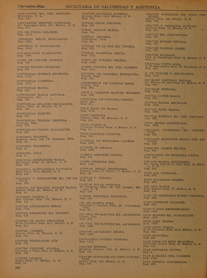   | CERVANTES MA. DEL REFUGIO. . Monterrey, N. A Reg. 820. CERVANTES MENDEZ CONSUELO. - Dr: Barragán Núm. 257, México, D. E. ” eS E CID DE TREJO DOLORES. EA Reg. 1276. po ; CISNEROS MEJIA MARGARITA, Reg. 1251,     CISNEROS R. GUADALUPE, Reg. 1012. COVARRUBIAS GUADALUPE. Reg. 1088. COIMI DE GALVEZ AURORA. Reg. 759. CONDES MORENO SOLEDAD. Reg. 996. CONTRERAS GUZMAN ANGELINA, Reg. 1218. CONTRERAS JOSEFINA. él Reg. 1601. CONTRERAS MARIA. Reg. 592. CONTRERAS MARIA e «uanajuato, Gto. Reg. 750; ? CONTRERAS MILANES MARGARITA. Ae Tláloc Núm. 46, México, D. YF. E Reg. 460. CONTRERAS RAQUEL. Reg. 510. yA CONTRERAS TORRES DELFINA. no Pachuca, Hgo. E  Reg. 872. CONTRERAS URESTI GUADALUPE. RUY Reg. 543. CORDERO BEATRIZ. o Irigoyen Núm. 409, Cd. Camargo, Chih. Reg. 26. CORDERO FILOMENA. Reg. 27. CORDOBA AIDA, Reg. 27. 5 CORDOBA HERNANDEZ MARIA. 50 Santísima Núm. 21, México, D. F. A Reg. 681. CORDOVA O LUCRECIA. Mina Núm. 49-4, México, D. F. Reg. 222. CORNEJO Y HERNANDEZ MA. DE LA CRUZ. Reg. 298. , $ CORONA DE MADRID AVALOS MARIA. , Madrid Núm. 25, México, D. F..- de Reg. 43. CORONEL GLORIA J. Mar Tirreno Núm. 170, México, D. F. Reg. 134. z “CORTES ASTILLEROS BELIA. Reg. 1788. CORTES BELENDEZ MA. ESTHER. Reg. 532.   o A e ur TN e Di nt. CORTES DE BRITO FELICITAS. 22 de Colombia Núm, 54-2, México, D, E Reg. 381. CORTES CARMEN. Verona Núm. 59, Tacuba, D. E / Reg. 142.    4] CORTES HERNANDEZ LUZ. Reg. 767. O CORTES JIMENEZ ANGELA. , Carmona y Valle Núm. 54, México, 2% F, Reg. 472. CORTES LEONOR. AA ai 77, México, D. E. /ReB. 202  CORTES STAYOLLO AURELIA. Allende Núm, 14- dE Pa DFN: Reg. 297. CORZAS SILVA DELFINA. Reg. 633. CORZO RINCON ELENA. Reg. 755. CORRAL ANTONIA. Chihuahua, Chih. Reg. 28. CORRAL DE LA HOZ MA, TERESA, Reg. 670. = CORRAL PALENCIA ALICIA. Reg. 1711, ( COSIO DE TORRES TERESA. Reg: 1705. COSSIO CORONA. MA. DEL CARMEN. Reg. 1315 COUTIÑO DE TORNELL ENRIQUETA. Tonalá, Chis. Reg. 689. ñ CREENSHAW DE DAWSON ESSIE, Puebla, Pue. Reg. 976. : CRUZ Y CAZARES. MANUEL MELESIO. Reg. 982. CRUZ VDA. DE CORONEL JOSEFA. León, Gto. ts rd, / E CRUZ FLOR DE MARIA Reg. 1782. CRUZ JOSEFINA | Tiziano Núm. 68, Mixcoac, D. F. Reg. 295. CRUZ JULITA E; ! 14 Leona Vicario OS y E Pone D. F. Reg MÍ É CRUZ SANCHEZ VICENTE, Reg. 712. CUAGLIA DE BERRONES. CARMEN. Reg. t4035 CUAZITL M. AMALIA. Reg. 1302. CUESTA SANCHEZ CELINA. Reg. mii. CUETO FERMINA DEL. Reg. 1191. CUEVAS BELLO ESPERANZA. _ Topacio Núm, 17, Depto. SS OS Di Bs Reg. 2 CUEVAS P. TERESA. Reg. 886. CUEVAS RIVAS VICTORIA. 52, Progreso Núm. X1GO0 DB Reg. 436. z td CURIEL HERRERA A Reg. 806. CH. DEFACOSTA BOSA: 7 Libertad y Catorce Núm. 26, Chihuahua, Chih. Reg. 59 CH. VDA. DE SANCHEZ MA. ASCENSION. Celaya, Gto. Reg. 692. Gil: VDA. DE SANCHEZ MA. ASCENSION. Reg. 1282. ss , CHACON ALVARADO e Reg. 1242, CHAVARRIA OVIEDO DIONISIA. Reg. 1112. CHAVEZ ESTHER. Hospital General, Pab. 21, México, DIES TO A £ € Sabino Núm. 153, México, D. F. Reg. 474.           Naranjo Núr mes 251. Ed                   iker 976, 0d CHAVEZ SO Él Calz. de Guada lup Reg. 8. ? CHAVIRA 13 de A Reg:                “Da DE TORR: -Reg. E No                  y DAV ILA OP: REE OZ 0.-                                               Reg. 1493. DAVILA ROSA No Res. 1607, A  leg. 967, DAZA MARIA : Reg. 1398. SE   DELGADO FUGIO. Reg. 530. DESACHY Reg. 583. DESCHAMPS Pa “Reg, DAD DEVARS “MA Sor Juana Iné, co, D. qe AS Reg. 105. 0% DY DIAZ ADS (6  DIAZ ALVARAD( E 940. - De DIAZ DE CA TR Reg. 539. DIAZ CISNEROS Reg. 602. Reg. 1150. ear 1459. DIAZ LUGO ELEN 22 de Colombia ] Nt n Reg. 383. É DIAZ MANUEL 4 Reg. 223. DE eS MARIA D 