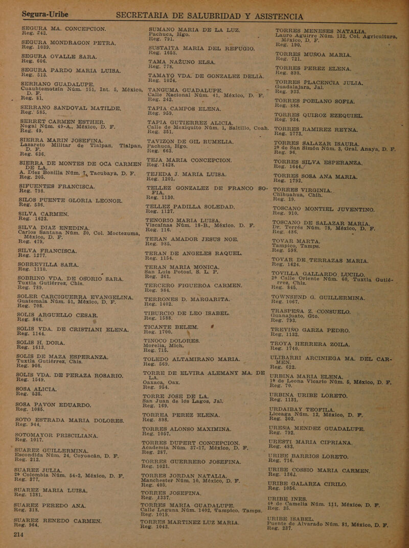  SEGURA MA. CONCEPCION. Reg. 743. SEGURA MONDRAGON PETRA. Reg. 1039. SEGURA OVALLE SARA. Reg. 606. o PARDO MARIA LUISA. Reg. 513. SERRANO GUADALUPE. A Núm. 151, Int. De México, Reg. 81. Reg. SERRET CARMEN ESTHER. E Núm. 49- -A., México, D. F. es. 49. SIERRA MARIN JOSEFINA. ES Militar de Tlalpan, Reg. 636. AO O DE MONTES DE OCA CARMEN A. Díez Bonilla Núm. 7, Tacubaya, D. F. 05. Tlalpan, Reg. 2 SIFUENTES FRANCISCA. Reg. 798. SILOS PUENTE GLORIA LEONOR. Reg. 536. SILVA CARMEN. Reg. 1623. SILVA DIAZ ENEDINA.: Carlos Santana Núm. 30, Col. Moctezuma, México, D. F. Reg. 479. SILVA FRANCISCA. Reg. 1277. A SARA. Reg. 111 SOBRINO VDA. DE OSORIO. SARA. Tuxtla Gutiérrez, Chis. Reg. 789. SOLER CARCIGUERRA EVANGELINA. Guatemala Núm. 51, México, D, F Reg. 708. SOLIS O CESAR. Reg. 84 $ SOLIS VDA. DE CRISTIANI ELENA. Reg. 1144. SOLIS H. DORA. Reg. 1613. SOLIS DE MAZA ESPERANZA. Tuxtla Gutiérrez, Chis. Reg. 908. SOLIS VDA. DE PERAZA ROSARIO. Reg. 1549, SOSA ALICIA. Reg. 525. SOSA rl EDUARDO. Reg. OL ESTRADA MARIA DOLORES. eg * a o PRISCILIANA. Reg. 1017 Escondida Núm. 24, Coyoacán, D. F. Reg. 212. SUAREZ JULIA. 2% Colombia Núm. 54-2, México, a En de Reg. 377. SUAREZ MARIA LUISA, Reg. 1381. A e PEREDO ANA. Reg. 318 SUAREZ RENEDO CARMEN, Reg. 964. 214 Pachuca, Hgo. Fez. e SUSTAITA MARIA DEL REFUGIO. “Reg. 1658. TAMA NAZUNO ELSA. Reg. 778. TAMAYO VDA. DE GONZALEZ DELIA, Reg. 1024. Calle Nacional Núm. 41, “México, D. Dl Reg. 242. pe a CAMPOS ELENA. Reg. 959. TAPIA GUTIERREZ ALICIA. Calle de Mexiquito Núm. 1, Saltillo, Coah, Reg. 351. TAVIZON DE GIL RUMELIA, Pachuca, Hgo. y Reg. 663. TEJA reia CONCEPCION. Reg. 1428 TEJEDA J. MARIA LUISA. Reg. 1201. Reg. 1130. TELLEZ PADILLA SOLEDAD. Reg. 1127. TENORIO MARIA LUISA. Vizcaínas Núm. 18-B., México. D. F. Reg TIA TERAN AMADOR JESUS NOE. Reg. 985. TERAN DE ANGELES RAQUEL. Reg. 1154. a TERAN MARIA MONICA. San Luis Potosí, S. L. P. Reg. 361. TERCERO FIGUEROA CARMEN. Reg. 984. TERRONES D. MARGARITA. - Reg. 1402. TIBURCIO DE LEO ISABEL. Reg. 1588. TICANTE BELEM. Reg. 1700. TINOCO DOLORES. Morelia, Mich. ' Reg. 715, 4 TOLEDO ALTAMIRANO MARIA. Reg. 569. E DE ELVIRA ALEMANY MA. DE Areas Des Reg. TORRE JOSE DE LA. San Juan de los Lagos, Jal. Reg. 169. TORREA PEREZ ELENA. - Reg. 898, TORRES ALONSO MAXIMINA. Reg. 1057. TORRES DUPERT CONCEPCION. Academia Núm. 37-17, México, D. F, Reg. 287. TORRES GUERRERO JOSEFINA. Reg. 1021. TORRES JORDAN NATALIA. od a Núm. 10, México, D. F. Reg. 405. 2 TORRES JOSEFINA. » Reg. 1337. TORRES MARIA GUADALUPE. Calle Laguna Núm. 1402, Tampico, Tamps. Reg. 1019. TORRES NA LUZ MARIA. Reg. 1043. aus ss E                              TORRES MENDSES Lauro Aguirre ra PS MLERiCO: En Reg. 190. TORRES MUÑOA MARIA Reg. 721. TORRES PEREZ ELENA. - Reg. 898. AA TORRES! PLACINOIA. JULIA, a reed Jal. &gt; e TORRES POBLANO SOFIA. Reg. -888. a QUIROZ EZEQUIE e TORRES RAMIREZ REYNA. | Reg. 1773. TORRES SALAZAR ISAURA. = de aa EiIóN q 3 ERE ; Se 6. TS TORRES SILVA ESPERANZA, Reg. 1644. TORRES. sun ANA MARU Reg. 1792 SE TORRES VIRGINIA, - Chihuahua, Chih. _Reg. 19. Dr. Terrés Núm. 78, México, D. Reg :d8 6.10 TOVAR MARTA. Tampico, Tamps. Reg. 598. Ea E TOVAR pm. TERRAZAS MARIA Reg. 1624. +4 En TOVILLA GATLARDO: -LUCILO. É 2% Calle Oriente Núm. 60 rrez, Chis. y E Reg. 845. : ls TOWNSEND G. GUILLERMI Reg. 1067. AA TRASPEÑA Z. AA NE Guanajuato, Gto. Es pd ODIO TREVINO GARZA PEDRO. Reg. 1132. AA TROYA HERRERA o? Reg. 1740. her. 3, URBINA MARIA ELENA. ae qe de Leona Vicario pio 5, México eg. p h e EA dic LORETO. Reg. : URDAIBAY TEOFILA. «Liceaga Núm. 12, e ND, Reg, 302. 13 0 r URENA MENDEZ GUADALI Pp Res. 792, Reg. 71 URIBE GALARZA a Reg. 1056. URIBE INES. , 4% de Camelia Núm. a Méx Reg. 30. E URIBE ISABEL. Puente de Alvarado Núm, SR Reg. pór z A