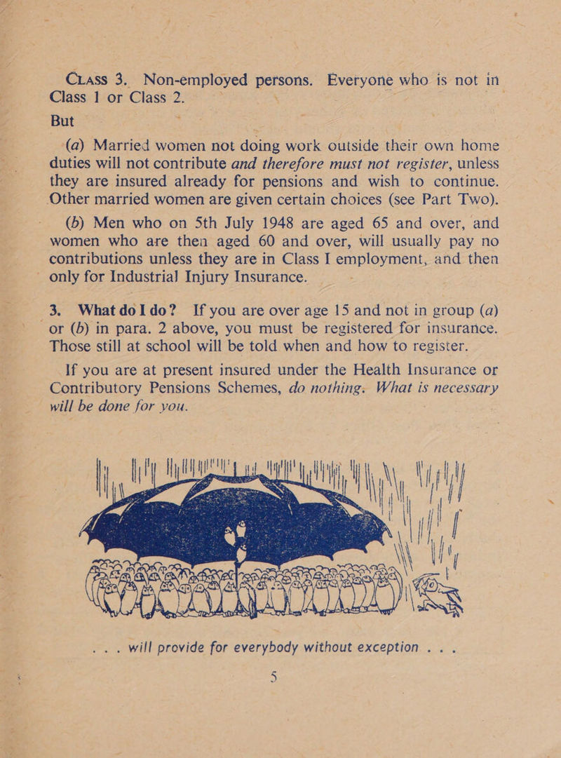 Class 1 or Class 2. 3 ay eos But i Se ne” | (@) Married women not doing work outside their own home duties will not contribute and therefore must not register, unless they are insured already for pensions and wish to continue. - (b) Men who on Sth July 1948 are aged 65 and over, and women who are then aged 60 and over, will usually pay no contributions unless they are in Class I employment, and then 3. Whatdoldo? If you are over age 15 and not in group (a) Those still at school will be told when and how to register. If you are at present insured under the Health Insurance or Contributory Pensions Schemes, do nothing. What is necessary  =