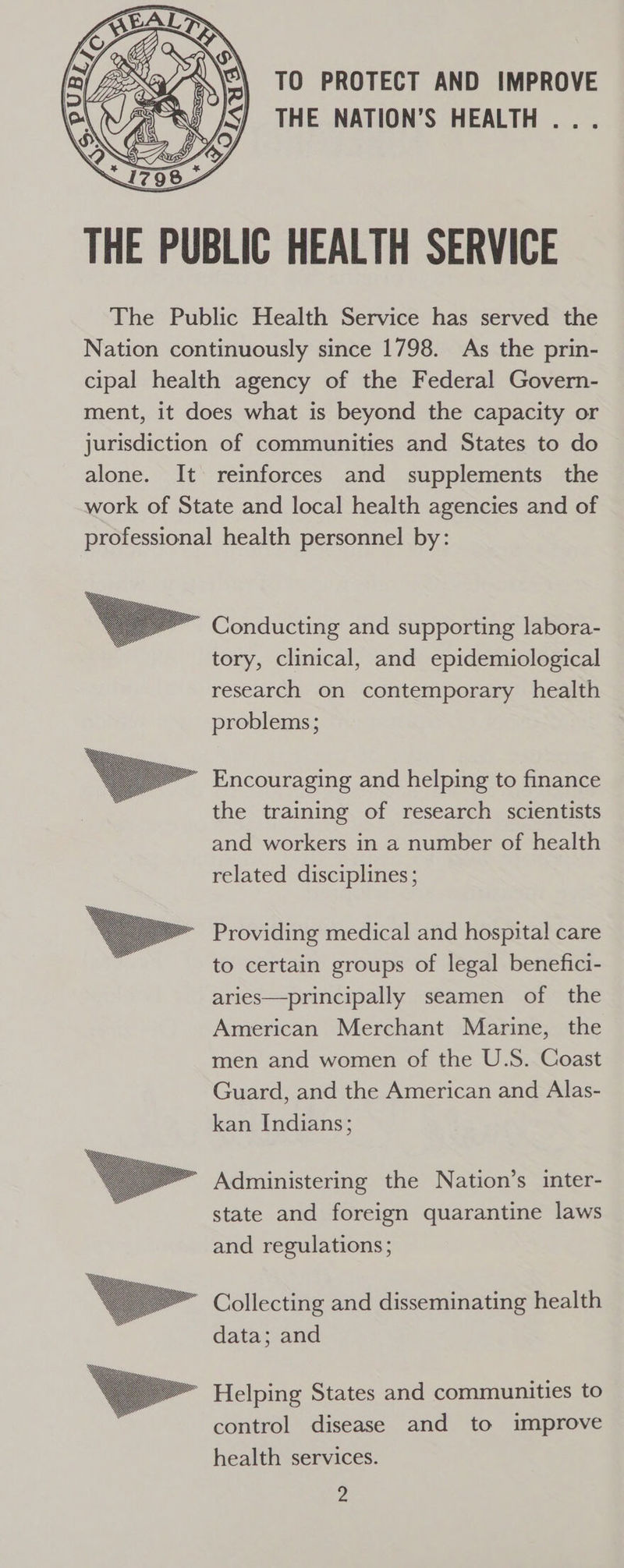 : rel TO PROTECT AND IMPROVE VS THE NATION’S HEALTH... THE PUBLIC HEALTH SERVICE The Public Health Service has served the Nation continuously since 1798. As the prin- cipal health agency of the Federal Govern- ment, it does what is beyond the capacity or jurisdiction of communities and States to do alone. It reinforces and supplements the work of State and local health agencies and of professional health personnel by: ~ Conducting and supporting labora- tory, clinical, and epidemiological research on contemporary health problems ; Encouraging and helping to finance the training of research scientists and workers in a number of health related disciplines ; Providing medical and hospital care to certain groups of legal benefici- aries—principally seamen of the American Merchant Marine, the men and women of the U.S. Coast Guard, and the American and Alas- kan Indians; Administering the Nation’s inter- state and foreign quarantine laws and regulations; Collecting and disseminating health data; and ’ Helping States and communities to control disease and to improve health services.