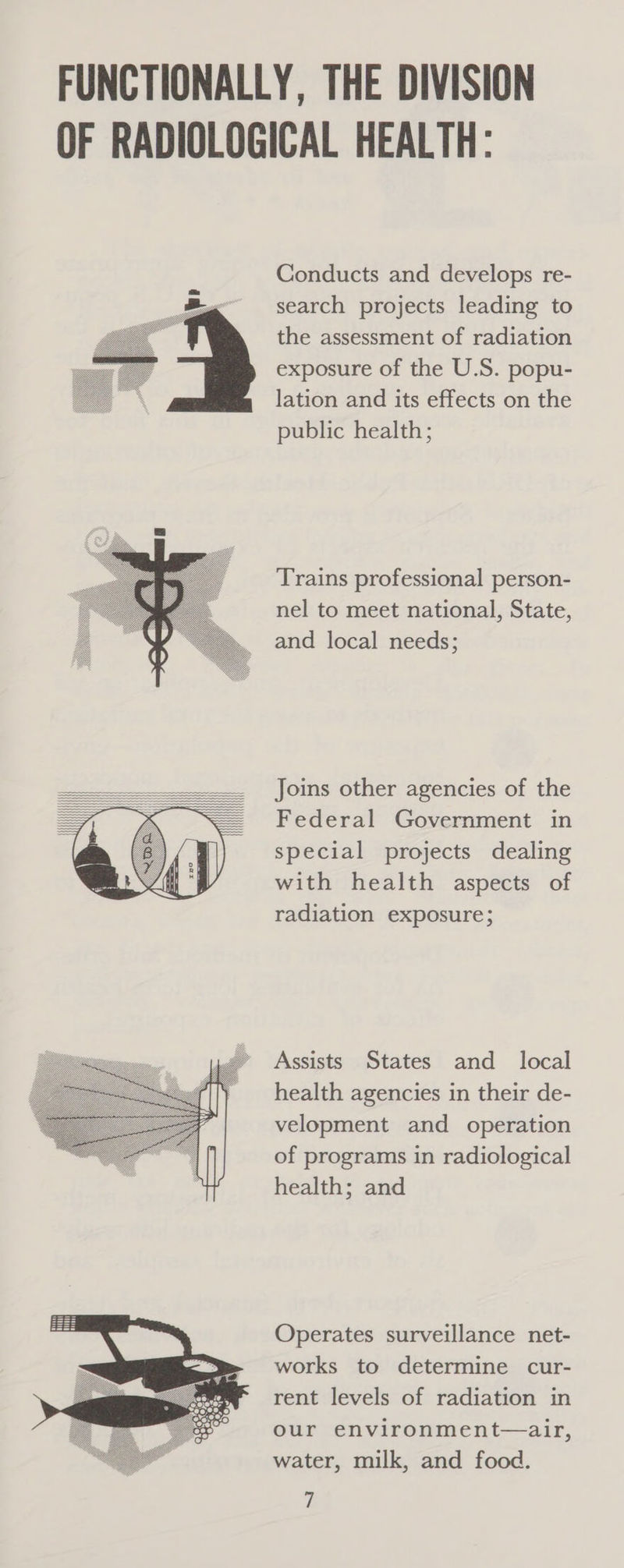 FUNCTIONALLY, THE DIVISION OF RADIOLOGICAL HEALTH: Conducts and develops re- search projects leading to the assessment of radiation exposure of the U.S. popu- lation and its effects on the public health; Trains professional person- nel to meet national, State, and local needs; Joins other agencies of the Federal Government in special projects dealing with health aspects of radiation exposure; Assists States and_ local health agencies in their de- velopment and operation of programs in radiological health; and Operates surveillance net- works to determine cur- rent levels of radiation in our environment—air, water, milk, and food. Z