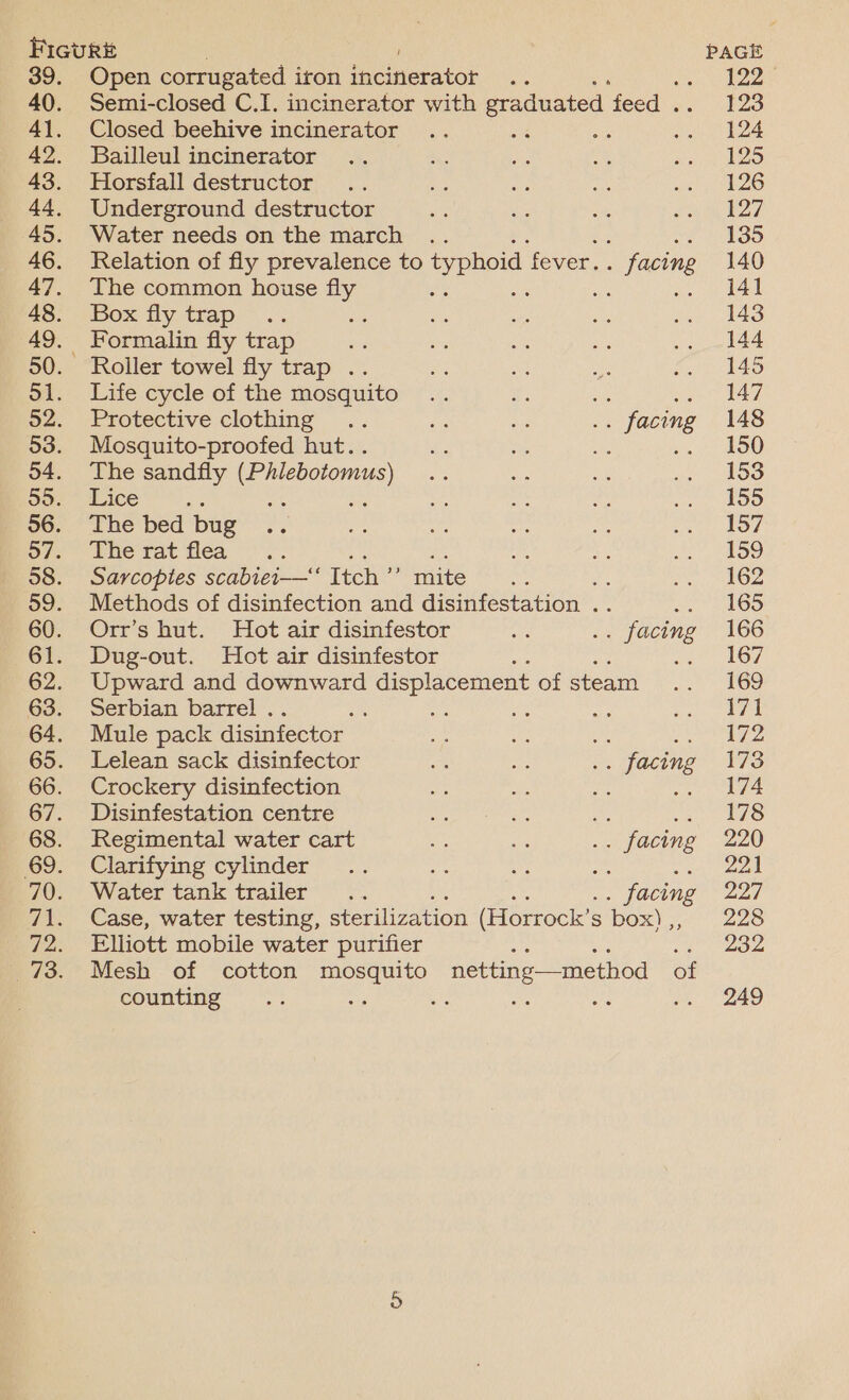 Open corrugated iron thcineratot ‘ Semi-closed C.I. incinerator with graduated feed . Closed beehive incinerator Bailleul incinerator Horsfall destructor : Underground destructor Water needs on the march .. a Relation of fly prevalence to typhoid fever. + facing The common house fly wy Box fly trap Roller towel fly trap .. Life cycle of the mosquito e. ae ie Protective clothing .. ne i .. facing Mosquito-proofed hut. ne ste % The sandfly (Phlebotomus) Lice 2 : The bed bug mie rat ‘tea... a3 Sarcopies scabiei—“* Itch ” mite oe Methods of disinfection and disinfestation .. me Orr’s hut. Hot air disinfestor re . facing Dug-out. Hot air disinfestor : Upward and downward displacement of steam Serbian barrel . Ay Mule pack disinfector ve An aye ids Lelean sack disinfector oe ie .. facing Crockery disinfection Disinfestation centre : Fis af ie Regimental water cart ae me .. facing Clarifying cylinder ee ie Water tank trailer =. . facing Case, water testing, steriivation (Horrock’: s box) ,, Elliott mobile water purifier oe Mesh of cotton mosquito netting—method of counting us : 122° 123 124 125 126 127 135 140 i41 143 144 145 147 148 150 153 155 157 159 162 165 166 167 169 171 172 174 178 220 221 yaad, 228 232 249