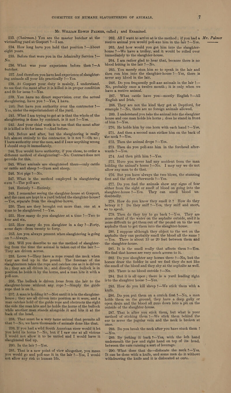 233. (Chairman.) You are the master butcher at the victualling yard at Gosport ?—I am. 234. How long have you held that position ?—About eight years. 235. Before that were you in the Admiralty Service ?— No. 236. What was your experience before then 7—A futcher. 237. And therefore you have had experience of slaughter- ing animals all your life practically ?—Yes. 238. At Gosport your duty is mainly, I understand, to see that the meat after it is killed is in proper condition and fit for issue ?—Yes. 239. You have no direct supervision over the actual slaughtering, have you ?—Yes, I have. 240. But have you authority over the contractor ?— Yes, under the superintendent of the yard. 241. What I am trying to get at is that the whole of the slaughtering is done by contract, is it not 7?—Yes. 242. And your chief work is.to see that the meat after it is killed is fit for issue ?—And before. 243. Before and after, but the slaughtering is really left almost entirely to the contractor, is it not ?—Oh no ; I have authority over the men, and if I saw anything wrong I should stop it immediately. 244, You would have authority, if you chose, to order a different method of slaugntering?—No. Contract does not provide for this. : 245. What aminals are slaughtered there—only cattle or cattle and sheep ?—Oxen and sheep. ' 246. Not pigs ?—No. 247. What is the method employed in slaughtering oxen ?—The poll-axe. 248. Entirely ?—Entirely. 249. I remember seeing the slaughter-house at Gosport, and the oxen are kept in a yard behind the slaughter-house? —Yes, separate from the slaughter-house, _ 250. Then are they brought out more than one at a ‘time to be slaughtered ?—Yes. 251. How many do you slaughter at a time ?—Two to four and six, 252. How many do you slaughter in a day ?—Forty, some days—from twenty to forty. 253, Are you always present when slaughtering is going on ?—Always. 254. Will you describe to me the method of slaughter- ing from the time the animal is taken out of the lair ?— They are driven across. 255. Loose ?—They have a rope round the neck when they are tied up in the pound. The foreman of the slaughtermen takes the rope and catches one as it is driven in ; they are all driven in; and direetly the bullock is in position he holds it by the horns, and a man hits it with a poll-axe. 256. The bullock is driven loose from the lair to the slaughter-house without any rope ?—Simply the guide rope that is on it.,. . 257. A man is holding it? —Not until it is in the slaughter- house ; they are all driven into position as it were, and a man catches hold of the guide rope and obstructs the sight the side the man hits and he holds the horns of the bullock while another man stands alongside it and hits it at the back of the head. 258. That must be a very tame animal that permits all that %—_No, we have thousands of animals done like that. 259. If you had a wild South American steer would it let you hold its horns ?—No, but if I saw one at all vicious i would not allow it to be untied and I would have it slaughtered tied up. 260. In the lair ?—Yes. 261. That is a new point of view altogether, you mean you would go and poll-axe it in the lair ?—Yes, I would not allow any risk to human life, restive animal you would poll-axe him in the lair ?—Yes. 263. And how would you get him into the slaughter- house ?—We have a trolley, and it would be rolled over immediately to the slaughter-house. 264. I am rather glad to hear that, because there is no blood letting in the lair ?—No. 265. You merely stun him so to speak in the lair and then run him into the slaughter-house ?—Yes, there is never any blood in the lair, 266. Do you frequently poll-axe animals in the lair ?— No, probably once a twelve month ; it is only when we have a restive animal. 267. What cattle have you—mostly English ?7—All English and Irish. 268. They are not the kind they get at Deptford, for example ?—No, there are no foreign animals allowed. 269. I understand you take the animal into the slaughter house and one man holds his horns ; does he stand in front of him ?—Yes. 270. He holds him by one horn with each hand ?—Yes. 271. And then a second man strikes him on the back of the neck ?—Yes. 272, Then the animal drops ?—Yes. 273. Then do you poll-axe him in the forehead after- wards ?—Yes. 274. And then pith him ?-—Yes. 275. Have you never had any accident from the man holding the animal’s horns ?—No. I may say we do not allow any man to do that. 276. But you have always the two blows, the stunning first and the other afterwards ?—-Yes. 277. Do you find the animals show any signs of fear either from the sight or smell of blood on going into the slaughter-house ?—Yes. They can smell blood un- doubtedly. 278. How do you know they smell it? How do they betray it? Do they sniff ?—Yes, they sniff and snort, so to speak. 279. Then do they try to go back ?—Yes. They are more afraid of the water on the asphalte outside, and it is more difficult to get them out of the pound on to the wet asphalte than to get them into the slaughter-house. 280. I suppose although they object to the wet on the asphalte they can probably smell the blood all the same ? —yYes. There is about 15 or 20 feet between them and the slaughter-house. 281. It is the smell really that affects them ?—Yes. We find that horses are very much averse to it. 282. Do you slaughter any horses there ?—No, but the horses draw the fodder in and we find they do not like the smell of the blood and they shy at the asphalte as well. 283. There is no blood outside ?—No. 284. But it is all open; there is a yard leading right irto the slaughter house ?—Yes. 285. How do you kill sheep ?—We stick them with a knife. 286. Do you put them on a crutch first ?—No, a man holds them on the ground, they have a deep gully or open drain and the blood all runs down into a pit on the outside of the slaughter-houss. 287. That is after you stick them, but what is your method of- sticking them ?—-We stick them behind the ear to sever the jugular vein and the neck is broken at once. 288. Do you break the neck after you have stuck them ? —Yes. 289. By jerking it back ?—Yes, with the left hand underneath the jaw and right hand on top of its head, between the ears causing a sort of leverage. 290. What does that do—dislocate the neck ?—Yes. It can be done with a knife, and some men do it without withdrawing the knife and it is dislocated at once. ae