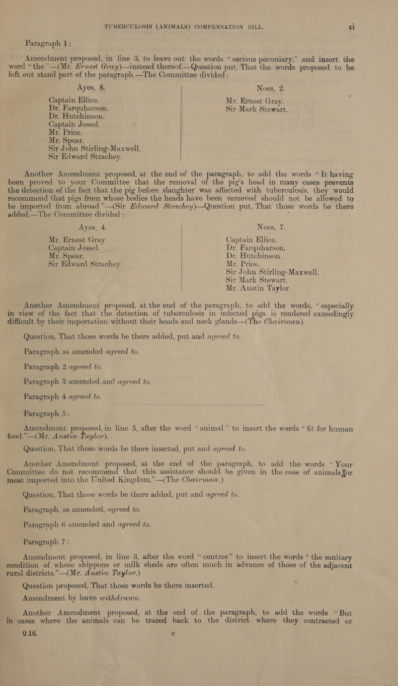 Paragraph 1: Amendment proposed, in line 3, to leave out the words “serious pecuniary,” and insert the word “the ”—(Mr. Hrnest Gray)—instead thereof—Question put, That the words proposed to be left out stand part of the paragraph.—The Committee divided : Ayes, 8. Noes, 2. Captain Ellice. Mr. Ernest Gray. Dr. Farquharson. &gt; Sir Mark Stewart. Dr. Hutchinson. Captain Jessel. Mr. Price. Mr. Spear. Sir John Stirling-Maxwell, Sir Edward Strachey. Another Amendment proposed, at the end of the paragraph, to add the words “ It having been proved to your Committee that the removal of the pig’s head in many cases prevents the detection of the fact that the pig before slaughter was affected with tuberculosis, they would recommend that pigs from whose bodies the ade have been removed should not be allowed to be imported from abroad ”—(Sir Edward Strachey)—Question put, That those words be there added.—The Committee divided : Ayes, 4. Noes, 7. Mr. Ernest Gray. Captain Ellice. Captain Jessel. Dr. Farquharson. Mr. Spear. Dr. Hutchinson. Sir Edward Strachey. My. Price. Sir John Stirling-Maxwell. Sir Mark Stewart. Mr. Austin Taylor.  Another Amendment proposed, at the end of the paragraph, to add the words, “ especially in view of the fact that the detection of tuberculosis in infected pigs is rendered exceedingly difficult by their importation without their heads and neck glands—(The Chairman). Question, That those words be there added, put and agreed to. Paragraph as amended agreed to. Paragraph 2 agreed to. Paragraph 3 amended and. agreed to. Paragraph 4 agreed to. Paragraph 5: Amendment proposed, in line 5, after the word “animal” to insert the words &lt; fit for human food.”—(Mr. Austin Taylor). Question, That those words be there inserted, put and agreed to. Another Amendment proposed, at the end of the paragraph, to add the words “ Your Committee do not recommend that this assistance should be given in the case of animals Xor meat imported into the United Kingdom.”—(The Chairman.) Question, That those words be there added, put and agreed to. Paragraph, as amended, agreed to. Paragraph 6 amended and agreed to. Paragraph 7: Amendment ada in line 38, after the word “centres” to insert the words “the sanitary condition of whose shippons or milk sheds are often much in advance of those of the adjacent rural districts.—(Mr. Austin Taylor.) Question proposed, That those words be there inserted. Amendment by leave withdrawn. Another Amendment proposed, at the end of the paragraph, to add the words “But in cases where the animals can be traced back to the district where they contracted or