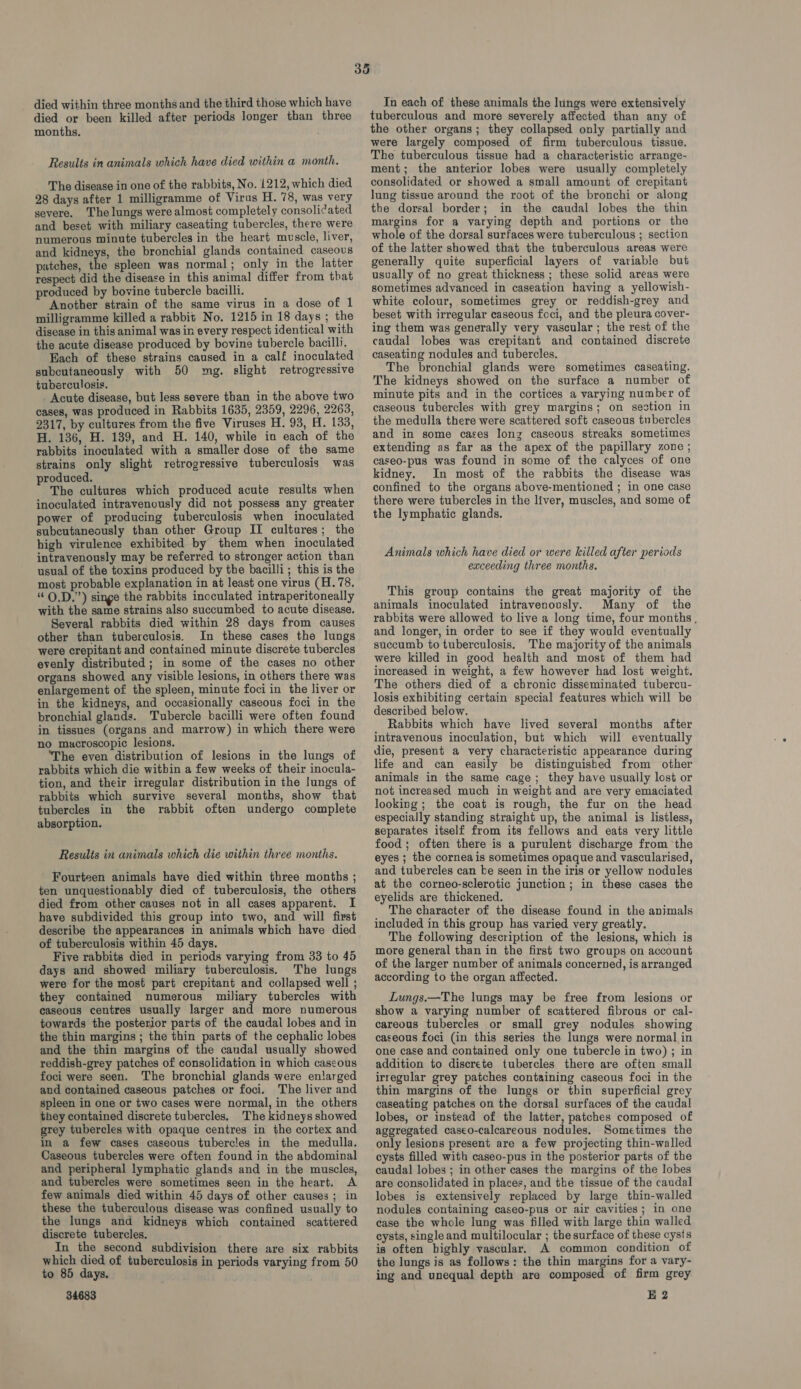 died within three months and the third those which have died or been killed after periods longer than three months. Results in animals which have died within a month. The disease in one of the rabbits, No. 1212, which died 28 days after 1 milligramme of Virus H. 78, was very severe. Thelungs were almost completely consolidated and beset with miliary caseating tubercles, there were numerous minute tubercles in the heart muscle, liver, and kidneys, the bronchial glands contained caseous patches, the spleen was normal; only in the latter respect did the disease in this animal differ from that produced by bovine tubercle bacilli. Another strain of the same virus in a dose of 1 milligramme killed a rabbit No. 1215 in 18 days ; the disease in this animal was in every respect identical with the acute disease produced by bovine tubercle bacilli. Hach of these strains caused in a calf inoculated subcutaneously with 50 mg. slight retrogressive tuberculosis. Acute disease, but less severe than in the above two cases, was produced in Rabbits 1635, 2359, 2296, 2263, 2317, by cultures from the five Viruses H. 93, H. 133, H. 136, H. 139, and H. 140, while in each of the rabbits inoculated with a smaller dose of the same strains only slight retrogressive tuberculosis was produced. The cultures which produced acute results when inoculated intravenously did not possess any greater power of producing tuberculosis when inoculated subcutaneously than other Group II cultures; the high virulence exhibited by them when inoculated intravenously may be referred to stronger action than usual of the toxins produced by the bacilli; this is the most probable explanation in at least one virus (H. 78, “O.D.”) singe the rabbits inoculated intraperitoneally with the same strains also succumbed to acute disease. Several rabbits died within 28 days from causes other than tuberculosis. In these cases the lungs were crepitant and contained minute discrete tubercles evenly distributed; in some of the cases no other organs showed any visible lesions, in others there was enlargement of the spleen, minute foci in the liver or in the kidneys, and occasionally caseous foci in the bronchial glands. Tubercle bacilli were often found in tissues (organs and marrow) in which there were no mucroscopic lesions. ‘The even distribution of lesions in the lungs of rabbits which die within a few weeks of their inocula- tion, and their irregular distribution in the lungs of rabbits which survive several months, show that tubercles in the rabbit often undergo complete absorption. Results in animals which die within three months. Fourteen animals have died within three months ; ten unquestionably died of tuberculosis, the others died from other causes not in all cases apparent. I have subdivided this group into two, and will first describe the appearances in animals which have died of tuberculosis within 45 days. Five rabbits died in periods varying from 33 to 45 days and showed miliary tuberculosis. The lungs were for the most part crepitant and collapsed well ; they contained numerous miliary tubercles with caseous centres usually larger and more numerous towards the posterior parts of the caudal lobes and in the thin margins ; the thin parts of the cephalic lobes and the thin margins of the caudal usually showed reddish-grey patches of consolidation in which caseous foci were seen. The bronchial glands were enlarged and contained caseous patches or foci. The liver and spleen in one or two cases were normal, in the others they contained discrete tubercles, The kidneys showed grey tubercles with opaque centres in the cortex and in a few cases caseous tubercles in the medulla. Caseous tubercles were often found in the abdominal and peripheral lymphatic glands and in the muscles, and tubercles were sometimes seen in the heart. A few animals died within 45 days of other causes; in these the tuberculous disease was confined usually to the lungs and kidneys which contained scattered discrete tubercles. In the second subdivision there are six rabbits which died of tuberculosis in periods varying from 50 to 85 days. In each of these animals the lungs were extensively tuberculous and more severely affected than any of the other organs; they collapsed only partially and were largely composed of firm tuberculous tissue. The tuberculous tissue had a characteristic arrange- ment; the anterior lobes were usually completely consolidated or showed a small amount of crepitant lung tissue around the root of the bronchi or along the dorsal border; in the caudal lobes the thin margins for a varying depth and portions or the whole of the dorsal surfaces were tuberculous ; section of the latter showed that the tuberculous areas were generally quite superficial layers of variable but usually of no great thickness ; these solid areas were sometimes advanced in caseation having a yellowish- white colour, sometimes grey or reddish-grey and beset with irregular caseous foci, and the pleura cover- ing them was generally very vascular; the rest of the caudal lobes was crepitant and contained discrete caseating nodules and tubercles. The bronchial glands were sometimes caseating. The kidneys showed on the surface a number of minute pits and in the cortices a varying number of caseous tubercles with grey margins; on section in the medulla there were scattered soft caseous tubercles and in some cases long caseous streaks sometimes extending as far as the apex of the papillary zone ; caseo-pus was found in some of the calyces of one kidney. In most of the rabbits the disease was confined to the organs above-mentioned ; in one case there were tubercles in the liver, muscles, and some of the lymphatic glands. Animals which have died or were killed after periods exceeding three months. This group contains the great majority of the animals inoculated intravenously. Many of the rabbits were allowed to live a long time, four months , and longer, in order to see if they would eventually succumb to tuberculosis. The majority of the animals were killed in good health and most of them had increased in weight, a few however had lost weight. The others died of a chronic disseminated tubercu- losis exhibiting certain special features which will be described below. Rabbits which have lived several months after intravenous inoculation, but which will eventually die, present a very characteristic appearance during life and can easily be distinguished from other animals in the same cage; they have usually lost or not increased much in weight and are very emaciated looking; the coat is rough, the fur on the head especially standing straight up, the animal is listless, separates itself from its fellows and eats very little food; often there is a purulent discharge from ‘the eyes ; the cornea is sometimes opaque and vascularised, and tubercles can be seen in the iris or yellow nodules at the corneo-sclerotic junction ; in these cases the eyelids are thickened. The character of the disease found in the animals included in this group has varied very greatly. The following description of the lesions, which is more general than in the first two groups on account of the larger number of animals concerned, is arranged according to the organ affected. Lungs.—The lungs may be free from lesions or show a varying number of scattered fibrous or cal- careous tubercles or small grey nodules showing caseous foci (in this series the lungs were normal in one case and contained only one tubercle in two) ; in addition to discrete tubercles there are often small irregular grey patches containing caseous foci in the thin margins of the lungs or thin superficial grey caseating patches on the dorsal surfaces of the caudal lobes, or instead of the latter, patches composed of aggregated caseo-calcareous nodules. Sometimes the only lesions present are a few projecting thin-walled cysts filled with caseo-pus in the posterior parts of the caudal lobes ; in other cases the margins of the lobes are consolidated in places, and the tissue of the caudal lobes is extensively replaced by large thin-walled nodules containing caseo-pus or air cavities; in one case the whole lung was filled with large thin walled cysts, singleand multilocular ; the surface of these cysts is often highly vascular. A common condition of the lungs is as follows: the thin margins for a vary- ing and unequal depth are composed of firm grey