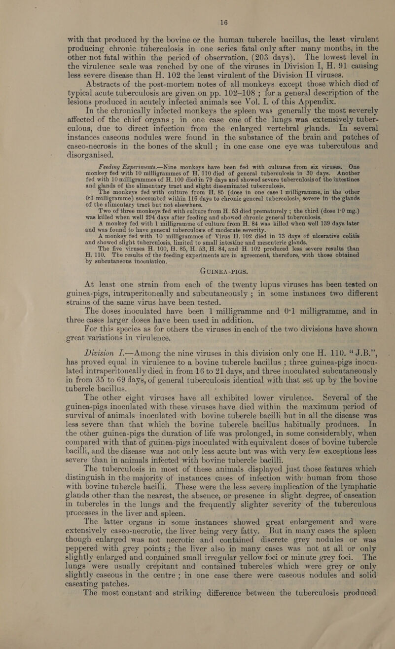 with that produced by the bovine or the human tubercle bacillus, the least virulent producing chronic tuberculosis in one series fatal only after many months, in the other not fatal within the pericd of observation, (203 days). The lowest level in the virulence scale was reached by one of the viruses in Division I, H. 91 causing less severe disease than H. 102 the least virulent of the Division II viruses. Abstracts of the post-mortem notes of all monkeys except those which died of typical acute tuberculosis are given on pp. 102-108 ; for a general description of the lesions produced in acutely infected animals see Vol. I. of this Appendix. In the chronically infected monkeys the spleen was generally the most severely affected of the chief organs; in one case one of the lungs was extensively tuber- culous, due to direct infection from the enlarged vertebral glands. In several instances caseous nodules were found in the substance of the brain and patches of caseo-necrosis in the bones of the skull; in one case one eye was tuberculous and disorganised. | Feeding Experiments.—Nine monkeys have been fed with cultures from six viruses. One monkey fed with 10 milligrammes of H. 110 died of general tuberculosis in 30 days. Another fed with 10 milligrammes of H. 100 died in 79 days and showed severe tuberculosis of the intestines and glands of the alimentary tract and slight disseminated tuberculosis. The monkeys fed with culture from H. 85 (dose in one case 1 milligramme, in the other 0:1 milligramme) succumbed within 116 days to chronic general tuberculosis, severe in the glands of the alimentary tract but not elsewhere. Two of three monkeys fed with culture from H. 53 died prematurely ; the third (dose 1-0 mg.) was killed when well 294 days after feeding and showed chronic general tuberculosis. A monkey fed with 1 milligramme of culture from H. 84 was killed when well 139 days later and was found to have general tuberculosis of moderate severity. : A monkey fed with 10 milligrammes of Virus H. 102 died in 73 days of ulcerative colitis and showed slight tuberculosis, limited to small intestine and mesenteric glands. The five viruses H. 100, H. 85, H. 53, H. 84, and H. 102 produced less severe results than H.110. The results of the feeding experiments are in agreement, therefore, with those obtained by subcutaneous inoculation. GUINEA -PIGS. At least one strain from each of the twenty lupus viruses has been tested on guinea-pigs, intraperitoneally and subcutaneously ; in some instances two different strains of the same virus have been tested. The doses inoculated have been 1 milligramme and 0:1 milligramme, and in three cases larger doses have been used in addition. For this species as for others the viruses in each of the two divisions have shown great variations in virulence. Dwision I.—Among the nine viruses in this division only one H. 110. “J.B.”, has proved equal in virulence to a bovine tubercle bacillus ; three guinea-pigs inocu- lated intraperitoneally died in from 16 to 21 days, and three inoculated subcutaneously in from 35 to 69 days, of general tuberculosis identical with that set up by the bovine tubercle bacillus. The other eight viruses have all exhibited lower virulence. Several of the guinea-pigs inoculated with these viruses have died within the maximum period of survival of animals inoculated with bovine tubercle bacilli but in all the disease was less severe than that which the bovine tubercle bacillus habitually produces. In the other guinea-pigs the duration of life was prolonged, in some considerably, when compared with that of guinea-pigs inoculated with equivalent doses of bovine tubercle bacilli, and the disease was not only less acute but was with very few exceptions less severe than in animals infected with bovine tubercle bacilli. The tuberculosis in most of these animals displayed just those features which distinguish in the majority of instances cases of infection with human from those with bovine tubercle bacilli. These were the less severe implication of the lymphatic glands other than the nearest, the absence, or presence in slight degree, of caseation in tubercles in the lungs and the frequently slighter severity of the tuberculous processes in the liver and spleen. The latter organs in some instances showed great enlargement and were extensively caseo-necrotic, the liver being very fatty. But in many cases the spleen though enlarged was not necrotic and contained discrete grey nodules or was peppered with grey points; the liver also in many cases was not at all or only slightly enlarged and contained small irregular yellow foci or minute grey foci. The lungs were usually crepitant and contained tubercles which were grey or only slightly caseous in the centre ; in one case there were caseous nodules and solid caseating patches. The most constant and striking difference between the tuberculosis produced