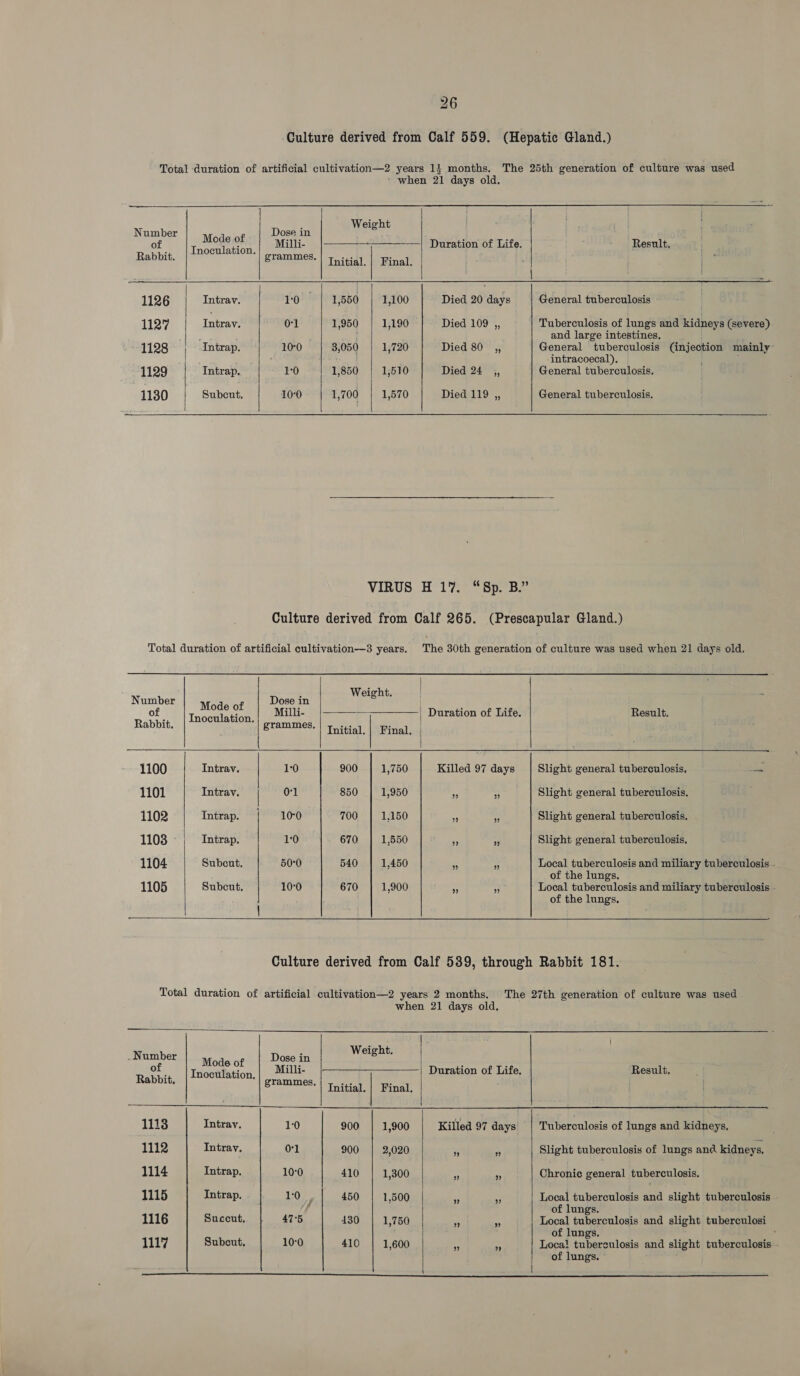     7 ' Weight Number Mode.of Dose in . Oo Thoontation Milli- Duration of Life. Result, Rabbit. grammes. | yy itial. | Final. 1126 | Intrav. 10 1,550 1,100 Died 20 days General tuberculosis 1127 | Intrayv. 0-1 1,950 1,190 Died 109 ,, Tuberculosis of lungs and kidneys (severe) | and large intestines. 1128 Intrap. 100 3,050 1,720 Died 80 ,, General tuberculosis (injection mainly~ | intracoecal). 1129 Intrap. 10 1,850 1,510 Died 24 ,, General tuberculosis. 1130 Subcut, 10°0 1,700 Lon0 Died 119 ,, General tuberculosis.       |  ight. Number Dose in Wate of ee oe eesti | Rabbit Inoculation. OE Te | | ; 8 ‘| Initial. | Final, | | 1100 Intrav. | 1:0 900 | 1,750 1101 Intrav. | 0-1 850 1,950 1102 Intrap. | 10-0 700 | 1,150 1103 Intrap. 10 670 | 1,550 1104 Subcut. 50:0 540 | 1,450 1105 Subcut, 10-0 670 | 1,900 |   Killed 97 days Result.   Slight general tuberculosis, — Slight general tuberculosis, Slight general tuberculosis, Slight general tuberculosis, Local tuberculosis and miliary tuberculosis of the lungs. Local tuberculosis and miliary tuberculosis of the lungs.   N Sea Mode of ae HS Rabbit, Tnoculation, grammes. 1113 Intray, 10 1112 Intrav. 01 1114 Intrap. 10:0 1115 Intrap. 1:0 , 1116 Succut, 47°5 | 1117 Subcut, 100  Weight. Initial. | Final 900 1,900 900 2,020 410 1,300 450 1,500 130 | 1,750 410 | 1,600 Killed 97 days   | Result. Tuberculosis cf lungs and kidneys, Slight tuberculosis of lungs and kidneys, Chronic general tuberculosis. Local tuberculosis and slight tuberculosis of lungs. Local tuberculosis and slight tuberculosi of lungs. Local tuberculosis and slight tuberculosis - of lungs.