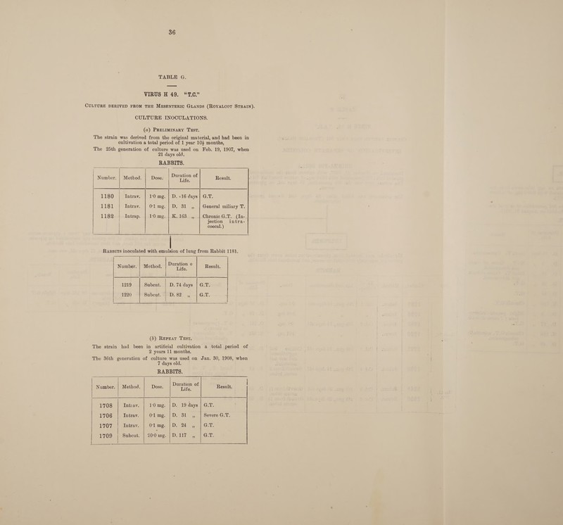 TABLE G. VIRUS H 49. “T.C.” CULTURE DERIVED FROM THE MESENTERIC GLANDS (ROYALCOT STRAIN). CULTURE INOCULATIONS. (a) PRELIMINARY TEST. The strain was derived from the original material, and had been in cultivation a total period of 1 year 10} months, The 25th generation of culture was used on Feb. 19, 1907, when 21 days old. RABBITS.  Number. | Method. Dose. abies of Result. 1180 Intrav. | 1:0 mg. | D. «16 days | G.T. 1181 Intrav. | Ol mg. | D. 31 ,, | General miliary T. 1182 Inirvap. | 100mg. | K.163 ,, | Chronic G.T. (In- jection intra- coecal. )    RABBITS inoculated with emulsion of lung from Rabbit 1181.  Duration o Number. | Method. Life. Result. 1219 Subcut. | D. 74 days | G.T. 1220 | Subcut. (». s2,, | GT. (6) Repeat Test. The strain had been in artificial cultivation a total period of Z years 11 months. The 36th generation of culture was used on Jan. 30, 1908, when 7 days old. RABBITS.  Number. | Method. Dose. eee of Result.   1708 | Intiav. | 10mg. |D. 19 days | GT. 1706 Intrav. O:lmg. | D. 31 ,, | Severe G.T. Binge leis o  1707 Intrav. 0-1 mg.  1709 | suloerie, | POO staey, | 1D ally 5, || Cerae | 