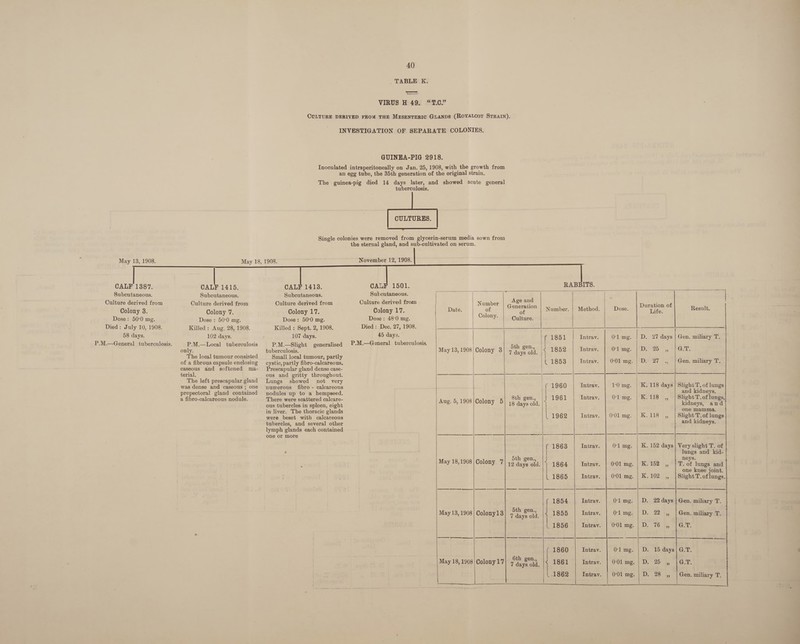 May 13, 1908. CALF 1387. Subcutaneous. Culture derived from Colony 3. Dose: 50:0 mg. Died: July 10, 1908. 58 days. 40 _ TABLE K. — = VIRUS H 49. tuberculosis. CULTURES. CALF 1415. Subcutaneous. Culture derived from Colony 7. Dose : 50:0 mg. Killed : Aug. 28, 1908. 102 days. P.M.—Local tuberculosis only. The local tumour consisted of a fibrous capsule enclosing caseous and softened ma- terial, The left prescapular gland was dense and caseous ; one prepectoral gland contained a fibro-calcareous nodule. CALF 1413. Subcutaneous. Culture derived from Colony 17. Dose: 50:0 mg. Killed : Sept. 2, 1908. 107 days. P.M.—Slight generalised tuberculosis. Small local tumour, partly cystic, partly fibro-calcareous, Prescapular gland dense case- ous and gritty throughout. Lungs showed not very numerous fibro - calcareous nodules up to a hempseed. There were scattered calcare- ous tubercles in spleen, eight in liver. The thoracic glands were beset with calcareous tubercles, and several other lymph glands each contained one or more November 12, 1908. CALF 1501. Subcutaneous. Culture derived from Colony 17. Dose: 48:0 mg. Died: Dec. 27, 1908. 45 days. P.M.—General tuberculosis,        RABBITS. + | =| Age and | Number : : Date. of Sonee tion | Number. | Method. Dose. Narre of Result. Colony. Culture. f 1851 Intrav. O-1lmg. | D. 27 days | Gen. miliary T. | May 13, 1908|Colony 3 Pao oie 1852 | Intrav. | O21 mg. | D. 25 ,, | GT. L 1853 Intrav. 0-01 mg. | D. 27 .,, | Gen. miliary T, (1960 | Intrav. | 1:0 mg. | K. 118 days| Slight T, of lungs || and kidneys. 8th gen. 1961 Intrav. O-1lmg. | K. 118 Slight T. of lungs, Aug. 5,1908}Colony 5] 4 days eal 4 is kidneys, and | one mamma. L 1962 Intray. | 0:01 mg K.118 ,, | Slight T.of lungs and kidneys. ( 1863 Intrav. O'l mg. | K. 152 days| Very slight T. of | lungs and kid- 5th gen. neys. ; May 18,1908|Colony 7| 49 days ld: 1864 Intrav. | 0°01 mg. | K.152 ,, | T. of lungs and one knee joint. L 1865 Intrav. 0-01 mg. | K.102 ,, |Slight T.oflungs. ( 1854 Intrav. O'lmg. | D. 22 days | Gen. miliary a May 13, 1908 | Colony13 tdaye ol 1855 Intrav. Olmg. | D. 22 ,, | Gen. miliary T. | 1856 Intrav. 0°01 mg: | D. 76 .,, |G.T. [ 1860 Intrav. Ol mg. | D. 15 days| G.T. May 18, 1908|Colony17) 7 qarena. |&lt; 1861 | Intrav. | 001mg. | D. 2 , [G7 1862 Tntrav. | 001mg. | D. 28 ,, | Gen. miliary T.        