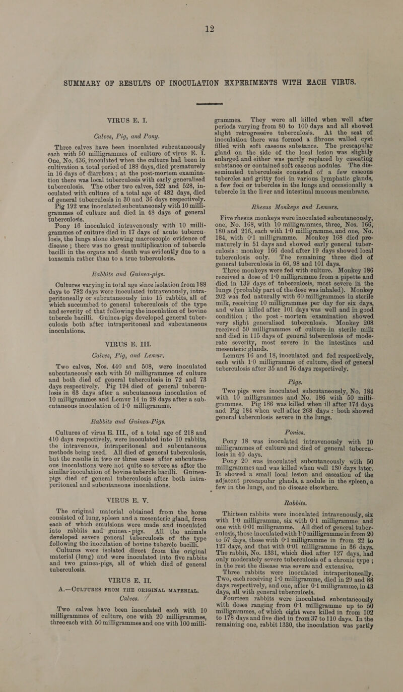  VIRUS E. I. Calves, Pig, and Pony. Three calves have been inoculated subcutaneously each with 50 milligrammes of culture of virus H. I. One, No. 436, inoculated when the culture had been in cultivation a total period of 188 days, died prematurely in 16 days of diarrhoea ; at the post-mortem examina- tion there was local tuberculosis with early generalised tuberculosis. The other two calves, 522 and 528, in- oculated with culture of a total age of 482 days, died of general tuberculosis in 30 and 36 days respectively. Pig 192 was inoculated subcutaneously with 10 milli- grammes of culture and died in 48 days of general tuberculosis. Pony 16 inoculated intravenously with 10 milli- grammes of culture died in 17 days of acute tubercu- losis, the lungs alone showing macroscopic evidence of disease ; there was no great multiplication of tubercle bacilli in the organs and death was evidently due to a toxaemia rather than to a true tuberculosis. Rabbits and Guinea-pigs. Cultures varying in total age since isolation from 188 days to 782 days were inoculated intravenously, intra- peritoneally or subcutaneously into 15 rabbits, all of which succumbed to genera] tuberculosis of the type and severity of that following the inoculation of bovine tubercle bacilli. Guinea-pigs developed general tuber- culosis both after intraperitoneal and subcutaneous inoculations. VIRUS E. IIL. Calves, Pig, and Lemur. Two calves, Nos. 440 and 508, were inoculated subcutaneously each with 50 milligrammes of culture and both died of general tuberculosis in 72 and 73 days respectively. Pig 194 died of general tubercu- losis in 63 days after a subcutaneous inoculation of 10 milligrammes and Lemur 14 in 28 days after a sub- cutaneous inoculation of 1:0 milligramme. Rabbits and Guinea-Pigs. Cultures of virus H. IIT., of a total age of 218 and 410 days respectively, were inoculated into 10 rabbits, the intravenous, intraperitoneal and subcutaneous methods being used. All died of general tuberculosis, but the results in two or three cases after subcutane- ous inoculations were not quite so severe as after the similar inoculation of bovine tubercle bacilli. Guinea- pigs died of general tuberculosis after both intra- peritoneal and subcutaneous inoculations. VIRUS E. V. The original material obtained from the horse consisted of lung, spleen and a mesenteric gland, from each of which emulsions were made and inoculated into rabbits and guinea-pigs. All the animals developed severe general tuberculosis of the type following the inoculation of bovine tubercle bacilli. Cultures were isolated direct from the original material (lung) and were inoculated into five rabbits and two guinea-pigs, all of which died of general tuberculosis. VIRUS E. ILI. A.—CULTURES FROM THE ORIGINAL MATERIAL. Calves. */ Two calves have been inoculated each with 10 milligrammes of culture, one with 20 milligrammes, threeeach with 50 milligrammes and one with 100 milli- grammes. They were all killed when well after periods varying from 80 to 100 days and all showed slight retrogressive tuberculosis. At the seat of inoculation there was formed a fibrous walled cyst filled with soft caseous substance. The prescapular gland on the side of the local lesion was slightly enlarged and either was partly replaced by caseating substance or contained soft caseous nodules. The dis- seminated tuberculosis consisted of a few caseous tubercles and gritty foci in various lymphatic glands, a few foci or tubercles in the lungs and occasionally a tubercle in the liver and intestinal mucous membrane. Rhesus Monkeys and Lemurs. Five rhesus monkeys were inoculated subcutaneously, one, No. 168, with 10 milligrammes, three, Nos. 166, 180 and 216, each with 1:0 milligramme, and one, No. 184, with 0:1 milligramme. Monkey 168 died pre- maturely in 51 days and showed early general tuber- culosis: monkey 166 dead after 19 days showed local tuberculosis only. The remaining three died of general tuberculosis in 66, 98 and 101 days. Three monkeys were fed with culture. Monkey 186 received a dose of 1:0 milligramme from a pipette and died in 139 days of tuberculosis, most severe in the lungs (probably part of the dose was inhaled). Monkey 202 was fed naturally with 60 milligrammes in sterile milk, receiving 10 milligrammes per day for six days, and when killed after 101 days was well and in good condition ; the post-mortem examination showed very slight generalised tuberculosis. Monkey 208 received 50 milligrammes of culture in sterile milk and died in 115 days of general tuberculosis of mode- rate severity, most severe in the intestines and mesenteric glands, Lemurs 16 and 18, inoculated and fed respectively, each with 1:0 milligramme of culture, died of general tuberculosis after 35 and 76 days respectively. Pigs. Two pigs were inoculated subcutaneously, No. 184 with 10 milligrammes and No. 186 with 50 milli-. grammes. Pig 186 was killed when ill after 174 days and Pig 184 when well after 268 days : both showed general tuberculosis severe in the lungs. Ponies. Pony 18 was inoculated intravenously with 10 milligrammes of culture and died of general tubercu- losis in 40 days. Pony 20 was inoculated subcutaneously with 50 milligrammes and was killed when well 130 days later. It showed a small local lesion and caseation of the adjacent prescapular glands, a nodule in the spleen, a few in the lungs, and no disease elsewhere. Rabbits. Thirteen rabbits were inoculated intravenously, six with 1:0 milligramme, six with 0°1 milligramme, and one with 0:01 milligramme. All died of general tuber- culosis, those inoculated with 1°0 milligramme in from 20 to 57 days, those with 0-1 milligramme in from 22 to 127 days, and that with 0°01 milligramme in 86 days. The rabbit, No. 1331, which died after 127 days, had only moderately severe tuberculosis of a chronic type ; in the rest the disease was severe and extensive. Three rabbits were inoculated intraperitoneally. Two, each receiving 1:0 milligramme, died in 29 and 88 days respectively, and one, after 0-1 milligramme, in 43 days, all with general tuberculosis. Fourteen rabbits were inoculated subcutaneously with doses ranging from 0°1 milligramme up to 50 milligrammes, of which eight were killed in from 102 to 178 days and five died in from 37 to 110 days. In the remaining one, rabbit 1330, the inoculation was partly