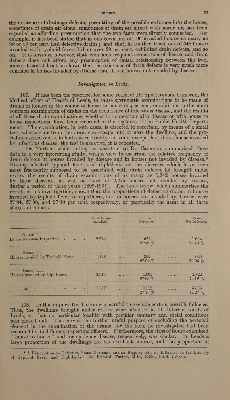 the existence of drainage defects, permitting of the possible entrance into the house, sometimes of drain air alone, sometimes of drain air mixed with sewer air, has been regarded as affording presumption that the two facts were directly connected. For example, it has been stated that in one town out of 196 invaded houses as many as 89 or 45 per cent. had defective drains; and that, in another town, out of 548 houses invaded with typhoid fever, 151 or over 29 per cent. exhibited drain defects, and so on. It is obvious, however, that even such frequent association of disease and drain defects does not afford any presumption of causal relationship between the two, unless it can at least be shown that the existence of drain defects is very much more common in houses invaded by disease than it is in houses not invaded by disease. Investigation in Leeds. 107. It has been the practice, for some years, of Dr. Spottiswoode Cameron, the Medical officer of Health of Leeds, to cause systematic examinations to be made of drains of houses in the course of house to house inspections, in addition to the more common examination of drains on the occurrence of infectious disease, and the results of all these drain examinations, whether in connection with disease or with house to house inspections, have been recorded in the registers of the Public Health Depart- ment. The examination, in both cases, is directed to ascertain, by means of a smell test, whether air from the drain can escape into or near the dwelling, and the pro- cedure carried out is, in both cases, exactly the same, except that, if in a house invaded by infectious disease, the test is negative, it is repeated. Dr. Turton, while acting as assistant to Dr. Cameron, summarised these data in a very interesting study, with a view to ascertain the relative frequency of drain defects in houses invaded by disease and in houses not invaded by disease.* Having selected typhoid fever and diphtheria as the diseases which have been most frequently supposed to be associated with drain defects, he brought under review the results of drain examinations of as many as 5,342 houses invaded by these diseases, as well as those of 2,275 houses not invaded by disease, during a period of three years (1899-1901). The table below, which summarises the results of his investigation, shows that the proportions of defective drains in houses invaded by typhoid fever, or diphtheria, and in houses not invaded by disease, were 27°94, 27°88, and 27°30 per cent. respectively, or practically the same in all three classes of houses.          No. of Houses Drains Drains examined, Defective. Not Defective. Grovp I. House-to-house Inspection - - - posi ds AN Oia Bc GT Men eles 1,654 27°30 0 72:70 % Group II. Houses invaded by Typhoid Fever - Days Cae eae GIs a dE doses 1,029 27°94 % 7 72:06 e Grove III. Houses invaded by Diphtheria - - SOE .° vee 1,092 DORE 2,822 27°88 % 72:12 % Total - - - - - - (AS Y e e- pS Bs ila hE 5,005 27°73 % 72°27 %   108. In this inquiry Dr. Turton was careful to exclude certain possible fallacies. Thus, the dwellings brought under review were situated in 11 different wards of Leeds, so that no particular locality with peculiar sanitary and social conditions was picked out. This served’ the further useful purpose of excluding the personal element in the examination of the drains, for the facts he investigated had been recorded by 15 different inspecting officers. Furthermore, the class of house examined. “house to house’ and for epidemic disease, respectively, was similar. In Leeds a large proportion of the dwellings are back-to-back houses, and the proportion of * A Dissertation on Defective House Drainage, and an Enquiry into its Influence on the Htiology of Typhoid Fever and Diphtheria”—by Edward Turton, M.D., B.Sc, Ch.B, (Vict.),