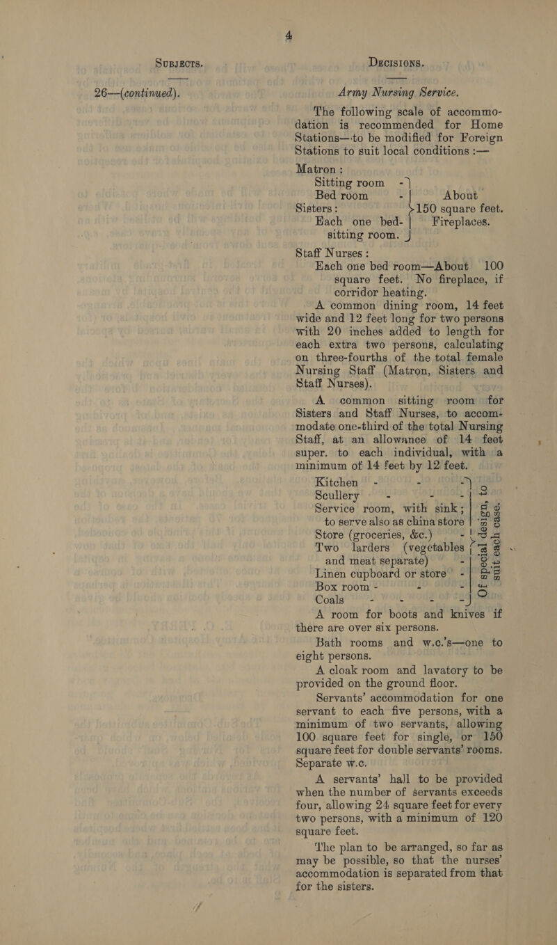 26-—-—(continued). DscisIons. Army Nursing Service. The following scale of accommo- dation is recommended for Home Stations—-to be modified for Foreign Stations to suit local conditions :— Matron : Sitting room - | | Bed room - | About Sisters : > 150 square feet. Hach one bed- | Fireplaces. sitting room. } Staff Nurses : Hach one bed room—About 100 square feet. No fireplace, if corridor heating. A common dining room, 14 feet wide and 12 feet long for two persons with 20 inches added to length for each extra two persons, calculating on three-fourths of the total female Nursing Staff (Matron, Sisters and Staff Nurses). A common sitting room for Sisters and Staff Nurses, to accom- modate one-third of the total Nursing Staff, at an allowance of 14 feet super. to each individual, with a minimum of 14 feet by 12 feet. .   Kitchen - - ips Scullery - Le Service room, with ‘inks ag to serve also as china store at Store (groceries, &amp;c.) - a | and meat separate) ) Bag Linen cupboard or store’ -| &amp;F Box room - - = Coals - - - =) A room for boots and knives if there are over Six persons. Bath rooms and w.c.’s—one to eight persons. A cloak room and ae to be provided on the ground floor. Servants’ accommodation for one servant to each five persons, with a minimum of two servants, allowing 100 square feet for single, or 150 square feet for double servants’ rooms. Separate w.c. A servants’ hall to be provided when the number of servants exceeds four, allowing 24: square feet for every two persons, with a minimum of 120 square feet. The plan to be arranged, so far as may be possible, so that the nurses’ accommodation is separated from that for the sisters.
