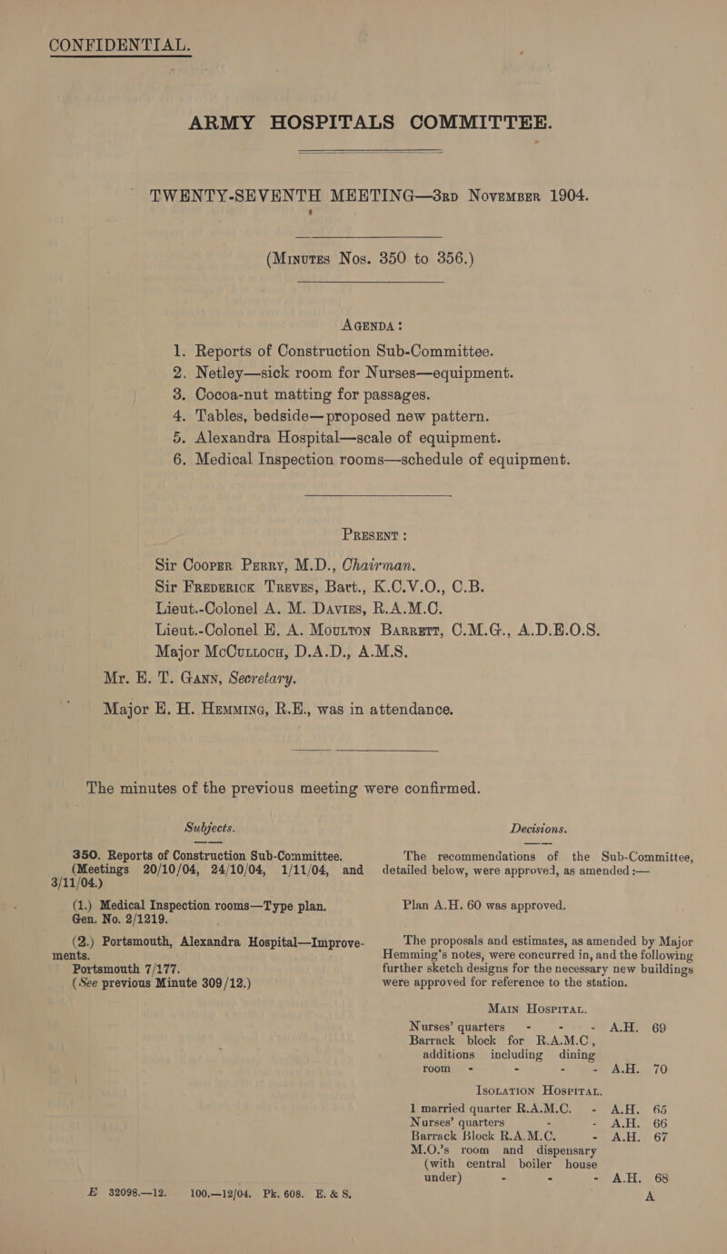 CONFIDENTIAL.  Om WN Mr. EH. T. Gann, Secretary.  Subjects. 350. Reports of Construction Sub-Committee. (Meetings 20/10/04, 24/10/04, 1/11/04, 3/11/04.) (1.) Medical Inspection pcre Tens plan. Gen. No. 2/1219. (2.) Portsmouth, Alexandra Hospital—Improve- ments. Portsmouth 7/177. (See previous Minute 309/12.) and E 3209812. 100.—12/04. Pk. 608. E.&amp;S, Decisions. The recommendations of the Sub-Committee, detailed below, were approved, as amended ;— Plan A.H. 60 was approved. The proposals and estimates, as amended by Major emming’s notes, were concurred in, and the following further sketch designs for the necessary new buildings were approved for reference to the station. Matin Hospitat. Nurses’ quarters - - A.H. 69 Barrack block for R.A.M.C, additions including dining room = ~ - =, AH. 70 Isoration Hosprrat. 1 married quarter R.A.M.C. - A.H. 65 Nurses’ quarters - A.H. 66 Barrack Block R.A.M. C. -, A.H./ 67 M.O.’s room and dispensary (with central boiler house under) - > - A.H. 68