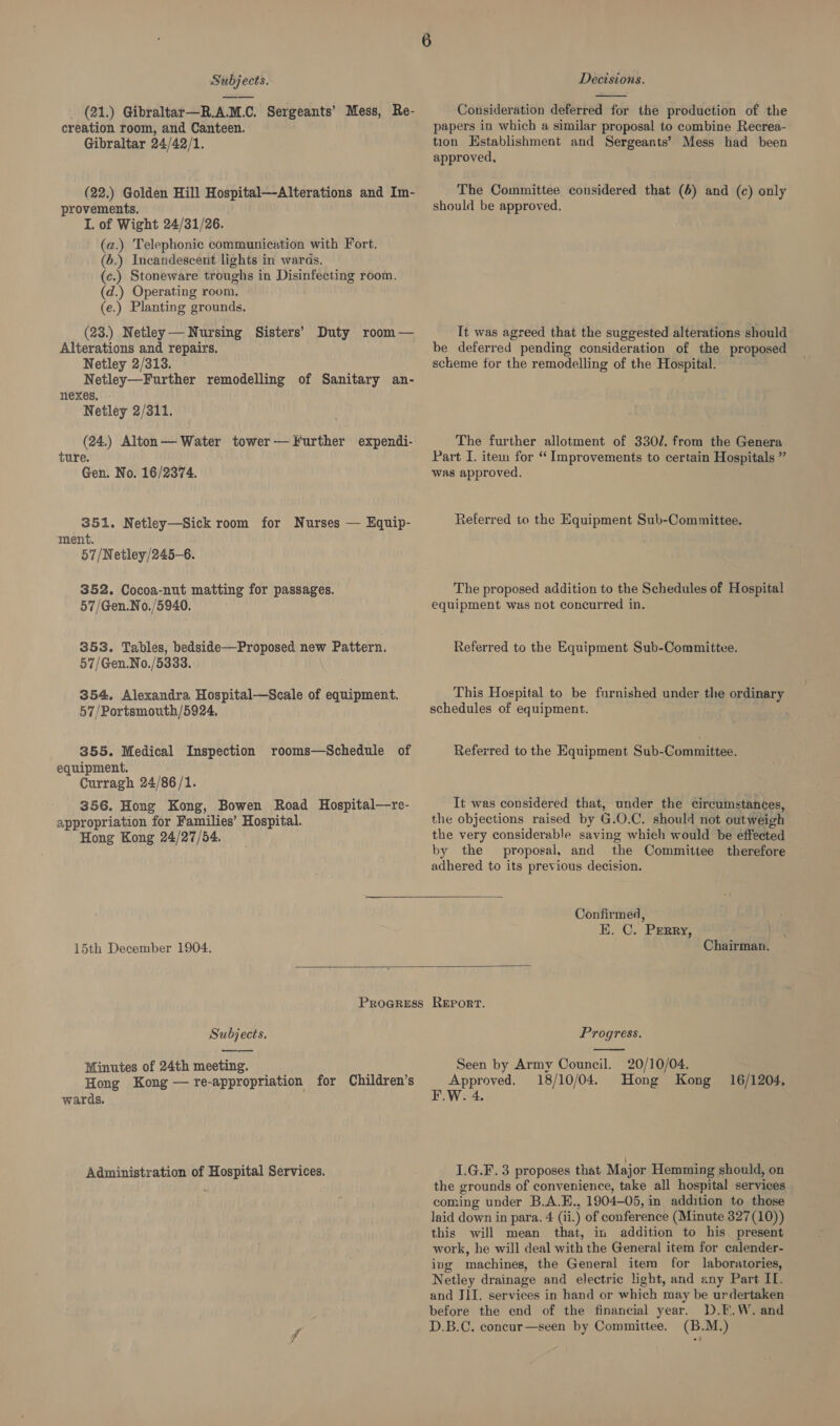  (21.) Gibraltar—R.A.M.C. Sergeants’ Mess, Re- creation room, and Canteen. Gibraltar 24/42/1. (22.) Golden Hill Hospital—Alterations and Im- provements, I. of Wight 24/31/26. (a.) Telephonic communication with Fort. (6.) Incandescent lights in waras. (c.) Stoneware troughs in Disinfecting room. (d.) Operating room. (e.) Planting grounds. (23.) Netley —Nursing Sisters’ Alterations and repairs. Netley 2/313. Netley—Further remodelling of Sanitary an- nexes, Netley 2/311. Duty room — (24.) Alton— Water tower— Further expendi- ture. Gen. No. 16/2374. 351. Netley—Sick room for Nurses — Equip- ment. 57/Netley/245-6. 352. Cocoa-nut matting for passages. 57/Gen.No./5940. 353. Tables, bedside—Proposed new Pattern. 57/Gen.No./5333. 354. Alexandra Hospital—Scale of equipment. 57/Portsmouth/5924, 355. Medical Inspection rooms—Schedule of equipment. Curragh 24/86/1. 356. Hong Kong, Bowen Road Hospital—re- appropriation for Families’ Hospital. Hong Kong 24/27/54. 15th December 1904. Os  Consideration deferred for the production of the papers in which a similar proposal to combine Recrea- tion Establishment and Sergeants’ Mess had been approved, The Committee considered that (6) and (c) only should be approved. It was agreed that the suggested alterations should be deferred pending consideration of the proposed scheme for the remodelling of the Hospital. The further allotment of 3301. from the Genera Part I. item for “ Improvements to certain Hospitals ” was approved. Referred to the Equipment Sub-Committee. The proposed addition to the Schedules of Hospital equipment was not concurred in. Referred to the Equipment Sub-Committee. This Hospital to be furnished under the ontigaty schedules of equipment. Referred to the Equipment Sub-Committee. It was considered that, under the circumstances, the objections raised by G.O.C. should not outweigh the very considerable saving which would be effected by the proposal, and the Committee therefore adhered to its previous decision.  Subjects. Minutes of 24th meeting. Hong Kong — re-appropriation for Children’s wards. Administration of Hospital Services.  Confirmed, E. C. Perry, Chairman. REPORT. Progress. Seen by Army Council. 20/10/04. 18/10/04. Hong Kong 16/1204, Approved. F.W. 4. 1.G.F. 3 proposes that Major Hemming should, on the grounds of convenience, take all hospital services coming under B.A.E., 1904-05, in addition to those laid down in para. 4 (ii.) of conference (Minute 327(10)) this will mean that, in addition to his. present work, he will deal with the General item for calender- ing machines, the General item for laboratories, Netley drainage and electric light, and any Part IT. and JII. services in hand or which may be urdertaken before the end of the financial year. D.E.W. and D.B.C. concur—seen by Committee. (B.M.)