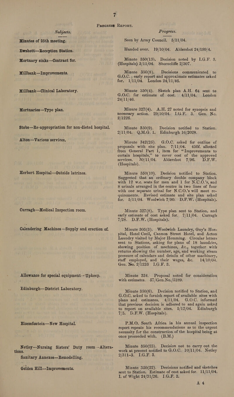 Minutes of 25th meeting. - Ewshott—Reception Station. Mortuary sinks—Contract for. Millbank—Improvements. Millbank—Clinical Laboratory. Mortuaries—Type plan. Alton—Various services, Herbert Hospital—Outside latrines. Curragh—Medical Inspection room. Calendering Machines—Supply and erection of. Allowance for special equipment-- Upkeep. Edinburgh—District Laboratory. Bloemfontein—New Hospital. Netley--Nursing Sisters’ Duty room -—Altera- tions. Sanitary Annexes—Remodelling, Golden Hill—Improvements,  Seen by Army Council. 5/11/04. Handed over. 19/10/04. Aldershot 24/199/4. Minute 350(13). Decision noted by I.G.F. 3. (Hospitals) 3/11/04. Shorncliffe 2/307. Minute 350(8). Decisions communicated to G.O.C. ; early report and approximate estimates asked for. 1/11/04. London 24/11/46. Minute 350(4). Sketch plan A.H. 64 sent to G.O.C. for estimate of cost. 4/11/04. London 24/11/46. Minute 327(4). A.H. 27 noted for synopsis and necessary action. 29/10/04. LG.F. 3. Gen. No. 2/1226. Minute 350(9). 9/11/04. . Q.M.G. 1. Decision notified to Station. Edinburgh 16/2028. Minute 342(25). G.O.C. asked for outline of proposals with site plan. 7/11/04. 450J. allotted from General Part 1, item for “Improvements to certain hospitals,’ to cover cost of the approved services. 80/11/04. Aldershot 7/96. D.F.W. (Hospitals). Minute 350(10). Decision notified to Station. Suggested that an ordinary double company block with 12 w.c. seats for men and 1 for N.C.O.’s, and 8 urinals arranged in the centre in two lines of four with one separate urinal for N.C.O.’s will meet re- quirements. Revised estimate and site plan asked for. 5/11/04. Woolwich 7/90, D.F.W. (Hospitals). Minute 327(8). Type plan sent to Station, and early estimate of cost asked for. 7/11/04. Curragh 7/28. D.F.W. (Hospitals). Minute 305(3). Woolwich Laundry, Guy’s Hos- pital, Hotel Cecil, Cannon Street Hotel, and Acton Laundry visited by Major Hemming. Circular letters’ sent to Stations, usking for plans of 18 laundries, showing position of machines, &amp;c., together with returns showing the number, age, and working steam pressure of calendars and details of other machinery, staff employed, and their wages, &amp;. 14/10/04. Gen. No. 2/1233 I.G.F. 3. Minute 334. with estimates. Proposal noted for consideration 57/Gen.No./5189. Minute 350(6). Decision notified to Station, and G.O.C. asked to furnish report of available sites with plans and estimates. 4/11/04. G.O.C. informed that previous decision is adhered to and again asked to report on available sites. 5/12/04. Edinburgh 7/5. D.EF.W. (Hospitals). P.M.O. South Afriea in his annual inspection report repeats his recommendations as to the urgent necessity for the construction of the hospital being at once proceeded with. (B.M.) Minute 850(23). Decision not to carry out the work at present notified to G.O.C. 10/11/04. Netley 2/311-3. 1.G.F. 3. Minute 350(22). Decisions notified and sketches sent to Station. Estimate of cost asked for. 11/11/04. I. of Wight 24/31/26. I.G.F. 3. A 4