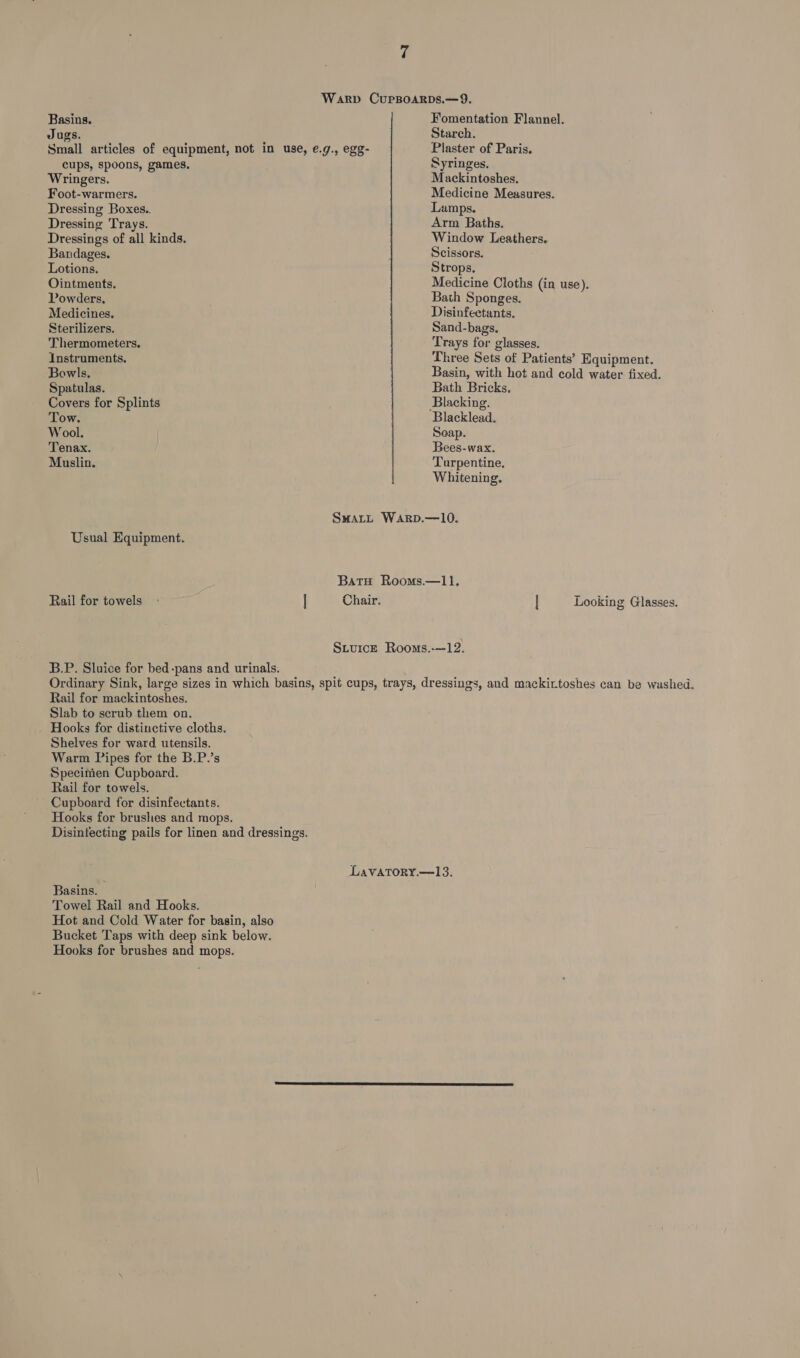 Warp CupsBoarps.—9. Basins. Fomentation Flannel. Jugs. Starch. Small articles of equipment, not in use, e.g., egg- Plaster of Paris. cups, spoons, games, Syringes. Wringers. Mackintoshes. Foot-warmers. Medicine Measures. Dressing Boxes.. Lamps. Dressing Trays. Arm Baths. Dressings of all kinds. Window Leathers. Bandages. Scissors. Lotions. Strops. Ointments. Medicine Cloths (in use). Powders, : Bath Sponges. Medicines. Disinfectants. Sterilizers. Sand-bags. Thermometers. Trays for glasses. Instruments. Three Sets of Patients’ Equipment. Bowls. Basin, with hot and cold water fixed. Spatulas. Bath Bricks, Covers for Splints Blacking. Tow. Blacklead. Wool. Soap. Tenax. » Bees-wax. Muslin. Turpentine, Whitening. SmaLL Warp.—10. Usual Equipment. Batu Rooms.—11, Rail for towels - | Chair. | Looking Glasses. Sturce Rooms.-~12. B.P. Sluice for bed-pans and urinals. Ordinary Sink, large sizes in which basins, spit cups, trays, dressings, and mackirtoshes can be washed. Rail for mackintoshes. Slab to scrub them on. . Hooks for distinctive cloths. Shelves for ward utensils. Warm Pipes for the B.P.’s Specinien Cupboard. Rail for towels. Cupboard for disinfectants. Hooks for brushes and mops. Disintecting pails for linen and dressings. LavatTory.—13. Basins. Towel Rail and Hooks. Hot and Cold Water for basin, also Bucket Taps with deep sink below. Hooks for brushes and mops.