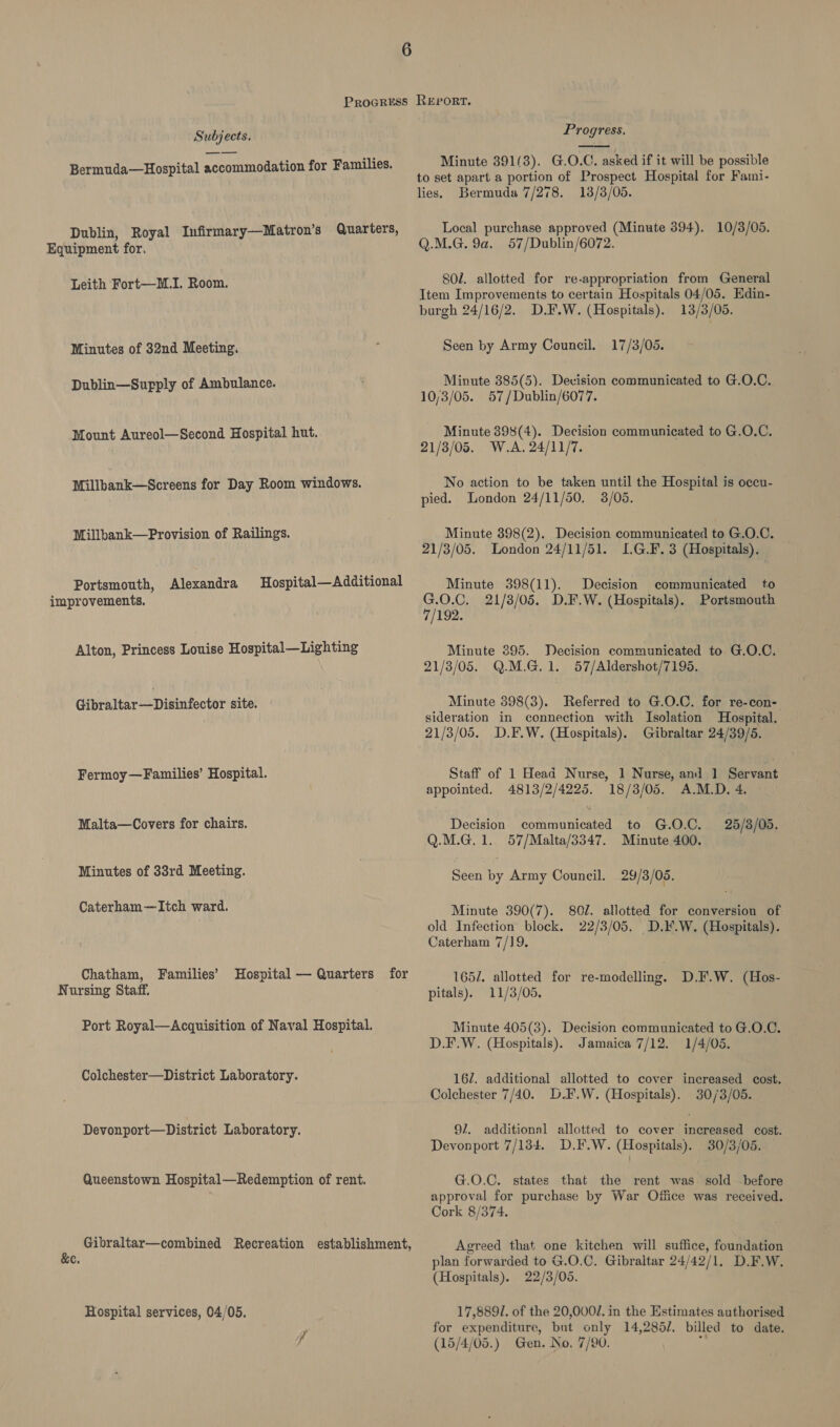 Bermuda—Hospital accommodation for Families. Dublin, Royal Infirmary—Matron’s Quarters, Equipment for, Leith Fort—M.I. Room. Minutes of 32nd Meeting. Dublin—Supply of Ambulance. Mount Aureol—Second Hospital hut. Millhank—Screens for Day Room windows. Millbank—Provision of Railings. Portsmouth, Alexandra improvements. Hospital—Additional Alton, Princess Louise Hospital—Lighting Gibraltar—Disinfector site. Fermoy —Families’ Hospital. Malta—Covers for chairs. Minutes of 33rd Meeting. Caterham—Itch ward. Chatham, Families’ Hospital — Quarters for Nursing Staff. Port Royal—Acquisition of Naval Hospital. Colchester—District Laboratory. Devonport—District Laboratory. Queenstown Hospital—Redemption of rent. Gibraltar—combined Recreation establishment, &amp;eC. Hospital services, 04/05. Progress.  Minute 391/3). G.O.C. asked if it will be possible to set apart a portion of Prospect Hospital for Fami- lies, Bermuda 7/278. 18/3/05. Local purchase approved (Minute 394). 10/3/05. Q.M.G. 9a. 57/Dublin/6072. 804. allotted for re-appropriation from General Item Improvements to certain Hospitals 04/05. Edin- burgh 24/16/2. D.F.W. (Hospitals). 13/3/05. Seen by Army Council. 17/3/05. Minute 885(5). Decision communicated to G.O.C. 10/3/05. 57 /Dublin/6077. Minute 398(4). Decision communicated to G.O.C. 21/3/05. W.A.24/11/7. No action to be taken until the Hospital is occu- pied. London 24/11/50, 3/05. Minute 398(2). Decision communicated to G.O.C. 21/3/05. London 24/11/51. L.G.F. 3 (Hospitals). Minute 398(11). Decision communicated to G.O.C. 21/3/05. D.F.W. (Hospitals). Portsmouth 7/192. Minute 395. Decision communicated to G.O.C. 21/3/05. Q.M.G.1. 57/Aldershot/7195. Minute 398(3). Referred to G.O.C. for re-con- sideration in connection with Isolation Hospital. 21/3/05. D.F.W. (Hospitals). Gibraltar 24/39/65. Staff of 1 Head Nurse, 1 Nurse, and 1 Servant appointed. 4813/2/4225. 18/3/05. A.M.D. 4. - Decision communicated to G.O.C. 25/3/05. Q.M.G. 1. 57/Malta/3347. Minute 400. Seen by Army Council. 29/3/05. Minute 390(7). 801. allotted for conversion of: old Infection block. 22/3/05, D.F.W. (Hospitals). Caterham 7/19. 1652. allotted for re-modelling. D.F.W. (Hos- pitals). 11/3/05. Minute 405(3). Decision communicated to G.O.C. D.F.W. (Hospitals). Jamaica 7/12. 1/4/05. 162. additional allotted to cover increased cost. Colchester 7/40. D.F.W. (Hospitals). 30/3/05. 9/7. additional allotted to cover increased cost. Devonport 7/134. D.F.W. (Hospitals). 30/3/05. G.O.C. states that the rent was. sold before approval for purchase by War Office was received. Cork 8/374. Agreed that one kitchen will suffice, foundation plan forwarded to G.O.C. Gibraltar 24/42/1. D.F.W. (Hospitals). 22/3/05. 17,8891. of the 20,0002. in the Estimates authorised for expenditure, but only 14,2852. billed to date. (15/4/05.) Gen. No. 7/90. :