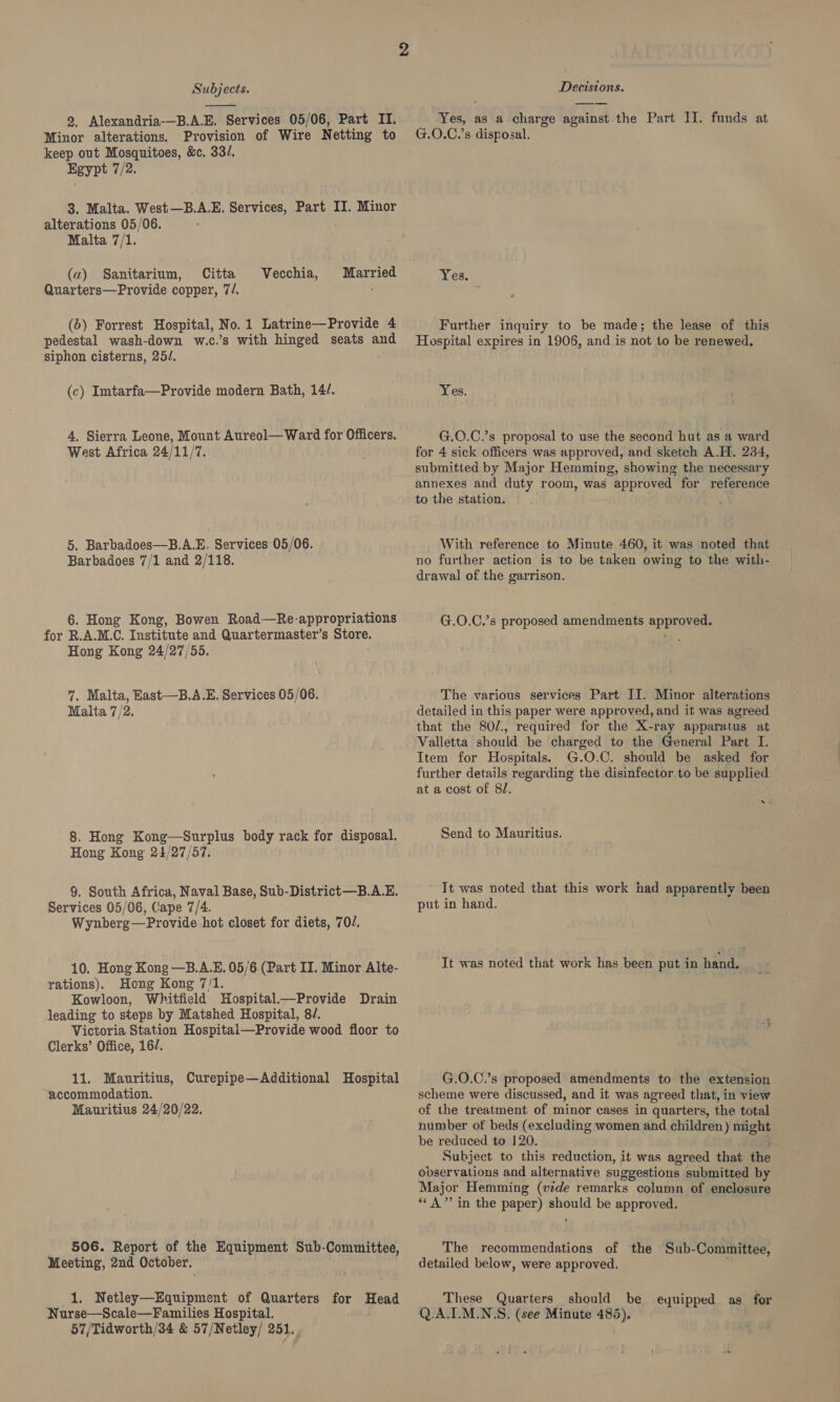  9, Alexandria-—B.A.E. Services 05/06, Part II. Minor alterations. Provision of Wire Netting to keep out Mosquitoes, &amp;c, 33/. Egypt 7/2. 3. Malta. West —B.A.E. Services, Part II. Minor alterations 05/06. Malta 7/1. (2) Sanitarium, Citta Vecchia, Married Quarters—Provide copper, 7/. (6) Forrest Hospital, No.1 Latrine—Provide 4 pedestal wash-down w.c.’s with hinged seats and siphon cisterns, 25/, (c) Imtarfa—Provide modern Bath, 14/. 4, Sierra Leone, Mount Aureol—Ward for Officers. West Africa 24/11/7. 5. Barbadoes—B.A.E. Services 05/06. Barbadoes 7/1 and 2/118. 6. Hong Kong, Bowen Road—Re-appropriations for R.A.M.C. Institute and Quartermaster’s Store. Hong Kong 24/27/55. 7. Malta, East—B.A.E. Services 05/06. Malta 7/2. 8. Hong Kong—Surplus body rack for disposal. Hong Kong 24/27/57. §. South Africa, Naval Base, Sub-District—-B.A.E. Services 05/06, Cape 7/4. Wynberg—Provide hot closet for diets, 70J. 10. Hong Kong —B.A.E, 05/6 (Part II. Minor Alte- rations). Heng Kong 7/1. Kowloon, Whitfield Hospital_—Provide Drain leading to steps by Matshed Hospital, 8/. Victoria Station Hospitai—Provide wood floor to Clerks’ Office, 16/. 11. Mauritius, Curepipe—Additional Hospital “accommodation. Mauritius 24/20/22. 506. Report of the Equipment Sub- “Committee, Meeting, 2nd October. 1. Netley—Equipment of Quarters for Head Nurse—Scale—Families Hospital. 57/Tidworth/34 &amp; 57/Netley/ 251. Decisions. Yes, as a charge against the Part IT. funds at G.O.C.’s disposal. Yes. Further inquiry to be made; the lease of this Hospital expires in 1906, and is not to be renewed. Yes. G.C.C.’s proposal to use the second hut as 4 ward for 4 sick officers was approved, and sketch A.H. 234, submitted by Major Hemming, showing the necessary annexes and duty room, was approved for reference to the station. With reference to Minute 460, it was noted that no further action is to be taken owing to the with- drawal of the garrison. G.O.C.’s proposed amendments approved. The various services Part II. Minor alterations detailed in this paper were approved, and it was agreed that the 80/., required for the X-ray apparatus at Valletta should be charged to the General Part I. Item for Hospitals. G.O.C. should be asked for further details regarding the disinfector to be supplied at a cost of 8/. x Send to Mauritius. ~ It was noted that this work had apparently been put in hand. It was noted that work has been put in hand. G.O.C.’s proposed amendments to the extension scheme were discussed, and it was agreed that, in view of the treatment of minor cases in quarters, the total number of beds (excluding women and children ) might be reduced to | 20. Subject to this reduction, it was agreed that the opservations and alternative suggestions submitted by Major Hemming (vide remarks column of enclosure “A” in the paper) should be approved. The recommendations of the Sub-Committee, detailed below, were approved. These Quarters should be equipped as. for Q.A.I.M.N.S, (see Minute 485),