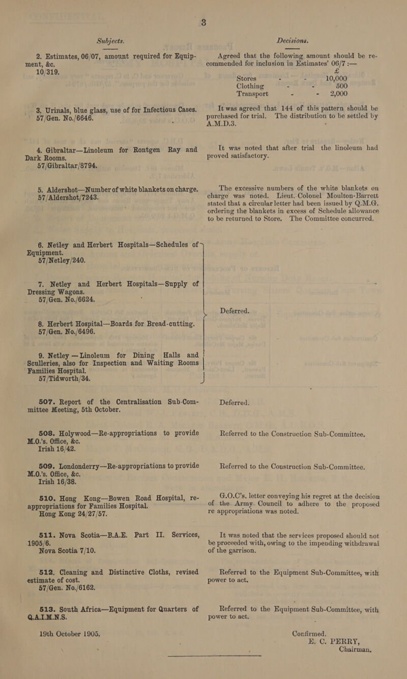 2. Estimates, 06/07, amount required for Equip- ment, &amp;c. 10/319. 3. Urinals, blue glass, use of for Infectious Cases. 57/Gen. No./6646. 4, Gibraltar—Linoleum for Rontgen Ray and Dark Rooms. 57/Gibraltar/8794. 5. Aldershot—Number of white blankets on charge. 57/Aldershot/7243. Equipment. 57/Netley /240. Dressing Wagons. 57/Gen. No./6624. 8. Herbert Hospital—Boards for Bread-cutting. 57/Gen. No./6496. 9. Netley —Linoleum for Dining Halls and Sculleries, also for Inspection and Waiting Rooms Families Hospital. 57/Tidworth/34. 507. Report of the Centralisation Sub-Com- mittee Meeting, 5th October. 508. Holywood—Re-appropriations to provide M.0.’s. Office, &amp;c. Irish 16/42. 509. Londonderry—Re-appropriations to provide M.0.’s. Office, &amp;c. Irish 16/38. 510. Hong Kong—Bowen Road Hospital, re- appropriations for Families Hospital. Hong Kong 24/27/57. 511. Nova Scotia—B.A.E. Part II. Services, 1905/6. Nova Scotia 7/10. 512. Cleaning and Distinctive Cloths, revised estimate of cost. 57/Gen. No./6162. 513. South Africa—Equipment for Quarters of Q.A.I.M.N.S. 19th October 1905,  Agreed that the following amount should be re- commended for inclusion in Estimates’ 06/7 :— Stores - - 10,000 Clothing - - 500 Transport - - 2,000 It was agreed that 144 of this pattern should be purchased for trial. The distribution to be settled by A.M.D.3. ; It was noted that after trial the linoleum had proved satisfactory. The excessive numbers of the white blankets on charge was noted. Lieut.-Colonel Moulton-Barrett stated that a circular letter had been issued by Q.M.G. ordering the blankets in excess of Schedule allowance to be returned to Store. The Committee concurred. Deferred. Deferred. Referred to the Construction Sub-Committee. Referred to the Construction Sub-Committee. G.O.C’s. letter conveying his regret at the decision of the Army. Council to adhere to the proposed re appropriations was noted. It was noted that the services proposed should not be proceeded with, owing to the impending withdrawal of the garrison. Referred to the Equipment Sub-Committee, with power to act. Referred to the Equipment Sub-Committee, with power to act. Confirmed. E. C. PERRY, Chairman,