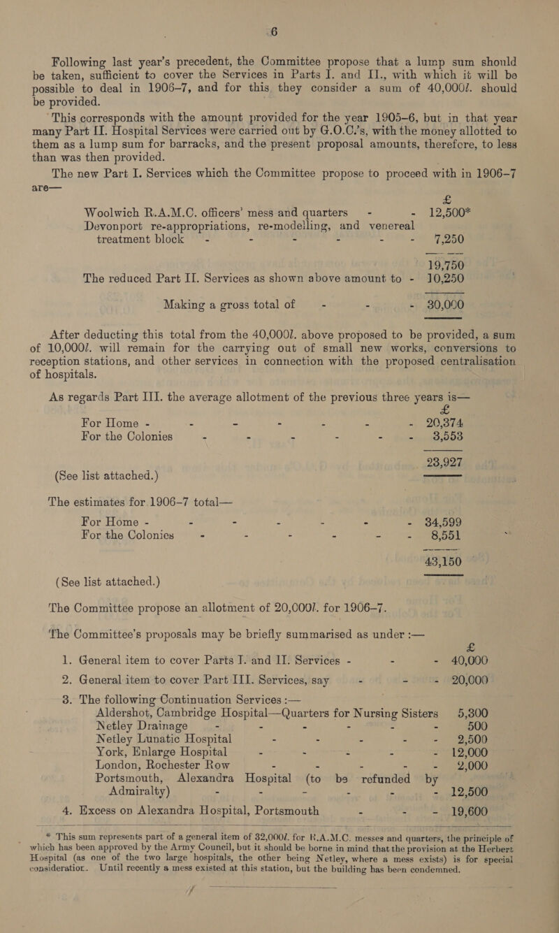 6 Following last year’s precedent, the Committee propose that a lump sum should be taken, sufficient to cover the Services in Parts I. and II., with which it will be possible to deal in 1906-7, and for this they consider a sum of 40,000/. should be provided. 7 This corresponds with the amount provided for the year 1905-6, but in that year many Part [I. Hospital Services were carried out by G.O.C.’s, with the money allotted to them as a lump sum for barracks, and the present proposal amounts, therefcre, to less than was then provided. | The new Part I. Services which the Committee propose to proceed with in 1906-7 are—  £ Woolwich R.A.M.C. officers’ mess and quarters” - - 12,500* Devonport re-appropriations, re-modeiling, and venereal | treatment block = - - - - - - 7,250 19,750 The reduced Part II. Services as shown above amount to - 10,250 Making a gross total of - - - 30,090  After deducting this total from the 40,0001. above proposed to be provided, a sum of 10,0007. will remain for the carrying out of small new works, conversions to reception stations, and other services in connection with the proposed centralisation — of hospitals. As regards Part III. the average allotment of the previous three years is—  For Home - - - - . nu BO See For the Colonies “ - 2 - : me ginny a cb Bees  (See list attached.) The estimates for 1906-7 total— For Home - - ° - - - - 34,599 For the Colonies ° - - - - = bee : 43,150  (See list attached.) ‘The Committee propose an allotment of 20,000/. for 1906-7. The Committee’s proposals may be briefly summarised as under :— £ 1. General item to cover Parts J. and II. Services - - - 40,000 2. General item to cover Part III. Services, say - - - 20,000 3. The following Continuation Services :— Aldershot, Cambridge Hospital—Quarters for Nursing Sisters 5,300 Netley Drainage - . : : 4 500 Netley Lunatic Hospital . : - - - 2,500 York, Enlarge Hospital - - - - - 12,000 London, Rochester Row : “ 2 - - °2,000 Portsmouth, Alexandra Hospital (to bs refunded by Admiralty) - - - . = - 12,500 4. Excess on Alexandra Hospital, Portsmouth - - - 19,600   : * This sum represents part of a general item of 32,000/. for K.A.M.C. messes and quarters, the principle of which has been approved by the Army Council, but it should be borne in mind that the provision at the Herbert Hospital (as one of the two large hospitals, the other being N etley, where a mess exists) is for special consideratior. Until recently a mess existed at this station, but the building has been condemned.  f