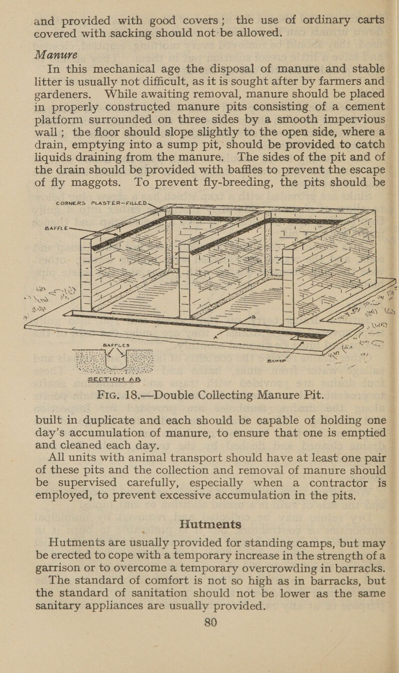 and provided with good covers; the use of ordinary carts — covered with sacking should not-be allowed. Manure In this mechanical age the disposal of manure and stable litter is usually not difficult, as it is sought after by farmers and gardeners. While awaiting removal, manure should be placed in properly constructed manure pits consisting of a cement platform surrounded on three sides by a smooth impervious wall; the floor should slope slightly to the open side, where a drain, emptying into a sump pit, should be provided to catch liquids draining from the manure. The sides of the pit and of the drain should be provided with baffles to prevent the escape. of fly maggots. To prevent fly-breeding, the pits should be CORNERS PLASTER—FILLED BAFFLE SECTION AB Fic. 18.—Doubie Collecting Manure Pit. built in duplicate and each should be capable of holding one day’s accumulation of manure, to ensure that one is emptied and cleaned each day. All units with animal transport should have at least one pair of these pits and the collection and removal of manure should be supervised carefully, especially when a contractor is employed, to prevent excessive accumulation in the pits. Hutments Hutments are usually provided for standing camps, but may be erected to cope with a temporary increase in the strength of a garrison or to overcome a temporary overcrowding in barracks. The standard of comfort is not so high as in barracks, but the standard of sanitation should not be lower as the same sanitary appliances are usually provided. 80   