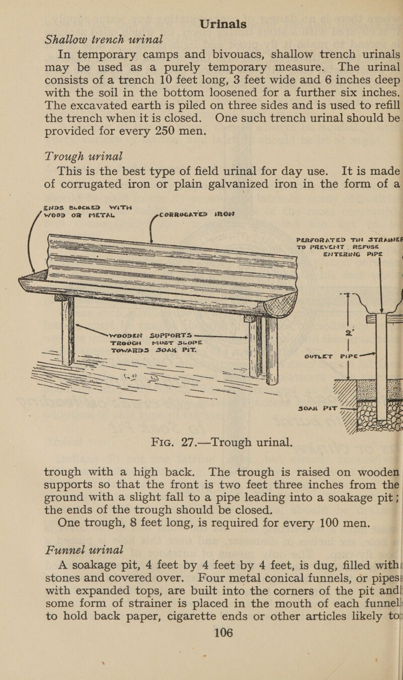   Urinals Shallow trench urinal In temporary camps and bivouacs, shallow trench urinals may be used as a purely temporary measure. The urinal consists of a trench 10 feet long, 3 feet wide and 6 inches deep with the soil in the bottom loosened for a further six inches. The excavated earth is piled on three sides and is used to refill the trench when it is closed. One such trench urinal should be provided for every 250 men. Trough urinal This is the best type of field urinal for day use. It is made of corrugated iron or plain galvanized iron in the form of a ENDS BLOCKED WiTh WOOD OR METAL CORRUGATED IRON PERFORATED TIN STRAINEF TO PREVENT . REFUSE ENTERING PIPE | i ts Pat, ae SUPPORT S ———___, i ¢!  TROUGH MUST SLOPE at | TOWARDS SOAK PIT.  Fic. 27.—Trough urinal. trough with a high back. The trough is raised on wooden supports so that the front is two feet three inches from the ground with a slight fall to a pipe leading into a soakage pit; the ends of the trough should be closed. One trough, 8 feet long, is required for every 100 men. Funnel urinal A soakage pit, 4 feet by 4 feet by 4 feet, is dug, filled with! stones and covered over. Four metal conical funnels, or pipes with expanded tops, are built into the corners of the pit and! some form of strainer is placed in the mouth of each funnel to hold back paper, cigarette ends or other articles likely to’ 106 | 