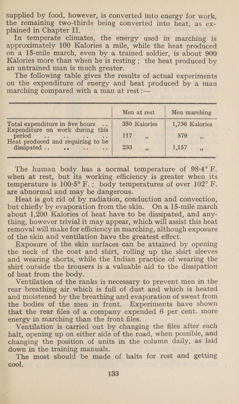 supplied by food, however, is converted into energy for work, the remaining two-thirds being converted into heat, as ex- plained in Chapter II. In temperate climates, the energy used in marching is approximately 100 Kalories a mile, while the heat produced on a 15-mile march, even by a trained soldier, is about 900 Kalories more than when he is resting ; the heat produced by an untrained man is much greater. The following table gives the results of Sova experiments on the expenditure of energy and heat produced by a man marching compared with a man at rest :—  Men at rest Men marching Total expenditure in five hours .. 350 Kalories 1,736 Kalories Expenditure on work during this period ; 117 “A 579 &amp; Heat produced and requiring to be dissipated . oe é 233 5% 1,157 9?  The human body has a normal temperature of 98-4° F. when at rest, but its working efficiency is greater when its temperature is 100-5° F.; body temperatures of over 102° F. are abnormal and may be dangerous. Heat is got rid of by radiation, conduction and convection, but chiefly by evaporation from the skin. Ona 15-mile march about 1,200 Kalories of heat have to be dissipated, and any- thing, however trivial it may appear, which will assist this heat removal will make for efficiency in marching, although exposure of the skin and ventilation have the greatest effect. Exposure of the skin surfaces can be attained by opening the neck of the coat and shirt, rolling up the shirt sleeves and wearing shorts, while the Indian practice of wearing the shirt outside the trousers is a valuable aid to the dissipation of heat from the body. Ventilation of the ranks is necessary to prevent men in the rear breathing air which is full of dust and which is heated and moistened by the breathing and evaporation of sweat from the bodies of the men in front. Experiments have shown that the rear files of a company expended 6 per cent. more energy in marching than the front files. Ventilation is carried out by changing the files after each halt, opening up on either side of the road, when possible, and changing the position of units in the column daily, as laid down in the training manuals. The most should be made of halts for rest and getting cool,