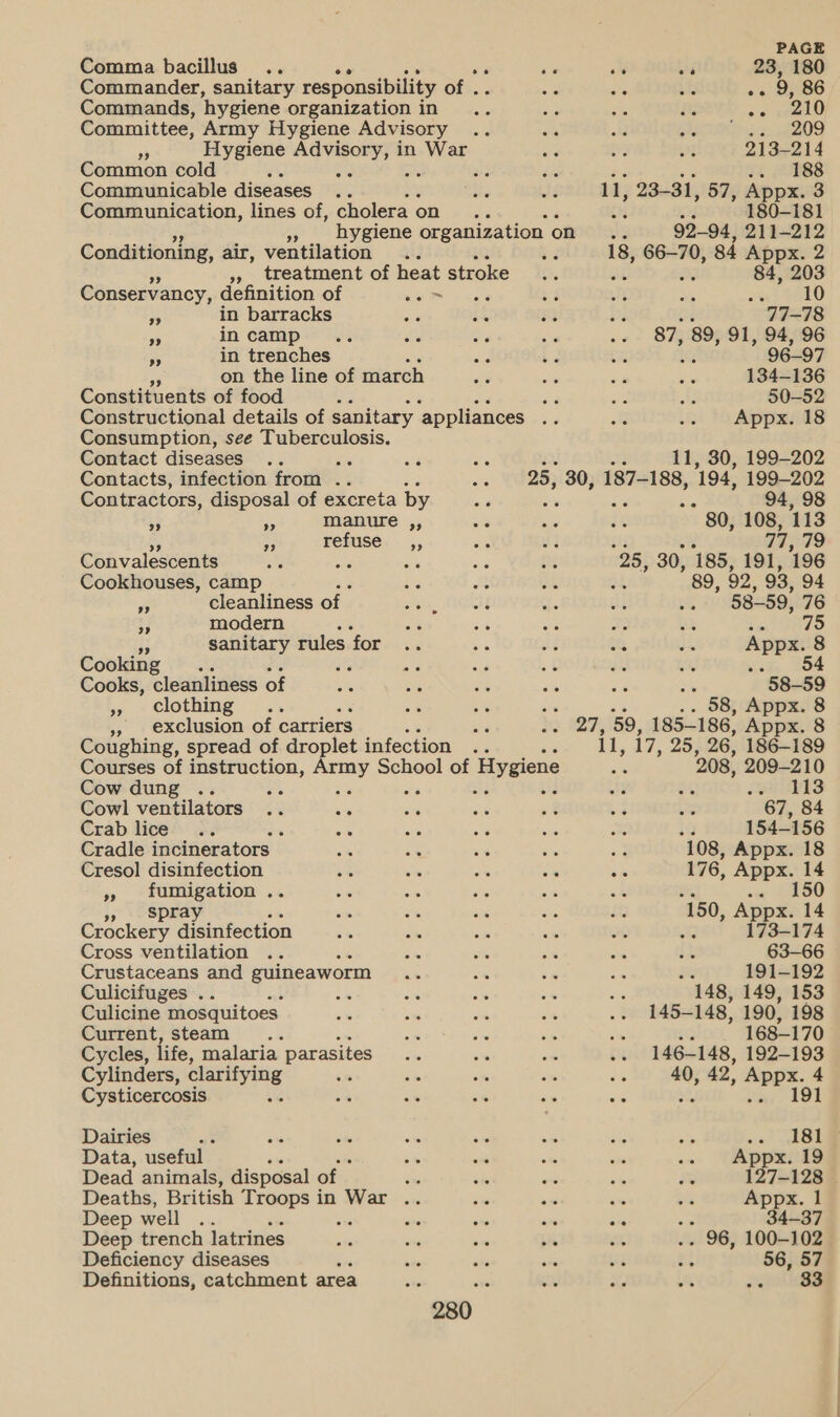 Comma bacillus .. ne tte me ay 23, 180 Commander, sanitary responsibility OFF,.3 Bee ae hy o. 9, 86 Commands, ‘hygiene organization in... ens rh a oo ea) Committee, Army Hygiene Advisory .. oa oi PRI oS hd Hygiene rif see in War ae aS ae 213-214 Common cold : are a3 ju 188 Communicable diseases .. Rite Jé vi; 23-31, 57, Appx. 3 Communication, lines of, choleraon .. ‘ 180-181 » bygiene organization on AF 92-94, 211-212 Conditioning, air, ventilation .. Wd 18, 66-70, 84 Appx. 2 », treatment of heat stroke (i. 84, 203 Conservancy, definition of gee &gt; Keck 4 Ad's iva ies $400 Ki in barracks &lt; ok ie sy 77-78 re incamp .. A oe e aie 87, 89, 91, 94, 96 rs in trenches ee be ee 96-97 on the line of march “3 stg os be 134-136 Constituents of food ea a hd 50-52 Constructional details of sanitary ‘appliances ie a .. Appx. 18 Consumption, see Tuberculosis. Contact diseases .. és ae on : 11, 30, 199-202 Contacts, infection from .. si 25, 30, 187-188, 194; 199-202 Contractors, disposal of excreta by a a : 94, 98 $3 i manure ,, sid ae ée  80, 108, 113 is, 93 refuse ,, ae uy a ao 79 Convalescents oe wad os ae ote 25, 30, ‘185, 191, 196 Cookhouses, camp Se a ex =e 89, 92, 93, 94 3 cleanliness of | seig, PISS +7 ibs .. 58-59, 76 33 modern oe sis ova a ae So, GRO i sanitary rules for .. - ue a&amp; fe Appx. 8 Cooking ui ele sel ak ay ae . 54 Cooks, cleanliness of = a4 &lt;a ais &lt;™ : 58-59 », Clothing .. “- + rT 58, Appx. 8 », exclusion of carriers ae iS. 2295 59, 185-186, Appx. 8 Coughing, spread of droplet infection .. a il, 17, 25, 26, 186-189 Courses of instruction, Army School of ae ak 208, 209-210 Cow dung .. a Pe os j id e ot SSA UvES Cowl ventilators .. &lt;% ‘ina ala af wa s- 67, 84 Crab lice .. os sa ar sus ot ig 154-156 Cradle incinerators — s% oe as a «4 108, Appx. 18 Cresol disinfection &gt; whe os s a 176, Appx. 14 » fumigation .. bs a ae sas ok 150 &gt;») CSpray ante ae are on ke : 150, Appx. 14 Crockery disinfection é% ion of _ He : 173-174 Cross ventilation .. aie is 7 hs 34 63-66 Crustaceans and guineaworm 5 is a8 a: a 191-192 Culicifuges .. a os rr = she 148, 149, 153 Culicine mosquitoes és as oe an .. 145- 148, 190, 198 Current, steam ; i. ve is on : 168-170 Cycles, life, malaria parasites 5 on es cH 146-148, 192-193 Cylinders, ar o6 * % a oa 40, 42° Appx. 4 Cysticercosis ; ae a6 ie on ts &gt;, Nay 281 Dairies ae ane oh ot ee &lt; hs AS cat cghere Data, useful -% —— ake iy -. VAppeids Dead animals, disposal of on ox we wis Bs 127-128 Deaths, British Troops in War .. es as at oa Appx. 1 Deep well .. te om ns ote “&gt; 34-37 Deep trench latrines ss ee oe bi % .. 96, 100-102 Deficiency diseases _ te she va Be 56, 57 Definitions, catchment area he 1“ “at ww LR ao ok ee