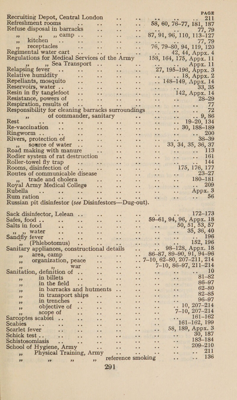 Recruiting Depot, Central pendcn Refreshment rooms Refuse oe in barracks ” : camp . ss kitchen » receptacles he Regimental water cart... x Regulations for Medical Services of the Amy »» Sea ee a Zs ne Relapsing fever Relative humidity Repellants, mosquito Reservoirs, water .. Resin in fly tanglefoot Resistance, powers of Respiration, results of .. Responsibility for cleaning barracks surroundings 5 of aimee os ety ae Rest a a i se ‘ Re-vaccination gworm . _ Rivers, protection of »» source of water Road making with manure Rodier system of rat destruction Roller-towel fly trap : Rooms, disinfection of : Routes of communicable disease. », trade and cholera Royal Army Medical sats Rubella is Rum ration Sack disinfector, Lelean .. Safes, food . ‘ Salts in food se », water Sandfly fever ‘ e (Phlebotomus) ae Sanitary appliances, constructional details »» area, camp é Be a organization, peace war Sanitation, definition Of a. oe in billets i in the field P ee 5 in barracks and hutments Be 3 in transport ships in trenches objective of scope of Sarcoptes scabiei .. Scabies Scarlet fever oe is a ay Schick test . a es oP a Schistosomiasis .. we aia School of Hygiene, Army Physical Appauing, Army a 3? 39 39 99 a3 39 291 PAGE 211 58, 60, Leehds 181, 187 77, 79 87, 91, 96, 110, 113-127 bis an 77,79 76, 79-80, 94, 119, 120 42, 44, Appx. 4 158, 164, 175, ‘Appx. 11 Appx. 11 27, 195-196, Appx. 3 18, VAPPX- 2 . 148-149, Appx. 14 33, 35 142, Appx. 14 28-29 77 72 .. 9, 86 -. 19-20, 134 . 30, 188-189 .-. 200 38-39 33, 34, 35, 36, 37 113 161 oft . 144 175, 176, 177 ‘a 23-27 180-181 nie OO Appx. 3 .. 96 172-173 59-61, 94, 96, epee 18 , 03, 57 35° 36, 40 196 a6 152, 196 .. 98-128, Appx. 18 86-87, 89-90, 91, 94-96 aids) 7-10, 86-97, , 211-214 81-82 86-97 62-80 82-85 bye 96-97 .. 10, 207-214 7- 10, 207-214 iis 161-162 161-162, 199 58, 189, Appx. 3 30, 183-184 209-210 Je. aa 136