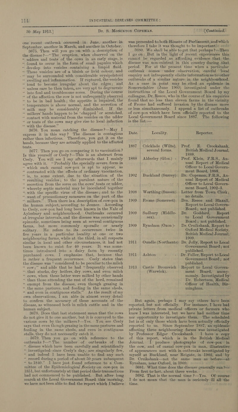 \i4   30 May 1913.]  ° [Continied!   one recent outbreak occurred) in» June, anothers in September, another in March, and another in’ October. 3675. Then will you go on with (a. description! of the disease &gt;—‘‘ The eruption, when observed on the “ ndders and teats of the cows in an early stage, is “ found to occur in the form of small papules which “ develop into vesicles containing a limpid fiuid. ‘ These vesicles are of a bluish or livid colour, and ‘ may be surrounded with considerable erysipelatoid ‘ swelling and inflammation. If ruptured, the vesicles “tend to become irregular about the edges; and ‘ unless care be then taken, are very apt to degenerate ‘into foul and troublesome sores. During the course of the affection the cow is not unfrequently observed “ to be in bad health; the appetite is impaired, the “ temperature is above normal, and the secretion of milk may be considerably diminished. If the ‘“ milkers’ hands happen to be ‘chapped’ or scratched, contact with material from the vesicles on the udder or teats of the cows may give rise to local infection with the disease.” 3676. You mean catching the disease?—May I express it in this way? The disease is contagious rather than infectious. Therefore, you get it on the hands, because they are actually applied to the affected teats. 3677. Then you go on comparing it to vaccination ? Is this yourself or Ceely ?—This is an abstract from Ceely. You will see I say afterwards that I mainly agree with it. ‘‘ Probably the specially severe form in ‘ which such casual cow-pox is apt to appear, as contrasted with the effects of ordinary vaccination, “ is, to some extent, due to the situation of the “ yesulting vesicles; to the purulent nature of the ‘ secretion from the sores on the cows’ teats or udder, “ whereby septic material may be inoculated together with the specific virus of the disease;.and to ‘the want of precautionary measures on the part of the milkers.” Then there isa description of cow-pox in the human subject, according to Jenner. According to Ceely, cow-pox had long been known in the Vale of Aylesbury and neighbourhood. Outbreaks occurred at irregular intervals,and the disease was occasionally epizootic, sometimes being seen at several contiguous farms, but more commonly sporadic or nearly solitary. He refers to. its occurrence twice: in five years in a particular locality at one or two neighbouring farms, while at the third, in all respects similar in local and other circumstances, it had not been known to exist for 40 years. It was some- times introduced into a dairy farm by recently purchased cows. I emphasize that, because that is rather a frequent occurrence. Ceely states that the disease was ‘‘ considered to be peculiar to the milch “ cow;” and adds that he had “frequently observed ‘‘ that sturks, dry heifers, dry cows, and even milch ** eows, when these latter were milked by other hands ‘“ than those attending the rest of the herd, remained *“ exempt from the disease, even though grazing in *“ the same pastures, and feeding in the same sheds, * and even in contiguous stalls.”” As the result of my own observations, I am able in almost every detail to confirm the accuracy of these accounts of the disease, as witnessed both in milch cattle and in the human subject. 3678. Does that last statement mean that the cows do not give it to one another, but it is conveyed to the various cows by the milkers?—Yes. You see Ceely says that even though grazing in the same pastures and feeding in the same sheds, and even in contiguous stalls, they do not necessarily catch it. 3679. Then you go on with reference to the outbreaks P—‘* The number of outbreaks of the ** disease which have been carefully and scientifically * investigated since Ceely’s day, are singularly few, ‘and indeed I have been unable to find any such ‘ record during a period of about 50 years subsequent * to 1840.” I have just found reference to a Com- mittee of the Epidemiological Society-on cow-pox in 1851, but unfortunately at that period their transactions had not commenced to be published. But after long search at the Local Government Board, this morning, we have not been able to find the report which I believe . . . ” © . Pa ” .  ‘ was presented to both Houses of Parliament, and which therefore I take it was thought to be important/ sou% 3680. We shall be able to get that perhaps ?+-Then I goon: But in the light of recent experiences this’ cannot be regarded .as affording evidence that ‘the disease was non-existent in this country during that period. For at the present time when a particular outbreak . comes ‘under - observation, careful ~ local enquiry not infrequently elicits information as to other outbreaks of a similar nature in the neighbourhood. As a case in point may be cited an epidemie in Somersetshire (June 1909) investigated under the instructions of the Local Government Board by my colleague, Dr. Reece, who in the course of his enquiries found that no less than eleven farms in the vicinity of Frome had suffered invasion by the disease more or less simultaneously. I append a list of outbreaks of cow-pox which have been officially reported to the Local Government Board since 1887. The following is the list :—  Date. | Locality. Reporter. ' | 1887 | Cricklade (Wilts), several forms.  Prof. HE. Crookshank, British Medical Journal, 1888. Prof. Klein, F.R.S., An- nual Report of Medical Officer to Local Govern- + ment Board, 1888. | Dr. Copeman, F.R.S8., An- _ nual Report of Medical | Officer to Local Govern- | ment Board, 1902-3. Letter from Town Clerk; no details. J BEG . Drs. Reece and Blaxall, Report to Local Govern- Board; not published. Dr. Goddard, Report to Local Government Board ; not published. | Dr. Cruikshank, Report to | Oxford Medical Society, British Medical Journal, 1909. Oundle (Northants) Dr. Jolly, Report to Local Government Board ; not published. ; - Dr. Faller, Report to Local Government Board ; not , _ published. Castle Bromwich Report to Local Govern- (Warwick). ment Board, anony- mously. Investigated by Dr. Robertson, Medical Officer of Health, Bir- minghain. 1888 | Alderley (Glos.) - 1902 | Buckland (Surrey) 1908 | Worthing (Sussex) 1909 | Frome (Somerset) { | 1909 | Sudbury (Middle- sex). 1909  Eynsham (Oxon )- 1911 1911 | Ashton 2   But again, perhaps I may say others have been reported, but not officially. For instance, I have had private letters from medical officers or farmers who knew I was interested, but we have had neither time nor opportunity to investigate them, The scheduled list is of only those which have been actually officially reported to us. Since September 1887, an epidemic affecting three neighbouring farms was investigated by Professor Edgar Crookshank. I have a copy of this report, which is in the British Medical — Journal. I produce photographs of cow-pox in the cow, and of casual cow-pox in man, illustrative of appearances met with in outbreaks investigated by myself at Buckland, near Reigate, in 1902, and’ by Dr. Cruikshank—not the same man as before—at Eynsham, near Oxford, in 1909. 3 ee 3681. What time does the disease generally run ?—= From first to last, about three weeks. — yy 3682. That is the normal time ?&gt;—Yes. Of course I do not mean that the man is seriously ill all the time. aa Te eae ¥