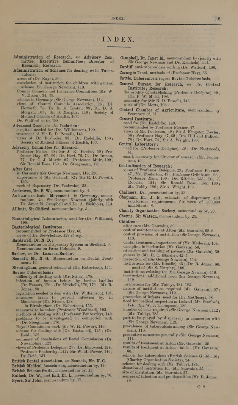   Administration of Research, see Advisory Com- mittee; Executive Committee; Director of Research; Research. Administration of Schemes for dealing with Tuber- culosis : areas of (Dr. Kaye), 36. correlation of institution for children with general scheme (Sir George Newman), 113. County Councils and Insurance Committees (Mr. W. V. Dixon), 34, 35. scheme in Germany (Sir George Newman), 114. views of County Councils Association, 26; Df. Howarth, 75; Dr. R. A. Lyster, 93; Dr. D. J. Morgan, 107; Sir 8. Murphy, 110; Society of Medical Officers of Health, 163. - Dr. Walford as to, 188. Advanced Cases, see also Isolation : hospitals needed for (Dr. Williamson), 190. treatment of (Sir R. D. Powell), 145. views of Dr. Fosbroke, 33; Dr. Radcliffe, Society of Medical Officers of Health, 163. Advisory Committee for Research: Professor Fisher, 45; Sir J. K. Fowler, 50; Pro- fessor Hay, 67, 68; Dr. Hort, 72, 73; Dr. Inman, 77; Dr. C. J. Martin, 97; Professor Muir, 109 ; Sir Ronald Ross, 160; Dr. Steegmann, 176. After Care : in Germany (Sir George Newman), 118, 120. importance of (Mr. Garland), 52; (Sir R. D. Powell), 145. work of dispensary (Dr. Fosbroke), 33. Andrewes, Dr. F. W., memorandum by, 4. Anti-tuberculosis Movement in Germany, memo- randum, &amp;c., Sir George Newman (jointly with Dr. Janet M. Campbell and Dr. A. Hichholz), 114. Allbutt, Sir Clifford, memorandum by, 5. 150 ; Bacteriological Laboratories, need for (Dr. Williams), 190. Bacteriological Institutes : recommended by Professor Hay, 68. views of Dr. Newsholme, 128 et seq. Bardswell, Dr. N. D.: Memorandum on Dispensary System in Sheffield, 6. Memorandum on Farm Colonies, 9. Barlow, see Dr. Lazarus-Barlow. Bennett, Mr. N. G., Memorandum on Dental Treat- ment, 13. Birmingham, general scheme at (Dr. Robertson), 155. Bovine Tuberculosis : difficulty of dealing with (Mr. Stiles), 178. infection of human beings by bovine bacillus (Dr. Fraser), 178; (Dr. Mitchell), 178,179; (Mr. R. Jones), 80. legislation needed to deal with (Dr. Williamson), 191. measures taken to prevent infection by, in Manchester (Dr. Niven), 138. in Birmingham (Dr. Robertson), 155. -measures to be taken (Professor Woodhead), 193. methods of dealing with (Professor Penberthy), 142. problems to be investigated in connection with (Dr. Steegmann), 176. Royal Commission work (Sir W. H. Power), 146. scheme for dealing with (Dr. Eastwood), 125; (Dr. Reid), 152. summary of conclusions of Royal Commission (Dr. Newsholme), 122. views of Professor Delépine, 27; Dr. Eastwood, 124; Professor Penberthy, 141; Sir W. H. Power, 146; Dr. Reid, 151. British Dental Association, see Bennett, Mr. N. G. British Medical Association, memorandum by, 14. British Science Guild, memorandum by, 15. Bulloch, Dr. W., and Hill, Dr. L., memorandum by, 70. Byers, Sir John, memorandum by, 17. Campbell, Dr. Janet M., memorandum by (jointly with Sir George Newman and Dr. Hichholz), 114. Cardiff, anti-tuberculosis work in (Dr. Walford), 186, Carnegie Trust, methods of (Professor Hay), 65. Cattle, Tuberculosis in, see Bovine Tuberculosis. Central Bureau for Research, see also Central Institute; Research : desirability of establishing (Professor Delépine), 29 (Dr. F. W. Mott), 108. necessity for (Sir R. D. Powell), 145. work of (Dr. Mott), 108. Central Chamber of Agriculture, memorandum by Secretary of, 21. Central Institute : need for (Dr. Radcliffe), 149. recommended by Professor Flexner, 47. views of Mr. Foulerton, 49; Sir J. Kingston Fowler, 50; Professor Hay, 67, 69; Drs. Hill and Bulloch, 79; Dr. Hort, 74; Sir A. Wright, 196, Central Laboratory : need for (Professor Delépine), 29; (Dr. Eastwood), 41. small, necessary for director of research (Mr. Fouler- ton), 49. Centralisation of Research : views of Professor Delépine, 29; Professor Flexner, 47; Mr. Foulerton, 49 ; Professor Griinbaum, 65 ; Professor Muir, 109; Dr. Ritchie, 153; Dr. J. Roberts, 154; Sir Ronald Ross, 158, 160 ; Mr. Tubby, 186; Sir A. Wright, 198. Chalmers, Dr., memorandum by, 23. Chapman, Dr. J. E., estimate of dispensary and sanatorium requirements for town of 500,000 inhabitants, 8. Charity Organization Society, memorandum by, 23. Cheyne, Sir Watson, memorandum by, 25. Children : after care (Mr. Gauvain), 59. cost of maintenance at Alton (Mr. Gauvain), 62-6. an of provision of institution (Sir George N ewman), 113. dental treatment, importance of (Mr. Mellersh), 104. discipline in institution (Mr. Gauvain), 56. education and training of patients (Mr. Gauvain), 59. generally (Mr. R. C. Elmslie), 42-5, inspection of (Sir George Newman), 114. institutions for (Mr. Elmslie), 45; (Dr. R. J ones), 80. need of (Sir S. Murphy), 109. institutions existing for (Sir George Newnan), 112. pr eie additional need (Sir George Newman), institutions for (Mr. Tubby), 184, 185. nature of institutions required (Mr. Gauyain), 57; (Sir George Newman), 112. protection of infants, need for (Dr. McCleary), 98. need for medical inspection in Ireland (Mr. Stafford), 174; (Sir W. J. Thompson), 180. number of beds required (Sir George Newman), 112; (Mr, Tubby), 185. part to be played by dispensary in connection with (Sir George Newman), 113. prevalence of tuberculosis among (Sir George New- man), 110. Preventive measures generally (Sir George Newman) results of treatment at Alton (Mr. Gauvain), 59. Sa of treatment at Alton—table—(Mr. Gauvain), schools for tuberculous (British Science Guild), 16 (Charity Organization Society), 24. scheme for dealing with (Mr. Tubby), 184. situation of institution for (Mr. Gauvain), 55. size of institution (Mr. Gauvain), 57. sources of infection and predisposition (Mr. R. Jones), On ; . 2 b O 2