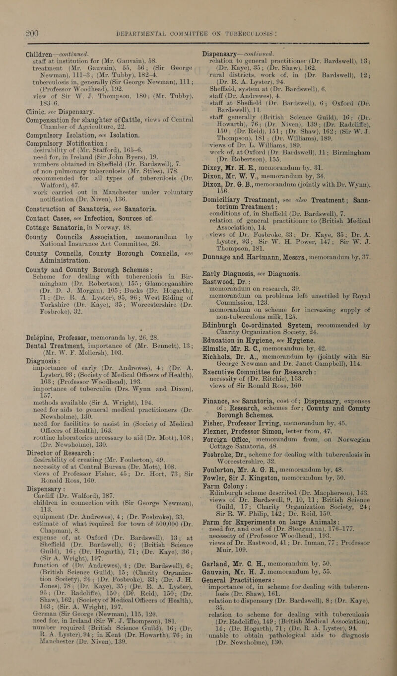  Children—continued. staff at institution for (Mr. Gauvain), 58. treatment (Mr. Gauvain), 55, 56; (Sir George Newman), 111-3; (Mr. Tubby), 182-4. tuberculosis in, generally (Sir George Newman), 111; (Professor Woodhead), 192. view of Sir W. J. Thompson, 180; (Mr. Tubby), 183-6. Clinic, see Dispensary. Compensation for slaughter of Cattle, views of Central Chamber of Agriculture, 22. Compulsory Isolation, see Isolation. Compulsory Notification : desirability of (Mr. Stafford), 165-6. need for, in Ireland (Sir John Byers), 19. numbers obtained in Sheffield (Dr. Bardswell), 7. of non-pulmonary tuberculosis (Mr. Stiles), 178. recommended for all types of tuberculosis (Dr. Walford), 47. work carried out in Manchester under voluntary notification (Dr. Niven), 136. Construction of Sanatoria, see Sanatoria. Contact Cases, see Infection, Sources of. Cottage Sanatoria, in Norway, 48. County Councils Association, memorandum by National Insurance Act Committee, 26. County Councils, County Borough Councils, see Administration. County and County Borough Schemes: Scheme for dealing with tuberculosis in Bir- mingham (Dr. Robertson), 155; Glamorganshire (Dr. D. J. Morgan), 105; Bucks (Dr. Hogarth), 71; (Dr. R. A. Lyster), 95, 96; West Riding of Yorkshire (Dr. Kaye), 35; Worcestershire (Dr. Fosbroke), 32. Delépine, Professor, memoranda by, 26, 28. Dental Treatment, importance of (Mr. Bennett), 13; (Mr. W. F. Mellersh), 103. Diagnosis : importance of early (Dr. Andrewes), 4; (Dr. A. Lyster), 93 ; (Society of Medical Officers of Health), 163; (Professor Woodhead), 193. importance of tuberculin (Drs. Wynn and Dixon), 157. methods available (Sir A. Wright), 194. need for aids to general medical practitioners (Dr. Newsholme), 130. need for facilities to assist in (Society of Medical Officers of Health), 163. routine laboratories necessary to aid (Dr. Mott), 108 ; (Dr. Newshoime), 130. Director of Research : desirability of creating (Mr. Foulerton), 49. necessity of at Central Bureau (Dr. Mott), 108. views of Professor Fisher, 45; Dr. Hort, 7 Ronald Ross, 160. Dispensary : Cardiff (Dr. Walford), 187. children in connection with (Sir George Newman), 113. equipment (Dr. Andrewes), 4; (Dr. Fosbroke), 33. estimate of what required for town of 500,000 (Dr. Chapman), 8. expense of, at Oxford (Dr. Bardswell), 13; at Sheffield (Dr. Bardswell), 6; (British Science Guild), 16; (Dr. Hogarth), 71; (Dr. Kaye), 36; (Sir A. Wright), 197. function of (Dr. Andrewes), 4; (Dr. Bardswell), 6; (British Science Guild), 15; (Charity Organiza- tion Society), 24; (Dr. Fosbroke), 33; (Dr. J. H. Jones), 78; (Dr. Kaye), 35; (Dr. R. A. Lyster), 95; (Dr. Radcliffe), 150; (Dr. Reid), 150; (Dr. Shaw), 162; (Society of Medical Officers of Health), 1638; (Sir. A. Wright), 197. German (Sir George (Newman), 115, 120. need for, in Ireland (Sir W. J. Thompson), 181. number required (British Science Guild), 16; (Dr. R, A. Lyster),94; in Kent (Dr. Howarth), 76; in Manchester (Dr. Niven), 139. Dispensary— continued. relation to general practitioner (Dr. Bardswell), 13; (Dr. Kaye), 35; (Dr. Shaw), 162. rural districts, work of, in (Dr. Bardswell), 12; (Dr. R. A. Lyster), 94. Sheffield, system at (Dr. Bardswell), 6, staff (Dr. Andrewes), 4. staff at Sheffield (Dr. Bardswell), 6; Oxford (Dr. Bardswell), 11. staff generally (British Science Guild), 16; (Dr. Howarth), 76; (Dr. Niven), 139; (Dr. Radcliffe), 150; (Dr. Reid), 151; (Dr. Shaw), 162; (Sir W. J. Thompson), 181 ; (Dr. Williams), 189. views of Dr. L. Williams, 189. work of, at Oxford (Dr. Bardswell), 11; Birmingham (Dr. Robertson), 155. Dixey, Mr. H. E., memorandum by, 31. Dixon, Mr. W. V., memorandum by, 34. Dixon, Dr, G. B., memorandum (jointly with Dr. Wynn), 156. Domiciliary Treatment, see also Treatment; Sana- torium Treatment : conditions of, in Sheffield (Dr. Bardswell), 7. relation of general practitioner to (British Medical Association), 14. views of Dr. Fosbroke, 33; Dr. Kaye, 35; Dr. A. Lyster, 98; Sir W. H. Power, 147; Sir W. J. Thompson, 181. Dunnage and Hartmann, Messrs., memorandum by, 37. Early Diagnosis, see Diagnosis. Eastwood, Dr. : memorandum on research, 39. memorandum on problems left unsettled by Royal Commission, 123. memorandum on scheme for increasing supply of non-tuberculous milk, 125. Edinburgh Co-ordinated System, recommended by Charity Organization Society, 24. Education in Hygiene, see Hygiene, Eichholz, Dr. A,, memorandum by (jointly with Sir George Newman and Dr, Janet Campbell), 114. Executive Committee for Research : necessity of (Dr. Ritchie), 153. views of Sir Ronald Ross, 160 Finance, see Sanatoria, cost of; Dispensary, expenses of ; Research, schemes for; County and County Borough Schemes. Fisher, Professor Irving, memorandum by, 45. Flexner, Professor Simon, letter from, 47. Foreign Office, memorandum from, on Norwegian Cottage Sanatoria, 48. Fosbroke, Dr., scheme for dealing with tuberculosis in Worcestershire, 32. Foulerton, Mr. A. G. R., memorandum by, 48. Fowler, Sir J. Kingston, memorandum by, 50. Edinburgh scheme described (Dr. Macpherson), 143. views of Dr. Bardswell, 9, 10, 11; British Science Guild, 17; Charity Organization Society, 24; Sir R. W. Philip, 142; Dr. Reid, 150. Farm for Experiments on large Animals: need for, and cost of (Dr. Steegmann), 176-177. necessity of (Professor Woodhead), 193. views of Dr. Hastwood, 41; Dr. Inman, 77; Professor Muir, 109. Garland, Mr. C. H., memorandum by, 50. Gauvain, Mr. H. J. memorandum by, 55. General Practitioners : importance of, in scheme for dealing with tubercu- losis (Dr. Shaw), 161. relation to dispensary (Dr. Bardswell), 8; (Dr. Kaye), 35, relation to scheme for dealing with tuberculosis _ (Dr. Radcliffe), 149 ; (British Medical Association), 14; (Dr. Hogarth), 71; (Dr. R. A. Lyster), 94. unable to obtain pathological aids to diagnosis (Dr. Newsholme), 130.