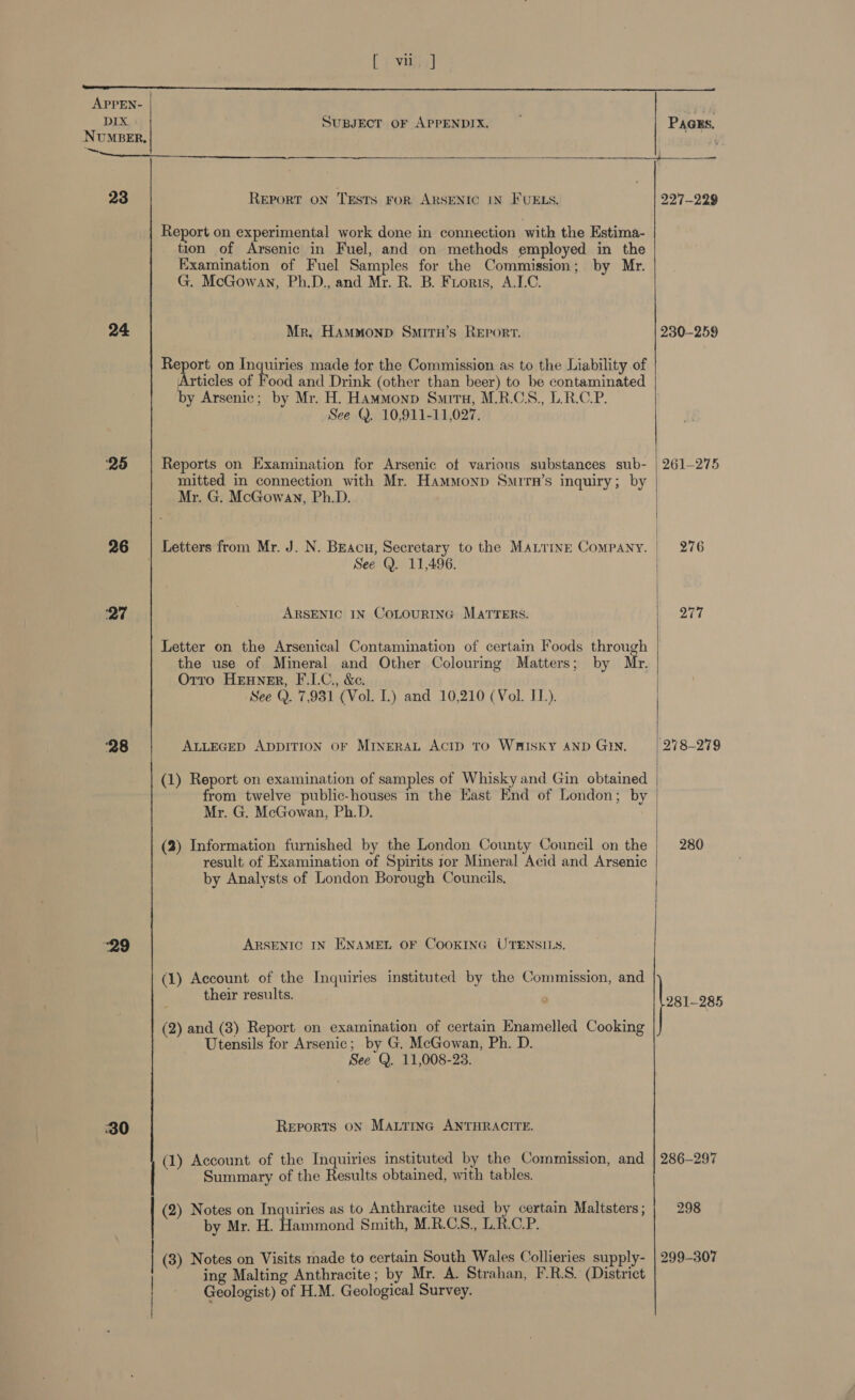 tf. Vite] a er Te APPEN- DIX SuBJECT OF APPENDIX. PAGES. NUMBER, — a a ier einige alli iicinnisiae —eoiceer   23 REPORT ON TESTS FOR ARSENIC IN FUELS. 227-229 Report on experimental work done in connection with the Estima- tion of Arsenic in Fuel, and on methods employed in the Examination of Fuel Samples for the Commission; by Mr. G. McGowan, Ph.D., and Mr. R. B. Froris, A.C. 24 Mr, Hammonp Smiry’s Report. 230-259 Report on Inquiries made for the Commission as to the Liability of Articles of Food and Drink (other than beer) to be contaminated by Arsenic; by Mr. H. HammMonp Smrtu, M.R.CS., L.R.C.P. See Q. 10,911-11,027. 25 Reports on Examination for Arsenic of various substances sub- | 261-275 mitted in connection with Mr. Hammonp Smrrn’s inquiry; by Mr. G. McGowan, Ph.D. 26 | Letters from Mr. J. N. Beacu, Secretary to the MALTINE Company. | 276 See (. 11,496. / 27 ARSENIC IN CoLOURING MATTERS. 977 Letter on the Arsenical Contamination of certain Foods through the use of Mineral and Other Colouring Matters; by Mr. Orro Henuner, F.LC., &amp;c. See Q. 7,931 (Vol. L.) and 10,210 (Vol. II.). ‘28 ALLEGED ADDITION OF MINERAL ACID TO WHISKY AND GIN. (278-279 (1) Report on examination of samples of Whisky and Gin obtained from twelve public-houses in the Hast End of London; by Mr. G. McGowan, Ph.D. : (2) Information furnished by the London County Council on the | 280 result of Examination of Spirits ror Mineral Acid and Arsenic by Analysts of London Borough Councils.  O29 ARSENIC IN ENAMEL OF COOKING UTENSILS. (1) Account of the Inquiries instituted by the Commission, and their results. 281-985 (2) and (3) Report on examination of certain Enamelled Cooking Utensils for Arsenic; by G. McGowan, Ph. D. See Q. 11,008-23. 30 Reports ON MALTING ANTHRACITE. (1) Account of the Inquiries instituted by the Commission, and | 286-297 Summary of the Results obtained, with tables. (2) Notes on Inquiries as to Anthracite used by certain Maltsters; | 298 by Mr. H. Hammond Smith, M.R.C.S., L.R.C.P. ing Malting Anthracite ; by Mr. A. Strahan, F.RS. (District | (3) Notes on Visits made to certain South Wales Collieries supply- | 299-307 | Geologist) of H.M. Geological Survey.