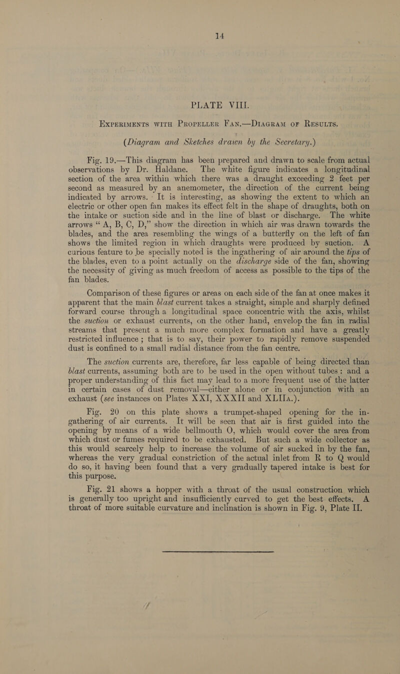 PLATE. VILL. EXPERIMENTS WITH PROPELLER FAN.—DIAGRAM OF RESULTS. (Diagram and Sketches drawn by the Secretary.) Fig. 19.—This diagram has been prepared and drawn to scale from actual observations by Dr. Haldane. The white figure indicates a longitudinal section of the area within which there was a draught exceeding 2 feet per second as measured by an anemometer, the direction of the current being indicated by arrows. It is interesting, as showing the extent to which an electric or other open fan makes its effect felt in the shape of draughts, both on the intake or suction side and in the line of blast or discharge. The white arrows “ A, B, C, D,” show the direction in which air was drawn towards the blades, and the area resembling the wings of a butterfly on the left of fan shows the limited region in which draughts were produced by suction. A curious feature to be specially noted is the ingathering of air around the tps of the blades, even to a point actually on the discharge side of the fan, showing the necessity of giving as much freedom of access as possible to the tips of the fan blades. Comparison of these figures or areas on each side of the fan at once makes it apparent that the main ddast current takes a straight, simple and sharply defined forward course through a longitudinal space concentric with the axis, whilst the suction or exhaust currents, on the other hand, envelop the fan in radial streams that present a much more complex formation and have a greatly restricted influence ; that is to say, their power to rapidly remove suspended dust is confined to a small radial distance from the fan centre. The suction currents are, therefore, far less capable of being directed than blast currents, assuming both are to be used in the open without tubes: and a proper understanding of this fact may lead to a more frequent use of the latter in certain cases of dust removal—either alone or in conjunction with an exhaust (see instances on Plates XXI, XXXII and XLIIa.). Fig. 20 on this plate shows a trumpet-shaped opening for the in- gathering of air currents. -It will be seen that air is first guided into the opening by means of a wide bellmouth O, which would cover the area from which dust or fumes required to be exhausted. But such a wide collector as this would scarcely help to increase the volume of air sucked in by the fan, whereas the very gradual constriction of the actual inlet from R to Q would do so, it having been found that a very gradually tapered intake is best for this purpose. Fig. 21 shows a hopper with a throat of the usual construction which is generally too upright and insufficiently curved to get the best. effects. A throat of more suitable curvature and inclination is shown in Fig. 9, Plate IL.
