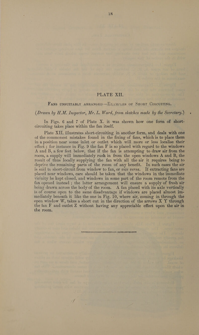 PLATE Xit: FANS UNSUITABLY ARRANGED—LHXAMrLEs OF SHORT CIRCUITING. (Drawn by H.M. Inspector, Mr. L. Ward, from sketches made by the Secretary.) In Figs. 6 and 7 of Plate X. it was shown how one form of short- circuiting takes place within the fan itself. Plate XIL. illustrates short-circuiting in another form, and deals with one of the commonest mistakes found in the fixing of fans, which is to place them in a position near some inlet or outlet which will more or less localise their effect ; for instance in Fig. 9 the fan F is so placed with regard to the windows A and B, a few feet below, that if the fan is attempting to draw air from the room, a supply will immediately rush in from the open windows A and B, the result of thus locally supplying the fan with all the air it requires being to deprive the remaining parts of the room of any benefit. In such cases the air is said to short-circuit from window to fan, or vice versa. If extracting fans are placed near windows, care should be taken that the windows in the immediate vicinity be kept closed, and windows in some part of the room remote from the fan opened instead ; the latter arrangement will ensure a supply of fresh air being drawn across the body of the room. A fan placed with its axle vertically is of course open to the same disadvantage if windows are placed almost im- mediately beneath it like the one in Fig. 10, where air, coming in through the open window W, takes a short cut in the direction of the arrows X Y through Hs fan F and outlet Z without having any appreciable effect upon the air in the room.