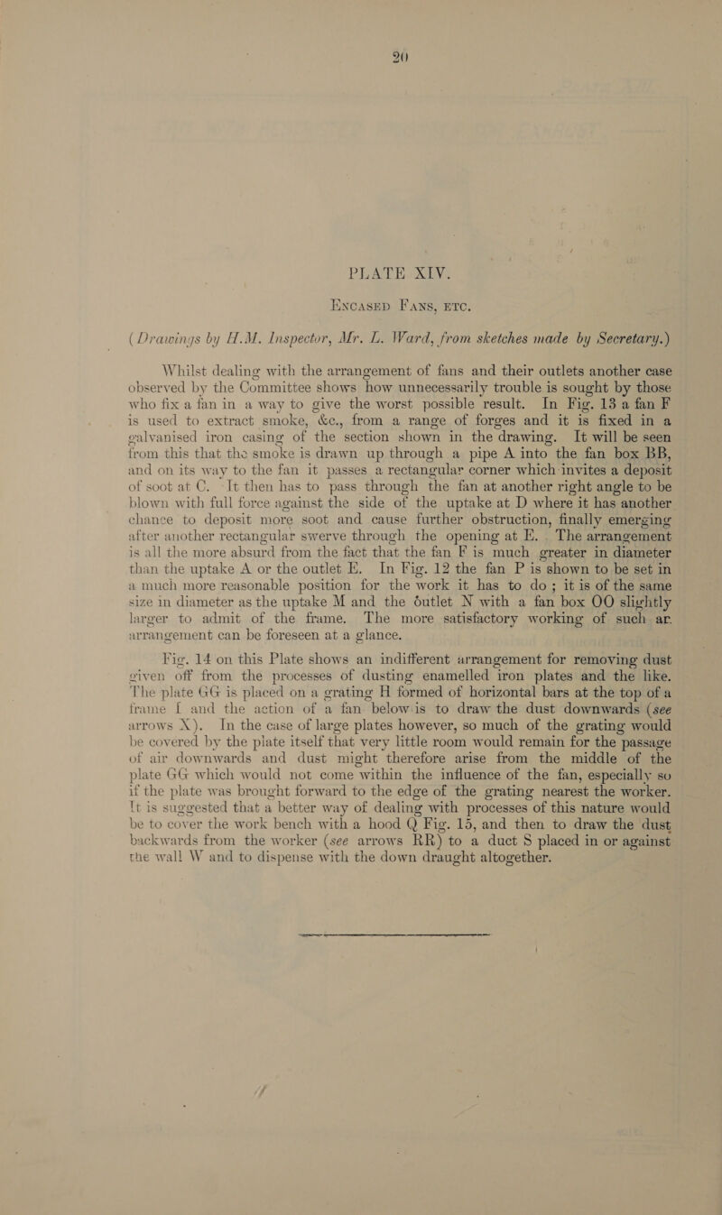PLATE XIV. Encased Fans, ETC. (Drawings by H.M. Inspector, Mr. L. Ward, from sketches made by Secretary.) Whilst bine with the arrangement of fans and their outlets another case observed by the Committee shows how unnecessarily trouble is sought by those who fix a fan in a way to give the worst possible ‘result. In Fig. 13 a fan F is used to extract smoke, che ., from a range of forges and it is fixed in a galvanised iron casing of the section shown in the “drawing. It will be seen from this that the smoke is drawn up through a pipe A into the fan box BB, and on its way to the fan it passes a rectangular corner which invites a deposit of soot at C. -It then has to pass through the fan at another right angle to be blown with full force agaist the side of the uptake at D where it has another chance to deposit more soot and cause further obstruction, finally emerging after another rectangular swerve through the opening at KE. . The arrangement is all the more absurd from the fact that the fan F is much greater in diameter than the uptake A or the outlet EK. In Fig. 12 the fan P is shown to be set in 2 much more reasonable position for the work it has to do ; it is of the same size in diameter as the uptake M and the dutlet N with a fan box OO slightly larger to admit of the frame. The more satisfactory working of such ar. arrangement can be foreseen at a glance. Fig. 14 on this Plate shows an indifferent arrangement for removing dust eiven off from the processes of dusting enamelled iron plates and the like. The plate GG is placed on a grating H formed of horizontal bars at the top of a frame { and the action of a fan below-is to draw the dust downwards (see arrows \). In the case of large plates however, so much of the grating would be covered by the plate itself that very little room would remain for the passage of air downwards and dust might ‘therefore arise from the middle of the plate GG which would not come within the influence of the fan, especially so if the plate was brought forward to the edge of the grating nearest the worker. {t is suggested that a better way of dealing with processes of this nature would be to cover the work bench with a hood Q Fig. 15, and then to draw the dust backwards from the worker (see arrows RR) to a duct 8 placed in or against the wall W and to dispense with the down draught altogether.