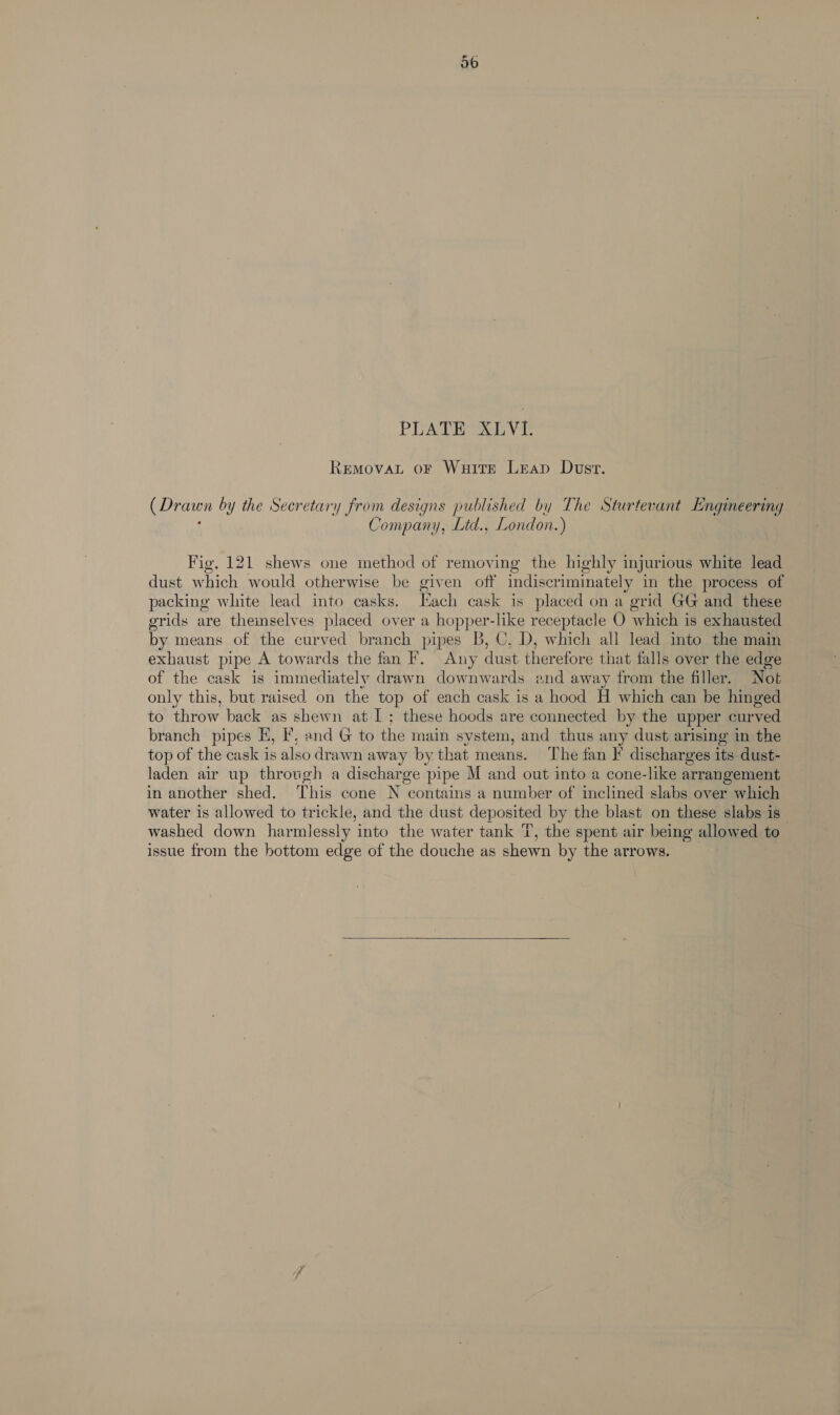 PRATE Shv i Removat oF Wutre Leap Dust. (Drawn by the Secretary from designs published by The Sturtevant Engineering Company, Ltd., London.) Fig, 121 shews one method of removing the highly injurious white lead dust which would otherwise be given off indiscriminately in the process of packing white lead into casks. ach cask is placed on a grid GG and these grids are themselves placed over a hopper-like receptacle O which is exhausted by means of the curved branch pipes B, C, D, which all lead into the main exhaust pipe A towards the fan F. Any dust therefore that falls over the edge of the cask is immediately drawn downwards and away from the filler. Not only this, but raised on the top of each cask is a hood H which can be hinged to throw back as shewn at I; these hoods are connected by the upper curved branch pipes H, I’, and G to the main system, and thus any dust arising in the top of the cask is also drawn away by that means. The fan }* discharges its dust- laden air up through a discharge pipe M and out into a cone-like arrangement in another shed. This cone N contains a number of inclined slabs over which water is allowed to trickle, and the dust deposited by the blast on these slabs is washed down harmlessly into the water tank T, the spent air being allowed to issue from the bottom edge of the douche as shewn by the arrows. 