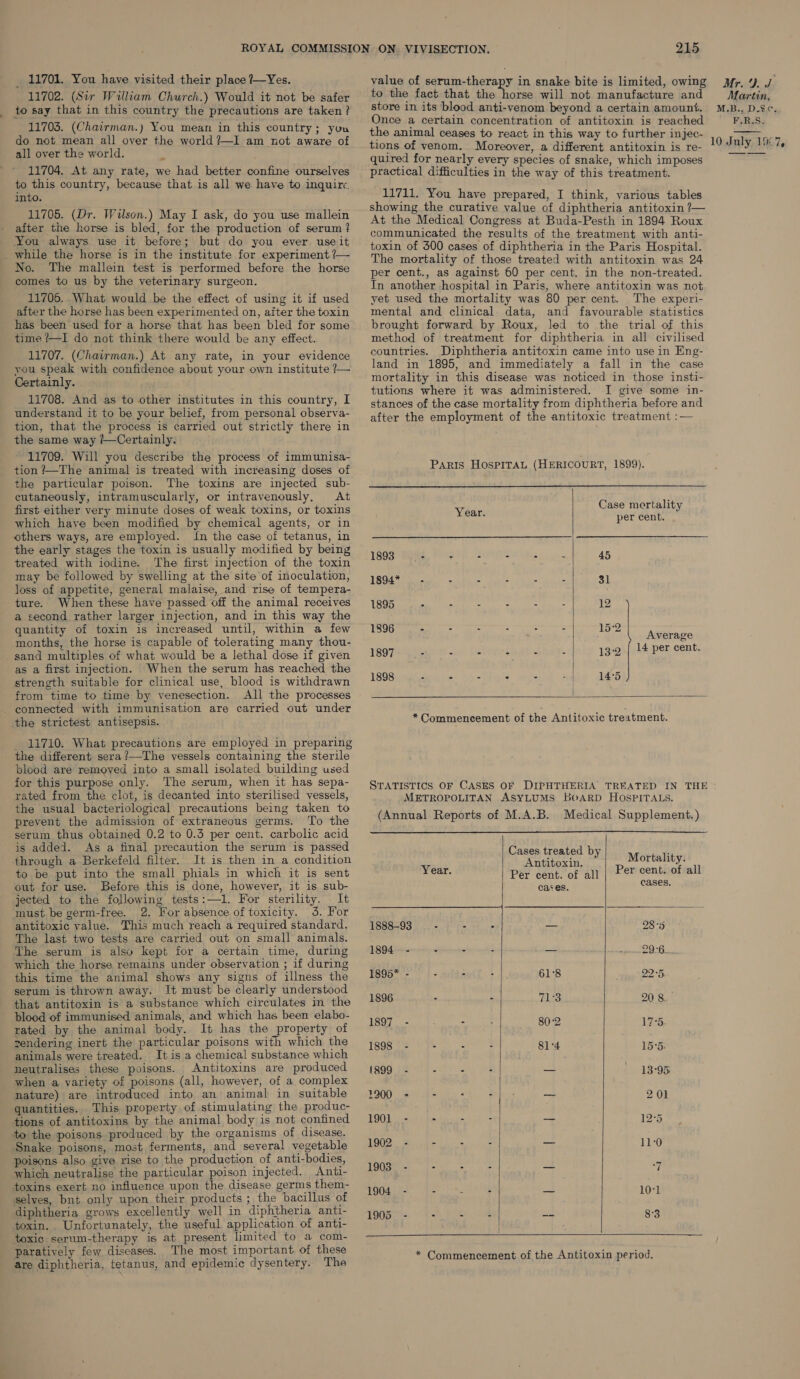 ¥ _ 11701. You have visited their place ?—Yes. 11702. (Sir Wulliam Church.) Would it not be safer 11703. (Chairman.) You mean in this country; you all over the world. : 11704. At any rate, we had better confine ourselves to this country, because that is all we have to inquir«. into. 11705. (Dr. Wilson.) May I ask, do you use mallein after the horse is bled, for the production of serum? You always use it before; but do you ever useit No. The mallein test is performed before the horse comes to us by the veterinary surgeon. 11706. What would be the effect of using it if used after the horse has been experimented on, aiter the toxin has been used for a horse that has been bled for some time /—I do not think there would be any effect. 11707. (Chairman.) At any rate, in your evidence you speak with confidence about your own institute ?— Certainly. 11708. And as to other institutes in this country, I understand it to be your belief, from personal observa- tion, that the process is carried out strictly there in the same way /—Certainly. ~ 11709. Will you describe the process of immunisa- tion ?—The animal is treated with increasing doses of the particular poison. The toxins are injected sub- cutaneously, intramuscularly, or intravenously, At first either very minute doses of weak toxins, or toxins which have been modified by chemical agents, or in others ways, are employed. tn the case of tetanus, in the early stages the toxin is usually modified by being treated with iodine. The first injection of the toxin may be followed by swelling at the site of inoculation, loss of appetite, general malaise, and rise of tempera- ture. When these have passed off the animal receives a second rather larger injection, and in this way the quantity of toxin is increased until, within a few months, the horse is capable of tolerating many thou- as a first injection. When the serum has reached the strength suitable for clinical use, blood is withdrawn from time to time by venesection. All the processes the strictest antisepsis. 11710. What precautions are employed in preparing the different sera ?—The vessels containing the sterile blood are removed into a small isolated building used for this purpose only. The serum, when it has sepa- rated from the clot, is decanted into sterilised vessels, the usual bacteriological precautions being taken to prevent the admission of extraneous germs. To the serum thus obtained 0.2 to 0.3 per cent. carbolic acid is added. As a final precaution the serum is passed through a Berkefeld filter. It is then in a condition to be put into the small phials in which it is sent out for use. Before this is done, however, it is sub- jected to the following tests:—l. For sterility. It must be germ-free. 2. For absence of toxicity. 3. For antitoxic value. This much reach a required standard. The last two tests are carried out on small animals. The serum is also kept for a certain time, during which the horse remains under observation ; if during this time the animal shows any signs of illness the serum is thrown away. It must be clearly understood that antitoxin is a substance which circulates in the blood of immunised animals, and which has been elabo- tated by the animal body. It has the property of rendering inert the particular poisons with which the animals were treated. It is a chemical substance which neutralises these poisons. Antitoxins are produced when a variety of poisons (all, however, of a complex nature) are introduced into an animal in suitable quantities. This property of stimulating the produc- tions of antitoxins by the animal body is not confined to the poisons produced by the organisms of disease. Snake poisons, most ferments, and several vegetable poisons also give rise to the production of anti-bodies, which neutralise the particular poison injected. Anti- toxins exert no influence upon the disease germs them- selves, but only upon their products ; the bacillus of diphtheria grows excellently well in diphtheria anti- toxin. Unfortunately, the useful application of anti- toxic serum-therapy is at present limited to a com- paratively few diseases. The most important of these are diphtheria, tetanus, and epidemic dysentery. The 215 value of serum-therapy in snake bite is limited, owing to the fact that the horse will not manufacture and Once a certain concentration of antitoxin is reached the animal ceases to react in this way to further injec- tions of venom. Moreover, a different antitoxin is re- quired for nearly every species of snake, which imposes practical difficulties in the way of this treatment. 11711. You have prepared, I think, various tables showing the curative value of diphtheria antitoxin ?— At the Medical Congress at Buda-Pesth in 1894 Roux communicated the results of the treatment with anti- toxin of 300 cases of diphtheria in the Paris Hospital. The mortality of those treated with antitoxin was 24 per cent., as against 60 per cent. in the non-treated. In another hospital in Paris, where antitoxin was not yet used the mortality was 80 per cent. The experi- mental and clinical data, and favourable statistics brought forward by Roux, led to the trial of this method of treatment for diphtheria in all civilised countries. Diphtheria antitoxin came into use in Eng- land in 1895, and immediately a fall in the case mortality in this disease was noticed in those insti- tutions where it was administered. I give some in- stances of the case mortality from diphtheria before and after the employment of the antitoxic treatment :— PARIS HospITAL (HERICOURT, 1899). Case mortality Mee per cent. 1893 - - - - : ke 45 1894* - : 2 : 3] 1895 : - : : : 12 > 2 es 4 = < 5:2 ee x Average 1897 - - = é 2 13:2 | 14 per cent. 1898 - e 4 3 y 14-5   * Commencement of the Antitoxic treatment. STATISTICS OF CASES OF DIPHTHERIA TREATED IN THE METROPOLITAN ASYLUMS BOARD HOSPITALS. (Annual Reports of M.A.B. Medical Supplement.)   Coses wanted | foray Year. Per cent. of all Per ee ai all cases, rs = 1888-93 - - : — 28-5 1894 - - - a 29:6. 1895* - - : 61°8 22°5. 1896 - - Ales 20 8 1897 - : - 802 175, 1898 - - - 81°4 15:5: 1899 - : - — 13°95 1200 - - « - — 201 1901 - - > - —_ 125 1902. - - - — 11:0 1903. - - _— fh 1904 - - - - — 10°1 1905 - : - - -- 8°3    * Commencement of the Antitoxin period. Mr. 9. J Martin, FERS 