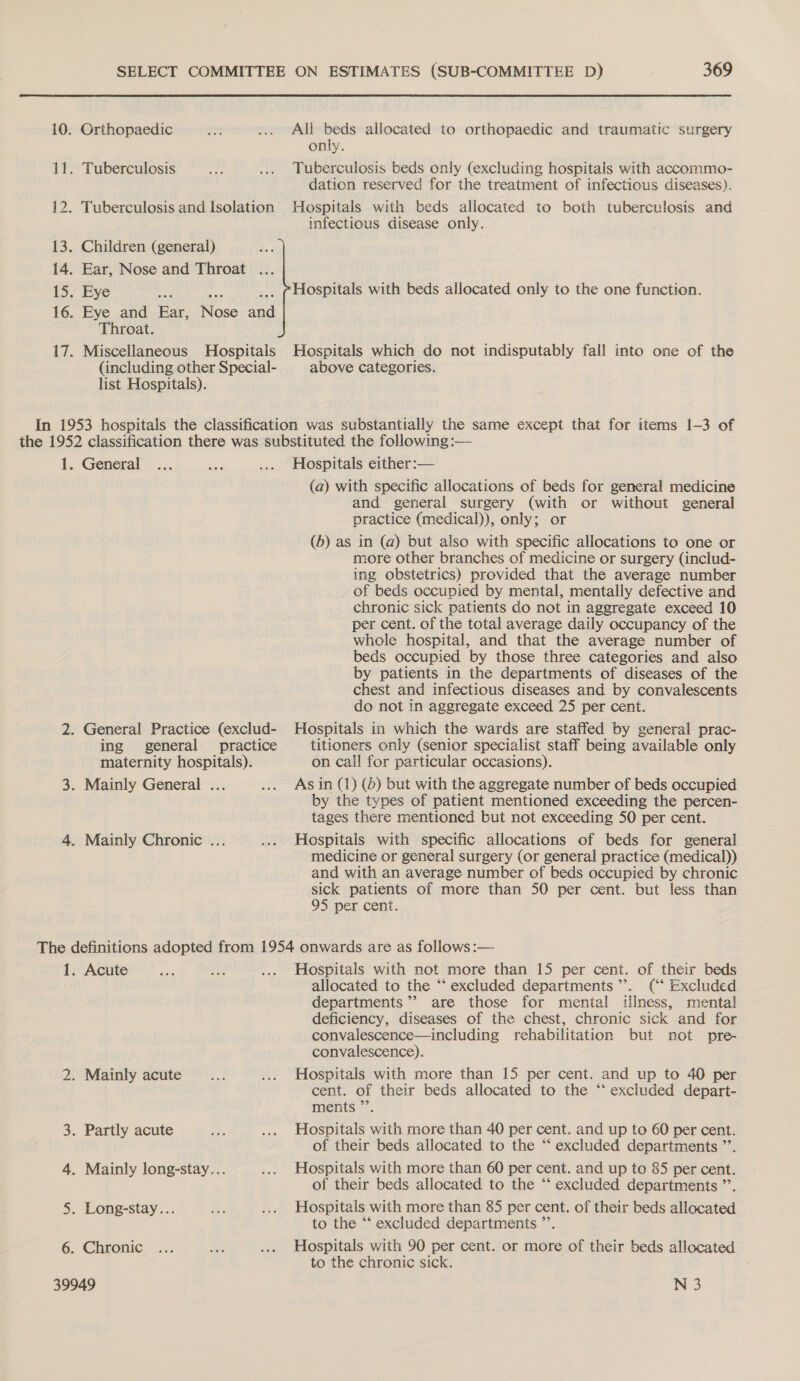 10. Orthopaedic 2 ... All beds allocated to orthopaedic and traumatic surgery only. 11. Tuberculosis ee ... Tuberculosis beds only (excluding hospitals with accommo- dation reserved for the treatment of infectious diseases). 12. Tuberculosis and Isolation Hospitals with beds allocated to both tuberculosis and infectious disease only. 13. Children (general) 14. Ear, Nose and Throat ... 15. Eye Hospitals with beds allocated only to the one function. 16. Eye and Ear, Nose and Throat. 17. Miscellaneous Hospitals Hospitals which do not indisputably fall into one of the (including other Special- above categories. list Hospitals). In 1953 hospitals the classification was substantially the same except that for items 1-3 of the 1952 classification there was substituted the following :— 1. General —.... nes .... Hospitals either:— (a) with specific allocations of beds for general medicine and general surgery (with or without general practice (medical)), only; or (b) as in (a) but also with specific allocations to one or more other branches of medicine or surgery (includ- ing obstetrics) provided that the average number of beds occupied by mental, mentally defective and chronic sick patients do not in aggregate exceed 10 per cent. of the total average daily occupancy of the whole hospital, and that the average number of beds occupied by those three categories and also by patients in the departments of diseases of the chest and infectious diseases and by convalescents do not in aggregate exceed 25 per cent. 2. General Practice (exclud- Hospitals in which the wards are staffed by general prac- ing general practice titioners only (senior specialist staff being available only maternity hospitals). on call for particular occasions). 3. Mainly General ... ... Asin (1) (6) but with the aggregate number of beds occupied by the types of patient mentioned exceeding the percen- tages there mentioned but not exceeding 50 per cent. 4. Mainly Chronic ... .... Hospitals with specific allocations of beds for general medicine or general surgery (or general practice (medical)) and with an average number of beds occupied by chronic sick patients of more than 50 per cent. but less than 95 per cent. The definitions adopted from 1954 onwards are as follows:— 1. Acute ie He ... Hospitals with not more than 15 per cent. of their beds ; allocated to the “‘ excluded departments’’. (‘‘ Excluded departments’? are those for mental illness, mental deficiency, diseases of the chest, chronic sick and for convalescence—including rehabilitation but not pre- convalescence). 2. Mainly acute... .... Hospitals with more than 15 per cent. and up to 40 per cent. of their beds allocated to the “‘ excluded depart- ments ”’. 3. Partly acute ce, .... Hospitals with more than 40 per cent. and up to 60 per cent. of their beds allocated to the “ excluded departments ”’. 4. Mainly long-stay... ... Hospitals with more than 60 per cent. and up to 85 per cent. of their beds allocated to the ‘* excluded departments ”’. 5. Long-stay... ne ... Hospitals with more than 85 per cent. of their beds allocated to the “‘ excluded departments ’’. 6. Chronic ... me .... Hospitals with 90 per cent. or more of their beds allocated to the chronic sick.