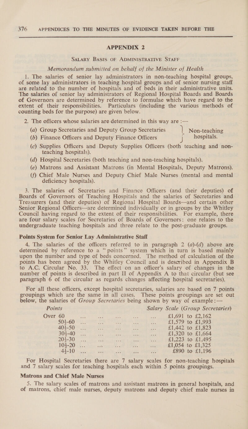  APPENDIX 2 SALARY BASIS OF ADMINISTRATIVE STAFF Memorandum submitted on behalf of the Minister of Health {. The salaries of senior lay administrators in non-teaching hospital groups, of some lay administrators in teaching hospital groups and of senior nursing staff are related to the number of hospitals and of beds in their administrative units. The salaries of senior lay administrators of Regional Hospital Boards and Boards of Governors are determined by reference to formulae which have regard to the extent of their responsibilities. Particulars (including the various methods of counting beds for the purpose) are given below. 2. The officers whose salaries are determined in this way are :— (a) Group Secretaries and Deputy Group Secretaries | Non-teaching (b) Finance Officers and Deputy Finance Officers  hospitals. (c) Supplies Officers and Deputy Supplies Officers (both teaching and non- teaching hospitals). (d) Hospital Secretaries (both teaching and non-teaching hospitals). (e) Matrons and Assistant Matrons (in Mental Hospitals, Deputy Matrons). (f) Chief Male Nurses and Deputy Chief Male Nurses (mental and mental deficiency hospitals). 3. The salaries of Secretaries and Finance Officers (and their deputies) of Boards of Governors of Teaching Hospitals and the salaries of Secretaries and Treasurers (and their deputies) of Regional Hospital Boards—and certain other Senior Regional Officers—are determined individually or in groups by the Whitley Council having regard to the extent of their responsibilities. For example, there are four salary scales for Secretaries of Boards of Governors: one relates to the undergraduate teaching hospitals and three relate to the post-graduate groups. Points System for Senior Lay Administrative Staff 4. The salaries of the officers referred to in paragraph 2 (a)-(d) above are determined by reference to a “points” system which in turn is based mainly upon the number and type of beds concerned. The method of calculation of the points has been agreed by the Whitley Council and is described in Appendix B to A.C. Circular No. 33. The effect on an officer’s salary of changes in the number of points is described in part I] of Appendix A to that circular (but see paragraph 6 of the circular as regards changes affecting hospital secretaries). For all these officers, except hospital secretaries, salaries are based on 7 points groupings which are the same in all cases. These points groupings are set out below, the salaries of Group Secretaries being shown by way of example :— Points Salary Scale (Group Secretaries) Over 60 af 4 ve ek i £1,691 to £2,162 504-60... bit a a “a £1,579 to £1,993 404-50... Se = oo es £1,442 to £1,823 304-40... ee ee Re a £1,320 to £1,664 204-30 ... Cel seq Sa hae £1,223 to £1,495 104-20 ... bi ‘o a or £1,054 to £1,325 AOU) gsi a4 a ia aR £890 to £1,196 For Hospital Secretaries there are 7 salary scales for non-teaching hospitals and 7 salary scales for teaching hospitals each within 5 points groupings. Matrons and Chief Male Nurses 5. The salary scales of matrons and assistant matrons in general hospitals, and of matrons, chief male nurses, deputy matrons and deputy chief male nurses in