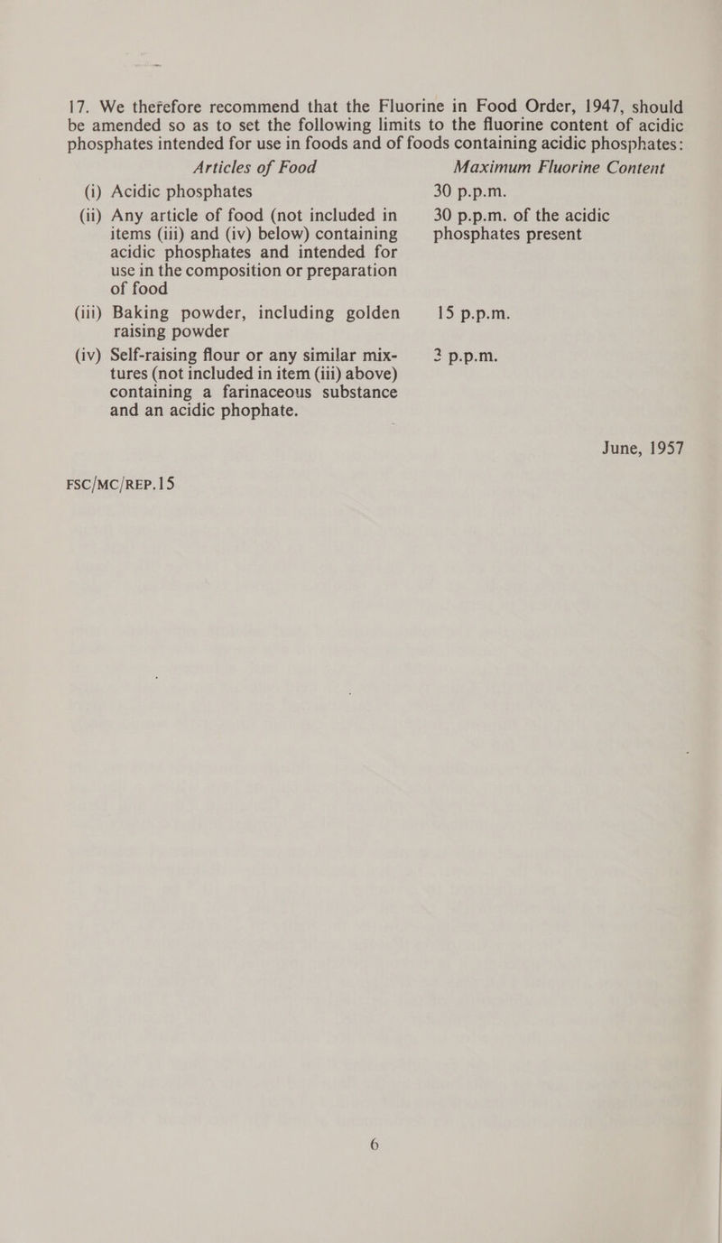 Articles of Food (i) Acidic phosphates (ii) Any article of food (not included in items (iii) and (iv) below) containing acidic phosphates and intended for use in the composition or preparation of food (ii1) Baking powder, including golden raising powder (iv) Self-raising flour or any similar mix- tures (not included in item (iii) above) containing a farinaceous substance and an acidic phophate. FSC/MC/REP.15 Maximum Fluorine Content 30 p.p.m. 30 p.p.m. of the acidic phosphates present 15 p.p.m. 2 p.p.m. June, 1957