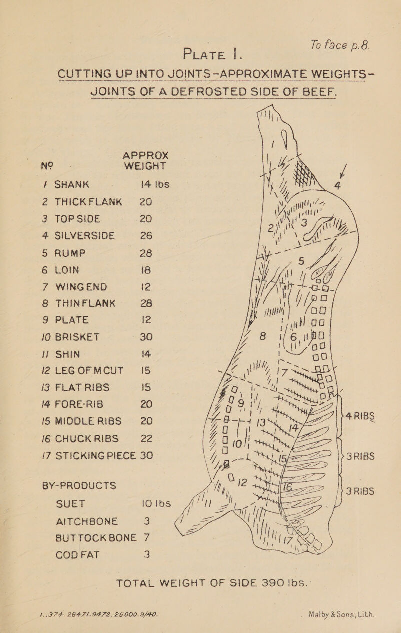 To face p.8. CUTTING UP INTO JOINTS -APPROXIMATE WEIGHTS- JOINTS OF A DEFROSTED SIDE OF BEEF.     APPROX NO WEIGHT J J / SHANK 14 Ibs 4 NI 2 THICKFLANK 20 fae ty 3 TOP SIDE 20 wgy, 4 SILVERSIDE 26 5 RUMP 28 6 LOIN 18 7 WINGEND 12 8 THINFLANK 28 9 PLATE 12 {0 BRISKET 30 I SHIN 14 2LEGOFMCUT 15 13 FLAT RIBS iS 14 FORE-RIB 20     Von fly SUET IO lbs fun a  i / _— AITCHBONE 3 BUTTOCKBONE 7 COD FAT 3 TOTAL WEIGHT OF SIDE 390 |bds.-