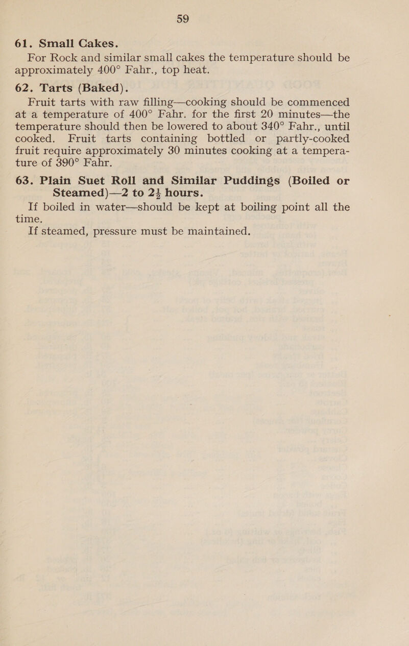 61. Small Cakes. For Rock and similar small cakes the temperature should be approximately 400° Fahr., top heat. 62. Tarts (Baked). Fruit tarts with raw filling—cooking should be commenced at a temperature of 400° Fahr. for the first 20 minutes—the temperature should then be lowered to about 340° Fahr., until cooked. Fruit tarts containing bottled or partly-cooked fruit require approximately 30 minutes cooking at a tempera- ture of 390° Fahr. 63. Plain Suet Roll and Similar Puddings (Boiled or Steamed)—2 to 24 hours. If boiled in water—should be kept at boiling point all the time. If steamed, pressure must be maintained.