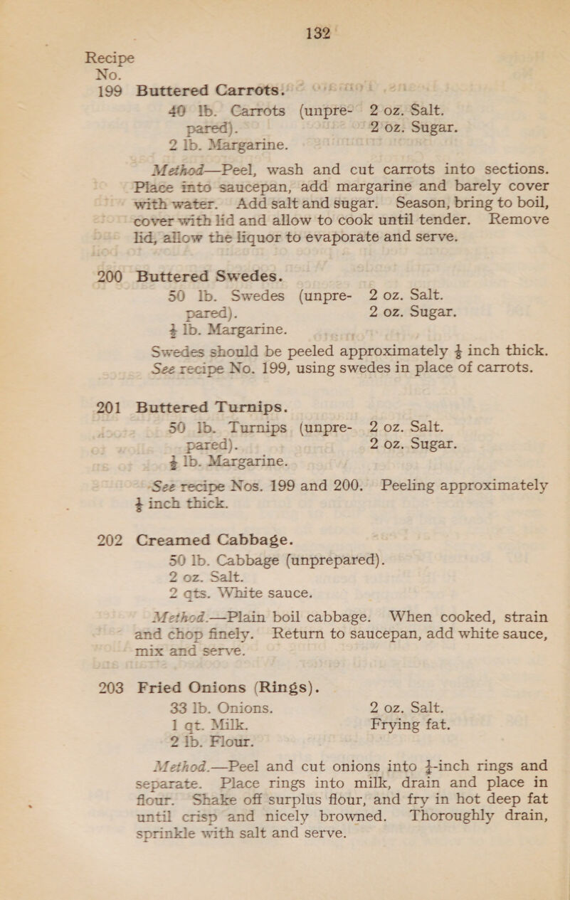 No. 200 201 202 203 49 lb. Carrots (unpre- 2 oz. Salt. pared). | 2 oz. Sugar. 2 Ib. Margarine. Mehod—Peel, wash and cut carrots into sections. Place into saucepan, add margarine and barely cover with water. Addsaltandsugar. Season, bring to boil, lid, allow the liquor to evaporate and serve. Buttered Swedes. 50 Ib. Swedes (unpre- 2 oz. Salt. pared). 2 oz. Sugar. 2 lb. Margarine. Swedes should be peeled approximately 4 inch thick. Sze recipe No. 199, using swedes in place of carrots. Buttered Turnips. 50 Ib. Turnips (unpre-. 2 oz. Salt. pared). 2 oz. Sugar. 3 lb. Margarine. See recipe Nos. 199 and 200. Peeling approximately + inch thick. Creamed Cabbaége. 50 lb. Cabbage (unprepared). 2 oz. Salt. 2 qts. White sauce. Method.—Plain boil eee When cooked, strain and chop finely. Return to saucepan, add white sauce, mix and serve. Fried Onions (Rings). 33 Ib. Onions. 2 az. Salt: 1 gt. Milk. Frying fat. 2 ib. Flour. Method.—Peel and cut onions into }-inch rings and separate. Place rings into milk, drain and place in flour. Shake off surplus flour, and fry in hot deep fat until crisp and nicely browned. Thoroughly drain, sprinkle with salt and serve.