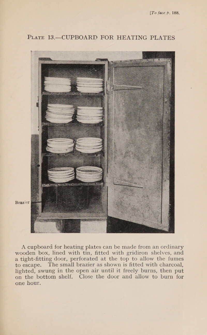 PraTE 13.—CUPBOARD FOR HEATING PLATES Brazier  A cupboard for heating plates can be made from an ordinary wooden box, lined with tin, fitted with gridiron shelves, and a tight-fitting door, perforated at the top to allow the fumes to escape. The small brazier as shown is fitted with charcoal, lighted, swung in the open air until it freely burns, then put on the bottom shelf. Close the door and allow to burn for one hour.