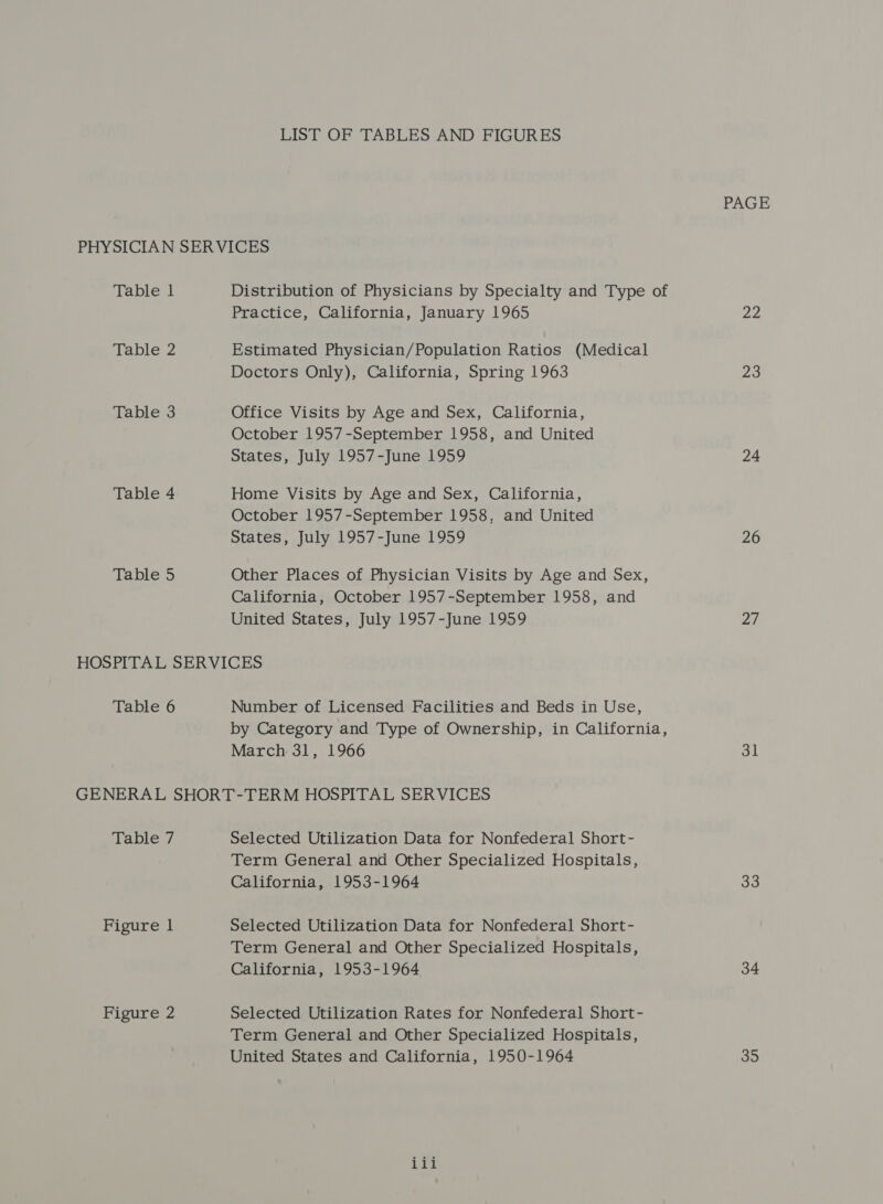 LIST OF TABLES AND FIGURES Table 1 Table 2 Table 3 Table 4 Table 5 Distribution of Physicians by Specialty and Type of Practice, California, January 1965 Estimated Physician/Population Ratios (Medical Doctors Only), California, Spring 1963 Office Visits by Age and Sex, California, October 1957-September 1958, and United States, July 1957-June 1959 Home Visits by Age and Sex, California, October 1957-September 1958, and United States, July 1957-June 1959 Other Places of Physician Visits by Age and Sex, California, October 1957-September 1958, and United States, July 1957-June 1959 Table 6 Number of Licensed Facilities and Beds in Use, by Category and Type of Ownership, in California, March 31, 1966 Table 7 Figure | Figure 2 Selected Utilization Data for Nonfederal Short- Term General and Other Specialized Hospitals, California, 1953-1964 Selected Utilization Data for Nonfederal Short- Term General and Other Specialized Hospitals, California, 1953-1964 Selected Utilization Rates for Nonfederal Short- Term General and Other Specialized Hospitals, United States and California, 1950-1964 iii PAGE 22 23 24 26 27 31 33 34 35