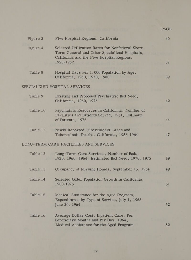 Figure 3 Figure 4 Table 8 Five Hospital Regions, California Selected Utilization Rates for Nonfederal Short- Term General and Other Specialized Hospitals, California and the Five Hospital Regions, 1953-1962 Hospital Days Per 1,000 Population by Age, California, 1960, 1970, 1980 Table 9 Tablew 0 Table 11 Existing and Proposed Psychiatric Bed Need, California, 1960, 1975 Psychiatric Resources in California, Number of Facilities and Patients Served, 1961, Estimate of Patients, 1975 Newly Reported Tuberculosis Cases and Tuberculosis Deaths, California, 1953-1964 Table 12 Table 13 Table 14 Table 15 Table 16 Long-Term Care Services, Number of Beds, 1950, 1960, 1964, Estimated Bed Need, 1970, 1975 Occupancy of Nursing Homes, September 15, 1964 Selected Older Population Growth in California, 1900-1975 Medical Assistance for the Aged Program, Expenditures by Type of Service, July 1, 1963- June 30, 1964 Average Dollar Cost, Inpatient Care, Per Beneficiary Months and Per Day, 1964, Medical Assistance for the Aged Program iv PAGE 36 37 39 42 44 47 49 49 ol 52 ap