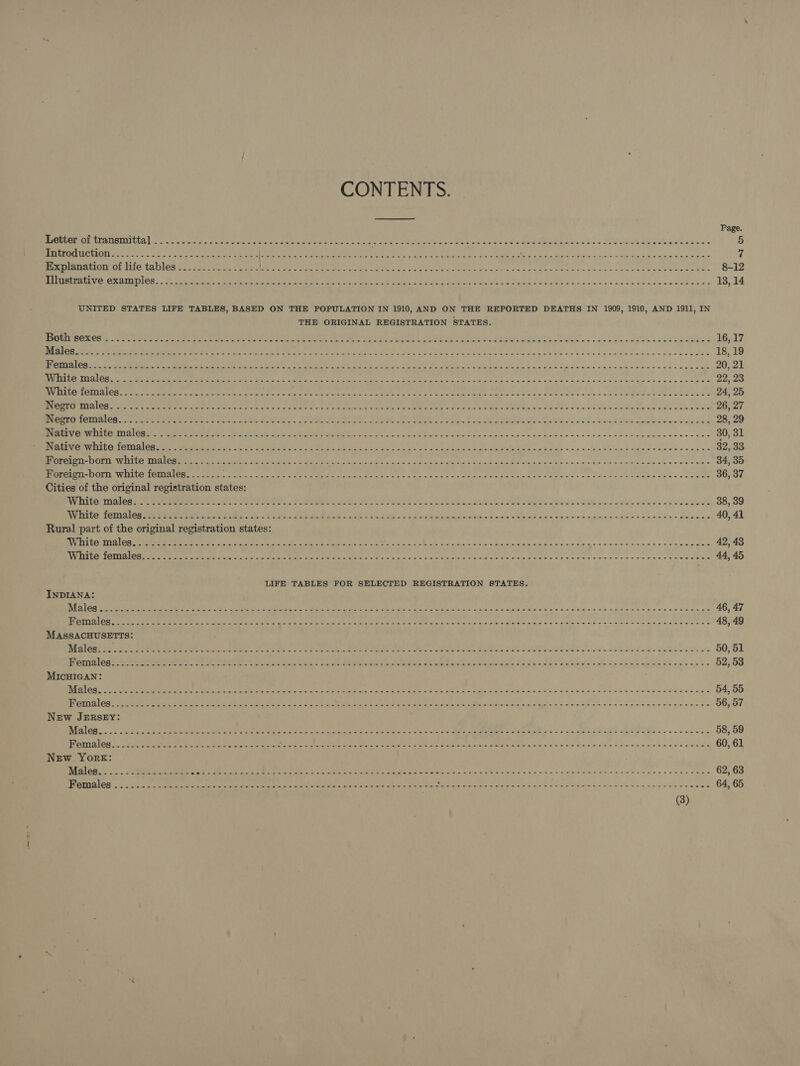 CONTENTS. Page. Me Ie ITHEIMTOTING Leyes leeks oe Sada Bligh meek ce Turek oe cul tae, Gah et: oe MEER a ae th ean ee eg ti, SG oe oe ie ad 5 Ree tCLIGN Care. clus’ 5 a Wie seaeaieal PAIN Sele | emer a tee) uke WEE ie apo Pe Scan oN oo Ae ek Wak le ha 7 BURN EEY CC ALTE CREO 2 home er eal ene ee Bea eS ee ea ue eee eh ck gee tnlstnate dete 8-12 RR rOmtmntn es SAN ee soe ie Cee eRe cae al ale ake Tel awh ound cee Ou eo ha setdenameWonee 13, 14 UNITED STATES LIFE TABLES, BASED ON THE POPULATION IN 1910, AND ON THE REPORTED DEATHS IN 1909, 1910, AND 1911, IN THE ORIGINAL REGISTRATION STATES. USUI BOXORE Ste Merci ae eeys ono eend: Wee keer em stew, RP Pyean UEcm Um St fal ORE mined aN Sy | eee ve beet SUE SNE Sons bel een 16,17 ail ey tie) eres Selina ee ee Sl een SUNT LI hE oa We emp MN oar pe ce Pewee over eh eRe a. b ak Nu ee 18,19 PERO UL CR 7 ae Meee ies) Shs Men Se Oe See te oN ek jh ee oe aiak ean imps (ty wii Sane Si Ws de Re MN oe daa ae wee 20, 21 Ce SPE De Se ae ie eae eae Mier) Been A ee iin eg) re ease ME Aa ah ae OM cia Riad tne, gitte nie =k ook eG Wag wid ele Se ee ee 22,23 aR Lay SOTO DION GU Locanda chan ac euere pitoe wis ark etd Fe IEE tien ite cei abd DL Rey ily 6 PE Aha napa Na hae GOR an ROR Le we haha 23 24, 25 reer On 2 rare en SE a eee. A Teens, ee PIM, CR Mie SERGEY cuneate See ole senate Ol TR eae MY Sa R ON a 26, 27 PSP EC TOU ALOR - ae kare eng ees oie tetas, AN duce Ayam he ener ak Gael A Gt VE | Rs Ue eee Sle CL eb ie colt ily hae Ba ste tLe weed 28, 29 een TUS S10, Otc Cee e eM e EN Teks ch eA, 0) a eee econ Adilg me waa pais s La seeiennGsed aMelwapeeecece 30, 31 INGEN Tissices Ried aN a epMea EEN CSTE oc Goby. cy Oe RM Bia ae, Moe tay = ae Tels 5, CoN ALC A US SG Oey) ea OI Cre ae US ON 8k rae a RS se 32, 33 user toCiR WILECS ATi anne, GANS i eat oe Oe Me Re WB eas lo ci AS. Bia ae Sine trie bu uta ae an &lt;n 49 vi bree thne hehe essa anes 34, 35 SaPRLSCETILICID , WW IVAUEY CORES IE. toh gt Pitts AN we LCR oot Dela Lik ee ate ao er eat tak Ge Pawo ele oe oes Tale tte ap eln'e Se 36, 37 Cities of the original registration states: BWV EVI GORITI AL GH a es ereee eet ete rc etre eta Teer ae Ne Le Ch A MM | SR REND Ree cM EASA LIL oak ahs cial one ofa Sidhe eee 38, 39 TNT CAT DOMRLCHS cme Meee CADOLEE ATS dh Oye, oT ents eke ce © ay n= wee wis ee av vale ED and ee ws awa erage o Siete Paleo 40, 41 Rural part of the original registration states: BOY Bil O00) aC a Aen ieee sone hh See ee oe ee eee ine Reet en Peet aoe AYR TN oe ok Ch Teel eee Cs LM ards oc ki dleiuets Miata 5, elctalcto Faye 42, 43 AVDTce Nets Cae ye wee Neeers Nun ees Sean Er enter enema enc. eee de ane aie ot gem Gem Deere o Gram Mt etuce oye inate els tye eradel oe one 44, 45 LIFE TABLES FOR SELECTED REGISTRATION STATES. INDIANA: BAR scene eee ce ae, oie es Deen Ae ae Ee oda nt 2 eal nS ania aw abe etre wd bie 4, = WE en Ope Mel seo y 4 ane Be 46, 47 Tay OMe a as 0 ee ae itt ei Rn eee bie ei Pa ee ieaak hn tins Woe Ae ais Se GPA ER OL aes tam oede ste ek we ete we wate moe es 48, 49 MASSACHUSETTS: REsOG Se 205 ee eee es RE. ee hea oR ORG od a MC ee ete te oe SL RU CSO e Mae Palle. Je eled Ul ee {ews 50, 51 Srerinlegs oe wee Se ee tal ae tae.. © 2th ee Mane AL) Selamat Sie Rin es Ei gltn) SRS. Wine Sc Soest GRE Cae heheh HERES oben - « 52, 53 MICHIGAN: PRPC cs eon ee ele es ann ealaedie she ae eeciarhia a Seo Mm eh aaa kale a A etee R Wl nee Rin ie aida me ais eel REN Rae oath Ue sale a Pa eae 54, 55 CUO SLO ae ere A acl ts Oa MIan Oe coin bie tate als en ake ee laa gs a ae RG iaiminit seis Sighn eS n'y = Ee ae yn 8'8'6 poe bee eae ee 56, 57 New JERSEY: DRICB 5 ceeds a are eb nd SOR Hd iy Ri sina oaks oe ar goed ai Mee SS WRG dnl as a 6 Mle AEE Ree ey Pe =e TRE eR. - ool a 58, 59 Penis). seater c ee a are te ee tat ae ee exe Meme emits = pores ad en cman MRSS oh A 9 Fe Reis vate day as elbrage's 40s bo wee 60, 61 New York: ERO es VU ES Se ae Bes aie es ia Mie Ca Ree Mare ees Cini asp Aldine Mim egias'y ian R nag gdh MASK Rw EEE eng ean dass 62, 63 OTROS 5 kuin anatase oh le eR A a Aa od aw a Bk ioceg eee Mewes did der om D dhe we Bla a Gwin Sigh es Wnt oe How em toh Aa ecle's 64, 65