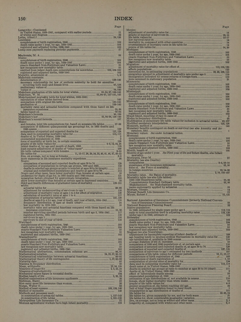 Page Longevity—Continued in United States, 1939-1941, compared with earlier periods--_-____--.-.-_--_- 11 of:whites and Negroes5....._..=..----~-..5-45e eee sae ee ee 22 Lotka AUred Jie ee eee et anaee aaa neon ee eee 24, 126 Louisiana: completeness of birth PORINLATEOD: 1940. .tel ose loc atte cheb Ps bok © 102 death rates under 1 year, by age, 1939-1941_______ 104 registered and adjusted births, 1939-1941________-___- 102 Lump sum payment replacing periodic payments 57 Mackenzigs(M: Acscceccsscsssasdsscsacgcccdagesestesaspeci cnc eo eee eee ee 93 Maine: completeness of birth registration, 1940__..__._...-..------------.----------- 102 death rates under 1 year, by age, 1939-1941_.._____...........-_---__________- 104 enacts Standard Non-Forfeiture and Valuation Laws-_-__-._-...-_----------- 55 law recognizes new mortality table__-__....-..--.---____--.--..---1--_---- omitted from infant death rate computations for nonwhites____._.____ 102, 104-106 registered ahd adjusted. births,.1939-1041 <<. cso. occa wenn See eee pe awe 102 Majority, attainment: of: co2-5255 stereo own ao eso eee teen noe gone 1,3 Makeham constants: determination of... 2222-2502 -wenccn nee lceee es ee doe see Lee 138-140 necessary relationship for law of uniform seniority to hold for annuities involving both male and female lives , 138 Prolminary: VAlUCS Of... - oanecectececar cascade 139 Walues: Ol- 322. ree. owe stot wee Sane ae acess eee ete che ae a ee ee eed 79, 140 Makeham graduation of life table for total whites______.._-__.-___- 55, 94, 97, 138-143 Makeham, W. M Makehamized mortality table for total whites, 1939-1941: calculation of other tables derived from-___.______-..-__-----.-_--.---------- 143 comparison: with original life table:___.- Leste ea eee 141-143 pradnation: Of 2 2. 052.92 Sa cnc en ete ek Se re Cte ee ee 138-143 mortality rates and actuarial functions compared with those based on life insurarice experience... 2 Sse hoot ob ow nn ean de eae ana eee 55, 56 fables basedion. =. 02) eek oe ee Se See es ee eee 79-84 Makeham’s formula <2 2202522. 22- 228. ee a ee oe ee ee 96, 139 Makenam slaw sie sees. 2 conc ane e eat ease ease ens ee wee eee 55, 94-96, 138-140 Makebam’s second formula.222_ 2.5.2. 278s onan ee eee eee ee 137 Males: and females, joint life computations for, based on separate life tables____.__- 97-99 comparison of different quinquennial age groupings for, in 1935 deaths and 1040 CONSUS.6 2. 2-2 ace oa ene ona bee tee re cer sane 122 comparison of reported and expected deaths for__.___.._..-..-----_------- 127, 128 data used in computing mortality rates for.._-.__.____--_-.--.--._-_---_1. 113, Ay deaths of, in United: States, 1939-1941: -- 220s oo eo es ee enumerated populations of, 1940... _.--. 22-25-22 5 <a Sa ee ee 3 force of mortality at birth for, in certain countries_.-.___...--.-.-.-_---_---- 138 graphs of life table’ values for_-___242ico sees seveuesS ee wolseiet 4-9, 12, 18, 24 infant deaths of, by age and month of death, 1935_________..._--__2.-_---_.. 118 least squares adjustment of deaths of “‘other races” _---.--.--.--------.---.. 8 life table values compared with females_-____......_.._--------.------------. 2-10 ie tables 10h ne = os ee eee ee eee 11, 15-17, 28, 29, 34, 35, 40, 41, 46, 47, ae live, on average, not so long’as females=tebscs o-oo esses i be 2-3 eiore numerous in life insurance mortality experience___._._..-..-----.----- 56 egro: comparison of assumed and expected deaths at ages 50 to 74_____.__.-_----- 128 comparison of populations in certain age groups, 1930 and 1940_____________ 110 deaths in selected age groups as ratio to number at ages 50 to 54 (graph) ____- 111 original and redistributed populations and deaths at ages 55 to 69_________. 112 Negro and other races, have lower mortality than females at certain ages_--- 10 preference for digits of age by, in 1935 deaths and 1940 census_______--._-=----- 121 separation factors obtained by approximate integration_._..______.-_______. 135 show lower mortality than females at certain ages in depressed countries___-- 10 ed and fourth differences of graduated rates of mortality____...._.__--__ 129-131 white: actuarial tablés for: .-.: 2-222 o<ce se. Uo. a no Sane ee ee re ee 58-68 adjustment for underreporting of survivors to age 1____.-__.-.---_-----_..-- -, 116 adjustment of mortality rates at ages 1 to 4 for effect of migration_________- 120 calculation of mortality rates at ages 1 to 4__-._._.---.--2<---ceas-------5- 117 compntation of actuarial tables for: - 25) .Us. 0 sche ee ee eee ee 137, 138 deaths at ages 0 to 4 by age, year of death, and year of birth, 1934-1941______ 116 frequency distribution of ages at death (CHOPG) a oes 2 eee ee eee 24 TOWSIROTtAlity In LOI9-1925 2 oe ee a se ee 10 mortality rates and actuarial functions compared with those based on life insurance experience -__- =... 52 deat hd ls cae edeeer eee aoe 55, 56 number surviving specified periods between birth and age 5, 1934-1941.___ 117 Fegistered births; 1934 —-VO4N oe ean ka ee ae rae ee ete 116 sarvivors to age We oo = Se ge lk oe ee ee 116 Supvivors to:end Of-year of birth... _- -.6ee8 bee se ee oe ee 116 Maryland: completeness of birth registration, 1940. _ 2-2 22 eee 102 death rates under 1 year, by age, 1939-1941______....-.2.._-.--.2------..-... 104 enacts Standard Non-Forfeiture Valuation Laws_._-....-.-.------.----.---- 55 Jaw:recognizes new mortality table. --. 1. 222245 a: dec-ss espe RAs te 55 registered and adjusted births, 1939-1941_______...4.-.-..__-.-.-.----.-..-.- 102 Massachusetts: completeness of birth registration, 1940- ..- =. 2. 2 soe teense 102 death rates under 1 year, by age, 1939-1941________-___-_____-_-__.._---- 2. 104 enacts Standard Non-Forfeiture and Valuation Laws__-_..-...-.---_-------- 55 Jaw:recognizes new mortality table._..0 22 2.5 oo eee ee ee 55 registered and adjusted births, 1939-1941_.___._._.__-.____-----_------__-... 102 Mathematical abstractions, commutation columns are____.-._-_-.----__---- 86, 93 Mathematicalmotation 2 p:3_ ta: 2 eo 2 e e 24, 25, 57, 90, 92 Mathematical relationships between actuarial functions___._...._......-----_ 89-92 Mathematical theory of life contingencies______._____._----_----_-_----.-- Maturilg: date: o--5 234 ee- ask os ee ones-seapida geet Sates aes ee be eee Maxima tm-freauency distribution: 22° 20_2-.—-.5-- coe de ee eee eee Meean, ‘arithinietic._. = 22. 2. 4. -appriataceps saeco ea eee Mieasures Of Tonge Vit ys coe rere ape eh Be oe ee ee ea tees Measures of reproducti Vity .. 2 sac con Boo ore oe nee eo ee eee oe ee Mechanical causes figure in neonatal deaths__.__.._--._---------------------- Mediamwiength of life i220 tet oa a ee ee eee Medical examination of life insurance applicants Mahiman perarry— o.oo e ee Men carry more life insurance than women__._....-.--..--------------------- Mongo ;Walter Oto. oo ee ee eo ee tte a Method ofieast'squarés 255 foc h28 so cee Shee Ee a ee ee Se Method. of moments. =... 2. =_ =< _ ate etn Bat serete no ee Methods and processes used: in construction of actua rial tables... .-.-. <= 2 ee aes ube eee eee 1, 137-143 in construction of life tables_--____-_- ERE EY SPREE Geo e -ST eee 1, 101-136 Metropolitan: Life Insurance: 00: <2 0. ee = on hoe en en oe eee II Mexican agricultural workers have high infant mortality-_......_..---_.----- 104 Mexico: adjustment of mortality rates for graphs of number ofisurvivors im) ii ds2 ss eset female! seer ialyoles wy life:table values for... --ncanecenase Same oe ieee poets ih Yin mare a4 low; Sunvival rates tics -2- 5 ets ee eee mortality in, compared with other countries___ overstatement of mortality rates in life table for____..._....___-____________. 14 source. of life tables for-_<<..~---=- 25 SE eres 14, 20 Michigan: completeness of birth registration, 1940. ee 102 death rates under 1 year, by age, 1939-1941____________--__- ee 104 enacts Standard Non-Forfeiture and Valuation Laws________.__-___________ 55 lgw. recognizes new mortality table.....2..:._.-_._1____-_.__-21uiLon pital 55 registered and adjusted births, 1939-1941__..-___._-__2 222222 e. beetle 102 Migration: adjustment of mortality rates for effect of....._..-..-_-----___-_____._ 112, 119, _ affects populations... ....-_-.-__*__.--<--— a aa eens od Seah a ob correction for, in estimating populations_____________..--..---.-.... 22, 23, 109, 140 emigration ignored in adjustment of mortality rate under age 5.____________ 119 immigration indicated by census returns of foreign-born___-_____-__________ 119 none assumed in stationary population.____-___..____-___-_2--22 2 2 LL 21 Minnesota: completeness of birth registration, 1940__-___________.-__-_.---- 22-22 Le 102 death rates under 1 year; by age, 1939-1941____._____-.-_-_- elle 104 registered and adjusted births, 1939-1941____._____._-__-2 22 el 102 Mississippi: completeness of birth registration, 1940__-_.._-.-.--_______-_.--22-22 lL 102 death rates under 1 year, by age, 1939-1941 _ 104 registered and adjusted births, 1939-1941________________-__._______ lee 102 Missouri: completeness of birth registration, 1940________ 102 death rates under 1 year, by age, 1939-1941 104 enacts Standard Non-Forfeiture and Valuation Laws_____._________________ 55 law recognizes new mortality table._2-_os2l sli 2 lis 55 registered and adjusted births, 1989-1941_________.___-_-_-2-_- 2 102 Mixed blood, reporting of race in cases of_-_-__.-__--------22--122-_2 228 eee. 2 Modes in frequency distribution - 2. -<4-o_ 4 eee t ee es 23 Modification of elementary life table values for inclusion in actuarial tables._ 92, 137 Modified osculatory interpolation 125, 126 Momenits, method. of - 5 ota oe oe pe Se ee ee FO 140 Monetary benefits contingent on death or survival (see also Annuity and As- surances, life) Monetary values. See under Actuarial tables. Montana: completeness of birth registration, 1940-___-..-_-_____-_----2--2 222222 102 death rates under 1 year; by age, 1939-1941__________- oto ss eel lo 104 enacts Standard Non-Forfeiture and Valuation Laws.__..-.____-___________ 55 law recognizes new mortality table__.___..-__-2_-2--2_ eee 55 registered and adjusted births, 1939-1941______________--_-2__ te 102 Month, length 0f-.coec cee bee ne te eee eee J De ae ee ee 108 Months of ageunderlyear. See First year of life and Infant deaths, also Infant mortality. Moriyama, Iwao M Mortality (see also Deaths): QOMPASTISONS: . ..-ap Sseese SST ae Shen ESS Someta see oat experience of life insurance companies force of. See Force of mortality. in foreign countries 32.2 oasse laos abd ds stl a 10, 14-20 Manteo cee erat Sa ae ee a ea Se 2, 10, 103-107 Mortality rates. See Rates of mortality. Mortality table (see also Life tables): 1930-1940. Experience. table..s: 5. .--..5-.5265-52 1.20, ee 55, 56 Commissioners 'Siandard Ordinary table. +.) 2 eee 55, 56 Makehamized. See Makehamlzed mortality table. name customarily applied by actuaries___________._____-_____- gait tes Iv ariere 55 Mortara,. Giorgio... 222c2ec6 sa0css cca pecan dee ee as eee eee 14 Mutual Benefit Life Insurance:Co...2.-.2.5. <.. SL ae ee aie i ee II Myers! Robert:.J cvsss220seseseeseosses = ted asa4> 238 RUA eee TI, 121 National Association of Insurance Commissioners (formerly National Conven- tionof fnsuranes’ Commissioners) 222c sass eee National Resources: Planning Board 2s. os eee ee eee 22 Native population: in 1940, estimated by single years under age 5__-__--.--___-- ratio to total population used in adjusting mortality rates- 119, 120 pnder’agé.} iin: 1940; estimate of Soa tives eae tes ae cee 102 | Nebraska: completeness of birth registration, 1940___....-.-..------------..-----_------ 102 death rates under 1 year, by age, 1939-1941__-:_-- 2-22 ott e 104 enacts Standard Non-Forfeiture and Valuation Laws___....--...--.-_.----- 55 law recognizes now mortality table: 2 een cesses eee ae ee eee 55 registered-and adjusted births:1930-104 ve. = = 5. ses a oe oe ee 102 Negroes (see also Nonwhites): adjustment for incomplete reporting of infant deaths of__--________._________ 108 age heaping tends to produce cyclical fluctuations in mortality rates for..... 123 ave tabulations of; availablein 1940 census. 9 2 sos == ea ee ae 110 average duration of life Of, ACL OASO8 Soa, sane caee een ae ee 10 comparison of 1930 and 1940 populations of, at certain ages_________________- 110 comparison of assumed and expected deaths of, atiages.50 to! 74_-<22 «3 128 comparison of reported and expected deaths of 2 3 RE an 127, 128 comparison of survivors to age 1 estimated by two methods___________._.__- 107 comparisons of life table values for different periods____-----__----_---- 10, 11, 15-17 completeness of birth registration of, 1940_____-..-.-----------.------- £2. LOS. completeness of death registration rn SORA Ail ck tet Ras 8) 1,10 computation of pivotal rates of THOTERUGY 100 tS eee ek es 124 data used in computing mortality: rates fOr dooce ae ee ee eee 113, 114 » death rates of, in United-States; 1930s10d tot See ee ee 3 deaths in selected age groups as ratio to number at ages 50 to 54 (chart) ____- 111 deaths of, in: United: States; 1939-1041 sss ose ee one ncce ween tee ae ne Zz effect of tuberculosis deaths RID ONS Oe pee oe ce Sa ere eer eae eee ee 10 enumeératedpopulations Of) 1030 sae a ee ene Cone nae enero eee 2 estimation of age distributions of, notiavailable im-censust. --2 ee 110 female, show higher mortality than white males_.-.._- 10 Graphs Of life table: Values 100 2. ceo e eee ck chicas enone eee irae teed eee 4-9 greater proportion of, die before reaching old age__--._-__------------------- 22 half of total Negro population 19000 In rural SOUGH 2- =. 282. ee ee 1 irregularities in age distribution of deaths of. ..-..-_.._----------.---------- 111 lifoda bles 1002... f0~ cone te ote owe he eee Go teed ee eee 38-43, 52 life tables for, given separately by sex, and for both sexes___-__-------------- , 21 life tables for, show considerable geographic VATIAUON opm one ree oo eee 10 live, on average, not so long as whites and other races_-_-----.--------------- 2,3 longevity of, compared with whites and other races___-_-_-_---------------- 2,3
