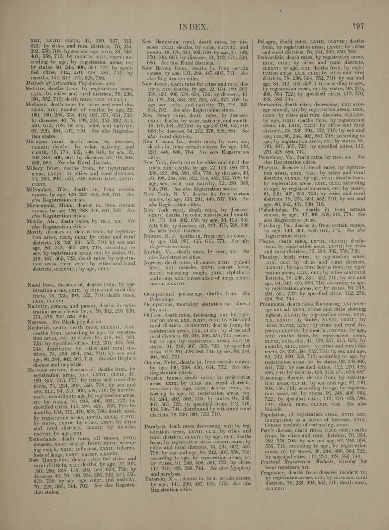 673; by cities and rural districts, 76, 234, 392, 550, 708; by sex and age, xu, 84, 240, 400, 558, 716; by months, xirv, cxcy; ac- cording to age, by registration areas, cc; _ by states, 90, 248, 406, 564, 722; by speci- fied cities, 112, 270, 428, 586, 744; by months, 154, 312, 470, 628, 786. Methods of Estimating Population, xv. Metritis, deaths from, by registration areas, LXIx; by cities and rural districts, 78, 236, 394, 552, 710; death rates, Lxrx, CLXxxm. Michigan, death rates for cities and rural dis- tricts, x1x; number of deaths, by age, 22, 100, 180, 258, 338; 416, 496, 574, 654, 732; by diseases, 40, 76, 198, 234, 356, 392, 514, 550, 672, 708; by sex, color, and nativity, tion states. Michigan rural, death rates, by diseases, cxxxu; deaths, by color, nativity, and month, 16, 174, 332, 490, 648; by age, 32, 190, 348, 506, 664; by diseases, 52, 210, 368, - 526, 684. See also Rural districts. Miliary fever, deaths from, by registration areas, LXvilI; by cities and rural districts, 76, 234, 392, 550, 708; death rates, Lxvut, CLXVI. Milwaukee, Wis., deaths in, from certain causes, by age, 129, 287, 445, 603, 761. See also Registration cities. Minneapolis, Minn., deaths in, from certain causes, by age, 130, 288, 446, 604, 762. See also Registration cities. Mobile, Ala., death rates, by race, xx. See also Registration cities. districts, 78, 236, 394, 552, 710; by sex and  age, by registration areas, ccr; by states, 91, tion areas, LXIX, CLXI; by cities and rural districts, CLXxXviII; by age, CCIII. Nasal fossa, diseases of, deaths from, by reg- istration areas, LXIx; by cities and rural dis- tricts, 78, 236, 394, 552, 710; death rates, LXIX, CLXXVI. Nativity, general and parent, deaths in regis- tration areas shown by, 4, 58, 162, 216, 320, 374, 478, 532, 636, 690. Negroes. See Black population. Nephritis, acute, death rates, CLXXxII, CCIII; tion areas, ccr; by states, 91, 249, 407, 565, 744; distributed by cities and rural dis- tricts, 78, 236, 394, 552, 710; by sex and age, 86, 244, 402, 560, 718. See also Bright’s disease and nephritis.  199, 357, 515, 673; by cities and rural dis- cxcv; according to age, by registration areas, co; by states, 90, 248, 406, 564, 722; by specified cities, 112, 270, 428, 586, 744; by months, 154, 312, 470, 628, 786; death rates, by registration areas, LXVIII, LXXII, CLVIIT; by states, Lxxu; by cities, LXXV; by cities and rural districts, cLxxu; by months, excvul; by age, CCII. Netherlands, death rates, all causes, XVIII; measles, xxv1; scarlet fever, XXVI; whoop- ing cough, xxx; influenza, XxxI; tubercu- losis of lungs, XxxXv; cancer, XXXVIII. New Hampshire, death rates for cities and rural districts, xtx; deaths, by age, 22, 102, 180, 260, 338, 418, 496, 576, 654, 734; by diseases, 40, 76, 198, 234, 356, 392, 514, 58C, 672, 708; by sex, age, color, and nativity, 70, 228, 386, 544, 702. See also Registra- tion states.  INDEX. eases, CXLII; deaths, by color, nativity, and month, 18, 176, 334, 492, 650; by age, 34, 192, 350, 508, 666; by diseases, 54, 212, 370, 528, 686. See also Rural districts. New Haven, Conn., deaths in, from certain causes, by age, 131, 289, 447, 605, 763. See also Registration cities. New Jersey, death rates for cities and rural dis- tricts, x1x; deaths, by age, 22, 104, 180, 262, 338, 420, 496, 578, 654, 736; by diseases, 40, 76, 198, 234, 356, 392, 514, 550, 672, 708; by age, sex, color, and nativity, 70, 228, 386, _ 544, 702. See also Registration states. New Jersey rural, death rates, by diseases, Cx; deaths, by color, nativity, and month, 18, 176,334,492, 650; by age, 36, 194, 352,510, . 668; by diseases, 54, 212, 370, 528, 686. See also Rural districts. New Orleans, La., death rates, by race, xx; 290, 448, 606, 764. See also Registration cities. New York, death rates for cities and rural dis- tricts, x1x; deaths, by age, 22, 106, 180, 264, 338, 422, 496, 580, 654, 738; by diseases, 40, 76, 198, 234, 356, 392, 514, 550, 672, 708; by age, sex, color, and nativity, 72, 230, 388, 546, 704. See also Registration states. New York, N. Y., deaths in, from certain causes, by age, 133, 291, 449, 607, 765. See also Registration cities. New York rural, death rates, by diseases, CXLVI; deaths, by color, nativity, and month, 18, 176, 334, 492, 650; by age, 36, 194, 352, 510, 668; by diseases, 54, 212, 370, 528, 686. See also Rural districts. Newark, N. J., deaths in, from certain causes, by age, 139, 297, 455, 613, 771. See also Registration cities. ‘ Norfolk, Va., death rates, by race, xx. Norway, death rates, all causes, xvi1; typhoid fever, XxI; measles, Xxv1; scarlet fever, Xxvil; whooping cough, xxrx; diphtheria and croup, Xxx; tuberculosis of lungs, xxxv; cancer, XXX VII. See Occupational poisonings, deaths from. See Poisonings. Occupations, mortality statistics not shown by, XVI. tration areas, LXX, CLXIV, CcIII; by cities and rural districts, CLxxxvut; deaths from, by registration areas, LXX, CLXIv; by cities and ing to age, by registration areas, ccl; by states, 91, 249, 407, 565, 723; by specified cities, 112, 270, 428, 586, 744; by sex, 88, 244, 404, 562, 720. by age, 140, 298, 456, 614, 772. See also Registration cities. Ovarian tumor, death rates, by registration areas, LXIx; by cities and rural districts, CLXxxxIv; by age, com; deaths from, ac- cording to age, by registration areas, cct, 86, 244, 402, 506, 718; by states, 91, 249, 407, 565, 723; by specified cities, 112, 270, 428, 586, 744; distributed by cities and rural districts, 78, 236, 394, 552, 710. Paralysis, death rates, decreasing, xx1; by reg- istration areas, LXVIII, CLIX; by cities and rural districts, cLXxIv; by age, com; deaths from, by registration areas, LXVIII, CLIX; by cities and rural districts, 76, 234, 392, 550, 708; by sex and age, 84, 242, 400, 558, 716; according to age, by registration areas, Cc; by states, 90, 248, 406, 564, 722; by cities, 112, 270, 428, 586, 744. See also Apoplexy and paralysis. Paterson, N. J., deaths in, from certain causes, by age, 141, 299, 457, 615, 773. See also Registration cities.     197 from, by registration areas, Lxvu1; by cities and rural districts, 76, 234, 392, 550, 708. Pericarditis, death rates, by registration areas, LXIX, cLIx; by cities and rural districts, CLXxvI; by age, ccu; deaths from, by regis- tration areas, LXIx, CLIX; by cities and rural districts, 78, 236, 394, 552, 710; by sex and age, 84, 242, 400, 558, 716; according to age, by registration areas, co; by states, 90, 248, 406, 564, 722; by specified cities, 112, 270, 428, 586, 744. Peritonitis, death rates, decreasing, XXI; aver- age annual, Lu; by registration areas, LXIXx, CLXx11; by cities and rural districts, CLXXXxu; « by age, ccmr; deaths from, by registration areas, LII, LXIX, CLXII; by cities and rural districts, 78, 236, 394, 552, 710; by sex and age, Li, 86, 244, 402, 560, 718; according to age, by registration areas, ocr; by states, 91, 249, 407, 565, 723; by specified cities, 112, 270, 428, 586, 744. Petersburg, Va., death rates, by race, Xx. also Registration cities. Pharynx, diseases of, death rates, by registra- tion areas, LXIX, CLXI; by cities and rural districts, cLxxx; by age, com; deaths from, ‘by registration areas, LXIX, CLXI; according to age, by registration areas, oct; by states, 91, 249, 407, 565, 723; by cities and rural districts, 78, 236, 394, 552, 710; by sex and age, 86, 242, 402, 560, 718. Philadelphia, Pa., deaths in, from certain causes, by age, 142, 300, 458, 616, 774. See also Registration cities. Pittsburg, Pa., deaths in, from certain causes, by age, 143, 301, 459, 617, 775. See also Registration cities. Plague, death rates, Lxvim, cLxvui; deaths from, by registration areas, Lx vit; by cities and rural districts, 76, 234, 392, 550, 708. LXIX, CLX; by cities and rural districts, CLXXvIII; by age, ccr1; deaths from, by regis- tration areas, LXIX, CLX; by cities and rural districts, 78, 236, 394, 552, 710; by sex and age, 84, 242, 400, 558, 716; according to age, by registration areas, cc; by states, 90, 248, 406, 564, 722; by specified cities, 112, 270, 428, 586, 744. Pneumonia, death rates, fluctuating, Xx1; aver- age annual, XLVII; states and cities showing highest, xLvi1; by registration areas, LXIX, CLX, LXxuI; by states, XLVIII, LXxuI; by cities, XLVIII, LXxv; by cities and rural dis- tricts, cLxxvil1; by months, cxcviu1; by age, XLVIII, LXIX, CLX, 41, 199, 357, 515, 673; by months, XLIx, Cxcv; by cities and rural dis- tricts, 78, 236, 394, 552,710; by sex and age, 84, 242, 400, 558, 716; according to age, by registration areas, oc; by states, 90, 248,406, 564, 722; by specified cities, 112, 270, 428, 586, 744; by months, 155, 313, 471, 629, 687. Poisonings, chronic, deaths from, by registra- tion areas, CLVIII; by sex and age, 82, 240, 398, 556, 714; according to age, by registra- tion areas, oc; by states, 90, 248, 406, 564, 722; by specified cities, 112, 270, 428, 586, 744: death rates, cLxx11, cou. See also Suicide. Population, of registration areas, XVIII, LXI; immigration as a factor of increase, XVIII; Census methods of estimating, xvmr. Pott’s disease, death rates, cLxx, corr; deaths from, by cities and rural districts, 76, 234, 392, 550, 708; by sex and age, 82, 240, 398, 556, 714; according to age, by registration areas, CC; by states, 90, 248, 406, 564, 722; by specified cities, 112, 270, 428, 586, 744. Practical Registration Methods, circular for local registrars, XII. Pregnancy, deaths from diseases incident to, by registration areas, Lxx; by cities and rural districts, 78, 236, 394, 552, 710; death rates, CLXXXIV. : See